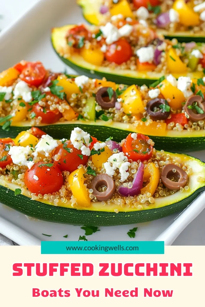 Discover the ultimate Mediterranean zucchini boats recipe that's bursting with flavor! These healthy quinoa stuffed zucchinis are easy to prepare and perfect for busy weeknights. Baked zucchini boats with feta create a deliciously satisfying vegetarian Mediterranean dish. Try this easy zucchini boat dinner tonight and impress your family! Pin this recipe for a healthy meal idea! #MediterraneanRecipes #ZucchiniBoats #QuinoaDish #VegetarianDinner