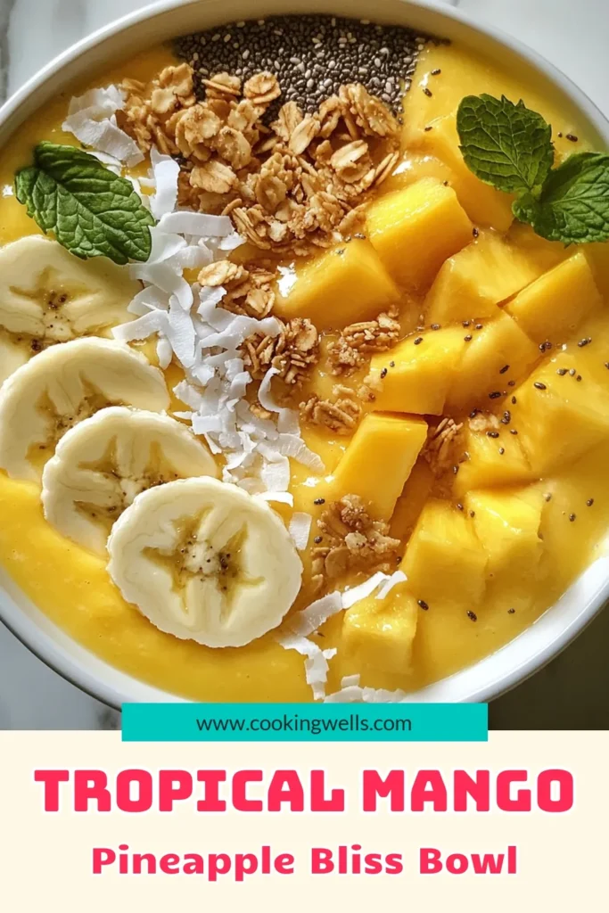 Dive into a tropical paradise with this Mango Pineapple Smoothie Bowl! This healthy smoothie bowl combines ripe mango, fresh pineapple, and creamy coconut milk for a refreshing fruit smoothie bowl that's perfect for breakfast or a snack. Top it off with your favorite healthy smoothie bowl toppings like sliced bananas, chia seeds, and granola for an irresistible treat. Try this easy recipe today and brighten your day! #SmoothieBowl #TropicalRecipes #HealthyEating #FruitSmoothie