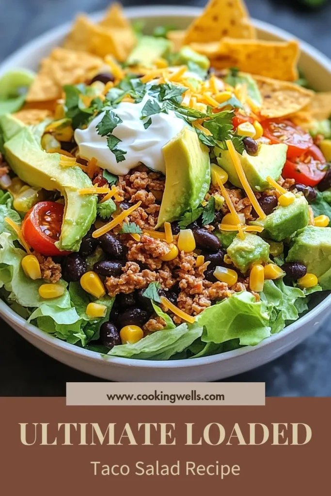 Looking for a delicious and nutritious meal? Try this loaded taco salad recipe that features ground turkey and black beans for a healthy taco salad option. This easy taco salad is packed with fresh vegetables, creamy avocado, and crispy tortilla chips for the perfect crunch. Enjoy a satisfying dinner in just 30 minutes! Save this recipe for your next meal prep! #LoadedTacoSalad #HealthyTacoSalad #EasyTacoSalad #TacoSaladWithBlackBeans