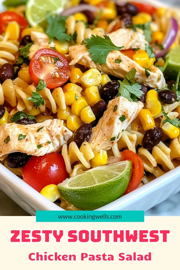 Discover the deliciousness of Southwest chicken pasta salad with this easy pasta salad recipe! Packed with rotini pasta, diced chicken, cherry tomatoes, black beans, corn, and a zesty dressing, this healthy chicken salad is perfect for any occasion. It's a vibrant, Mexican-inspired salad that's quick to prepare and bursting with flavor. Try it today and elevate your salad game! Save this recipe for later! #SouthwestChickenPastaSalad #EasyPastaSaladRecipe #HealthyChickenSalad #RotiniPastaSalad