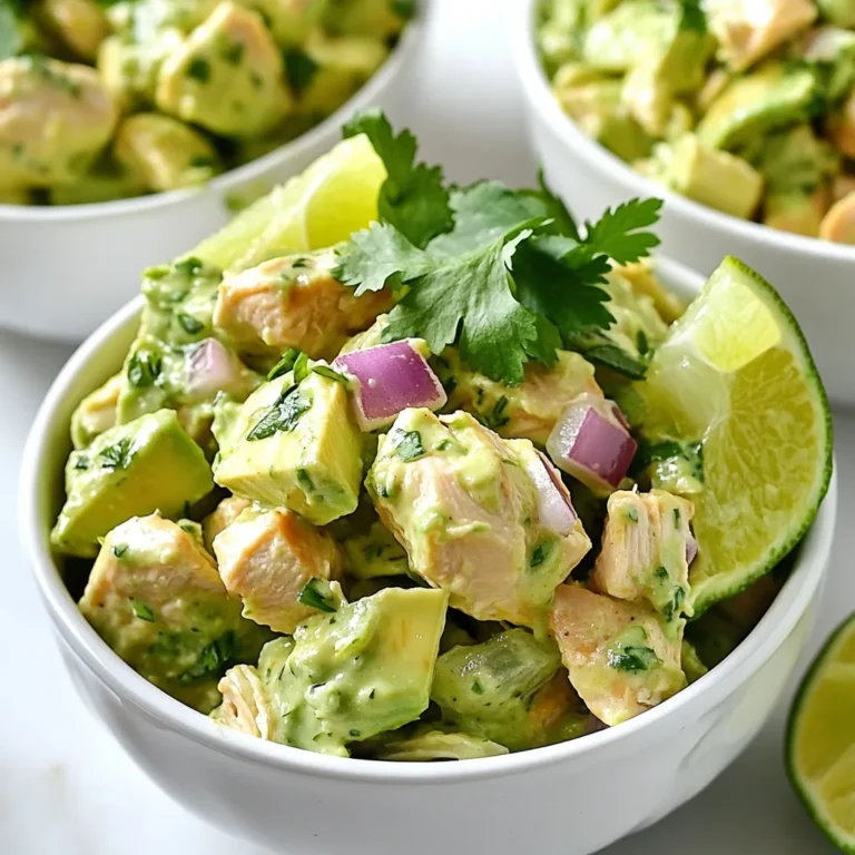 To make creamy avocado chicken salad, gather these ingredients: - 2 cups cooked chicken, shredded or diced - 1 ripe avocado, peeled and pitted - 1/4 cup Greek yogurt - 1 tablespoon Dijon mustard - 1 tablespoon lime juice - 1/2 teaspoon garlic powder - Salt and pepper to taste - 1/2 cup celery, diced - 1/4 cup red onion, finely chopped - 1/4 cup fresh cilantro, chopped This salad is not only tasty but also healthy. Here’s what each ingredient brings: - Cooked Chicken: High in protein, supports muscle health. - Avocado: Packed with healthy fats, aids heart health. - Greek Yogurt: Good source of calcium and probiotics, supports digestion. - Dijon Mustard: Adds flavor with few calories, contains antioxidants. - Lime Juice: Rich in vitamin C, boosts immunity. - Garlic Powder: May help lower blood pressure and improve heart health. - Celery: Low in calories, high in fiber, great for hydration. - Red Onion: Contains antioxidants, may help reduce inflammation. - Cilantro: Full of vitamins A, C, and K, may aid digestion. Choosing the right ingredients is key to a great salad. Here’s how: - Avocado: Pick a ripe one that gives slightly when you press it. Avoid hard ones. - Chicken: Use fresh, cooked chicken. Rotisserie chicken works well for flavor and ease. - Storage: If not using right away, choose firm avocados. They ripen on the counter. {{ingredient_image_1}} This creamy avocado chicken salad is simple to make. You will need about 15 minutes to prep. The total time is around 45 minutes, including chilling. Gather all your ingredients before starting. This helps keep everything organized. 1. Mash the Avocado: In a medium bowl, take the ripe avocado. Use a fork to mash it until smooth. Leave some chunks for a fun texture. 2. Mix the Dressing: Add Greek yogurt, Dijon mustard, lime juice, and garlic powder to the avocado. Season with salt and pepper. Stir until everything blends well. This makes your creamy dressing. 3. Combine Chicken and Veggies: In a large bowl, mix the cooked chicken, diced celery, chopped red onion, and cilantro. Make sure all pieces are well distributed. 4. Add the Dressing: Pour the creamy avocado dressing over the chicken mix. Gently fold everything together. You want each piece coated in that creamy goodness. 5. Taste and Adjust: Before chilling, taste the salad. Add more salt and pepper if needed. This is your chance to make it perfect. 6. Chill the Salad: Cover your bowl with plastic wrap or a lid. Place it in the fridge for about 30 minutes. This lets the flavors blend. 7. Serve: After chilling, serve the salad on crisp lettuce or in whole grain wraps. Enjoy the fresh flavors! For a better understanding, you can find helpful videos online. Look for step-by-step tutorials on making avocado chicken salad. They show the process clearly and can inspire your presentation. To make your creamy avocado chicken salad pop, I recommend adding fresh herbs. Chopped dill or parsley adds a nice touch. You can also add a pinch of chili powder for a mild kick. Mixing in some chopped nuts, like walnuts or almonds, gives a great crunch. If you want a zestier flavor, try extra lime juice or a splash of hot sauce. Many people over-mash the avocado. Leave some chunks for texture. Don’t skip the lime juice; it keeps the avocado from browning and adds brightness. Be careful with salt; it can easily overwhelm the other flavors. Always taste your salad before serving, and adjust if needed. Finally, let the salad chill for at least 30 minutes. This helps the flavors blend well. If you want a gluten-free version, this salad is naturally gluten-free. Just ensure your ingredients are labeled gluten-free. For a low-calorie option, use less Greek yogurt or replace it with a low-fat version. You can also use grilled tofu or chickpeas to make it plant-based. This keeps the salad filling while meeting your dietary needs. Pro Tips Choose Ripe Avocados: Ensure your avocados are ripe for the best flavor and creaminess. A ripe avocado should yield slightly when pressed. Customize the Dressing: Feel free to add spices or herbs to the dressing, such as cumin or dill, to elevate the flavor profile to your liking. Meal Prep Friendly: This salad can be made in advance and stored in the fridge for up to 3 days, making it a great option for meal prep. Serving Suggestions: Serve this salad on whole grain wraps, in lettuce cups, or alongside whole grain crackers for a nutritious meal or snack. {{image_2}} You can change this salad to fit your taste. Try adding different herbs like dill or parsley. You could also swap in veggies like bell peppers or carrots. They add crunch and color. If you want more flavor, add jalapeños for some heat. This salad is flexible, so feel free to mix in what you love. If you don’t have chicken, you can use other proteins. Tuna works great and adds a nice flavor. Chickpeas are a good choice too, especially for a vegan option. They make the salad filling and tasty. Just mash them a bit before mixing. You can also use turkey or shrimp, which also taste great in this dish. The dressing can change based on your mood. You might add spices like cumin or paprika for extra taste. A bit of hot sauce can spice things up too. For a creamy twist, try adding a bit of sour cream or mayo. You can also use different dressings like ranch or vinaigrette. Each choice can give your salad a new flavor profile. To keep your creamy avocado chicken salad fresh, store it in an airtight container. This helps seal in flavors and keeps the ingredients from drying out. You can use glass or plastic containers, but make sure they close tightly. If you have leftovers, always cover them well. This keeps the salad safe and tasty. Your salad stays good in the fridge for about 2 to 3 days. After that, the avocado may brown, and the salad can lose its creamy texture. To slow down browning, you can add a bit more lime juice. It helps keep the color bright and the flavor fresh. Freezing this salad is not recommended because of the avocado. When thawed, it can become mushy and lose its taste. If you want to freeze the chicken, do it before mixing with the other ingredients. Just make sure to cool the chicken first and pack it well. When you're ready to eat, thaw it in the fridge overnight. Then mix it with fresh avocado and other ingredients. This way, you keep the best flavor and texture. You can use leftover chicken in many tasty ways. Shred or chop it for salads, wraps, or soups. You can also mix it into rice or pasta dishes. It adds protein and flavor. If you have more chicken, try making chicken tacos or quesadillas. Yes, you can make this salad ahead of time. Mix the salad and store it in the fridge. Just keep it covered. This allows the flavors to blend. However, if you want to keep it fresh, add the dressing just before serving. To make this salad vegan, swap the chicken for chickpeas or tofu. Use a plant-based yogurt instead of Greek yogurt for creaminess. You can also add extra veggies like bell peppers or cucumbers. This will keep the salad fresh and tasty. Serve this salad in many ways. You can put it in lettuce cups for a light meal. It also works well in whole grain wraps. For a fun twist, serve it on crackers or as a dip with veggies. Adding extra cilantro or a lime wedge makes it even better. This article covered how to make a delicious avocado and chicken salad. You learned about key ingredients, their benefits, and how to pick the best ones. The step-by-step guide ensures your salad turns out great. We also shared tips to boost flavor and avoid common mistakes. Don’t forget about fun variations and proper storage tips. With these insights, you can enjoy a tasty and healthy meal. Dive in and get creative with your salad today!
