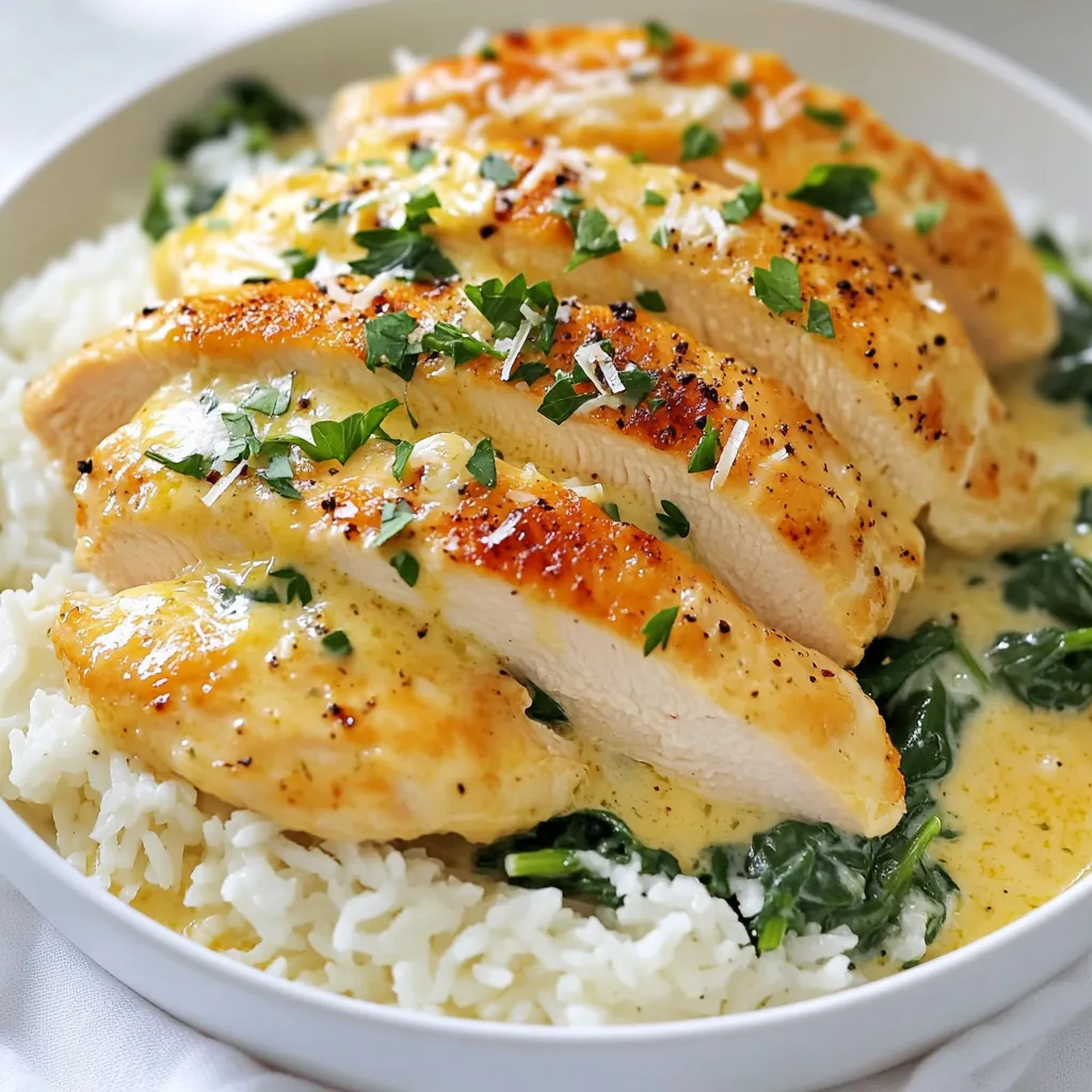 - 4 boneless, skinless chicken breasts - 2 cups jasmine rice - 4 cups chicken broth - 1 cup heavy cream - 5 cloves garlic, minced - 1 medium onion, finely chopped - 1 cup spinach (fresh or frozen) - 1 cup grated Parmesan cheese - 2 tablespoons olive oil - 1 teaspoon dried thyme - Salt and pepper to taste - Fresh parsley, chopped (for garnish) When cooking, you can swap jasmine rice for basmati or even brown rice. Just note that brown rice may need more liquid and a longer cook time. For creamy texture, you can use half-and-half instead of heavy cream. If you want a lighter dish, use less cheese or choose a low-fat version. If you’re out of chicken broth, water works, but it may lack flavor. Add a bit of extra seasoning to boost the taste. Fresh spinach is great, but frozen spinach is a handy substitute. Just make sure to thaw it first and drain any excess water. This dish serves four people and provides a hearty meal. Each serving contains about: - Calories: 550 - Protein: 40g - Carbohydrates: 45g - Fat: 25g - Fiber: 2g This meal packs protein from the chicken and healthy fats from the cream. The spinach adds some vitamins too. Enjoy this delicious and filling dish with your family! {{ingredient_image_1}} To start, heat olive oil in a large skillet over medium heat. While the oil warms, season your chicken breasts with salt and pepper. Once the oil shimmers, add the chicken to the skillet. Cook each side for about 6-7 minutes. You want them golden brown and fully cooked. After this, remove the chicken and set it aside on a plate. In the same skillet, add the finely chopped onion and minced garlic. Sauté them for 2-3 minutes. You want the onion to be soft and fragrant. Next, stir in the jasmine rice. Let it toast for about 1 minute. This adds flavor to the rice. Then, pour in the chicken broth and add the dried thyme. Bring this to a boil. Once boiling, cover the skillet and reduce the heat. Let it simmer for 15 minutes. The rice should absorb all the broth and become tender. After the rice is cooked, stir in heavy cream and grated Parmesan cheese. Mix well until the cheese melts and the sauce is creamy. Now, add spinach to the skillet. If using fresh spinach, stir until it wilts. If using frozen, heat it through. Slice the seared chicken and lay it on top of the creamy rice mixture. Let it all simmer together for an additional 5 minutes. This helps all the flavors blend. Taste and adjust with more salt and pepper if needed. Finally, garnish with fresh chopped parsley. This dish looks great and tastes even better! To get that rich, creamy texture, start with heavy cream. Stir it in slowly after the rice is cooked. This will help mix it well without clumping. Parmesan cheese also adds to the creaminess. Make sure it melts fully for a smooth sauce. If you want it even creamier, add a bit more cream or cheese. Cook the chicken on medium heat for even browning. Season with salt and pepper for flavor. Sear each side for 6-7 minutes until golden brown. This keeps the chicken juicy. Always check if it’s fully cooked inside. Use a meat thermometer if you can. The chicken should reach 165°F. Let it rest for a few minutes before slicing. This helps keep the juices locked in. Garlic and onion are key for flavor. Sauté them until fragrant before adding rice. You can also add more herbs like rosemary or basil for a twist. If you like heat, consider adding red pepper flakes. Adjust salt and pepper to taste as you mix in the cream. Always taste your dish as you go. This way, you can find the perfect balance for your family. Pro Tips Perfectly Cooked Chicken: Use a meat thermometer to ensure that the chicken reaches an internal temperature of 165°F (75°C) for safe consumption and optimal juiciness. Flavor Boost: Consider marinating the chicken in garlic, lemon juice, and herbs for a few hours before cooking to enhance the flavor profile of the dish. Rice Tips: Rinse the jasmine rice before cooking to remove excess starch, which helps achieve a fluffier texture in the finished dish. Spinach Variations: For added nutrition and flavor, try mixing in other vegetables like mushrooms or bell peppers along with the spinach. {{image_2}} You can switch up the rice for different flavors and textures. Jasmine rice gives a lovely aroma and lightness. However, you can also try basmati rice for a nuttier taste. Brown rice adds a hearty chew but takes longer to cook. For a unique twist, use wild rice, which adds an earthy flavor and a fun texture. If you want to change the protein, chicken is not the only option. You can use turkey breast instead for a leaner choice. For a vegetarian meal, try chickpeas or tofu. Both options soak up flavors well and make the dish hearty. Shrimp is another great protein that cooks quickly and pairs well with garlic. Adding veggies boosts nutrition and flavor. Spinach is a great choice, but you can also use kale or broccoli. Zucchini adds moisture and softness, while bell peppers bring sweetness. Mushrooms add umami and depth. Feel free to mix and match your favorites to create a colorful dish that tastes amazing. To keep your creamy garlic chicken and rice fresh, place it in an airtight container. Let it cool down first, then seal it tightly. Store it in the fridge for up to three days. This way, you can enjoy it for lunch or dinner later. When you're ready to eat the leftovers, you can reheat them in several ways. The best method is to use a skillet. Heat on low and stir often until warm. You can also use a microwave. Place the food in a microwave-safe bowl and cover it. Heat it for one to two minutes, checking every 30 seconds. Add a splash of chicken broth or cream if it looks dry. If you want to keep the dish longer, freezing is a great option. Allow it to cool completely, then transfer it to a freezer-safe container. It can last in the freezer for about three months. When you want to enjoy it again, thaw it in the fridge overnight. Reheat as mentioned above. This method keeps the flavors intact and the meal delicious! Yes, you can make Creamy Garlic Chicken and Rice ahead of time. Cook the chicken and rice as directed. Once the dish cools, store it in an airtight container. This meal stays fresh in the fridge for about three days. To reheat, warm it on the stove or in the microwave until hot. Just add a splash of broth or cream to keep it creamy. You can serve this dish with many sides. A simple green salad adds freshness. Roasted vegetables bring color and nutrients. Garlic bread is a great choice, too. You may also enjoy steamed broccoli or green beans for added crunch. Each side complements the creamy flavors well. To make this dish lighter, swap heavy cream for low-fat milk or Greek yogurt. Use brown rice instead of jasmine rice for more fiber. Choose skinless chicken thighs for added flavor without too much fat. Add more veggies to boost nutrients. Spinach is a great option, but you can also add bell peppers or zucchini. This post shared how to make Creamy Garlic Chicken and Rice. We covered ingredients, cooking steps, and tips for success. I provided details on variations, storage, and common questions. In the end, enjoy this dish your way. Experiment with flavors, types of rice, or proteins. Feel free to adapt leftovers for future meals. Cooking is about creativity and fun, so keep trying new things!