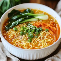 - 2 packs of instant ramen noodles - 4 cups vegetable broth - 1 cup coconut milk - 2 tablespoons chili garlic sauce (adjust to taste) - 2 cloves garlic, minced - 1 tablespoon ginger, minced - 1 tablespoon soy sauce - 1 tablespoon sesame oil - 1 cup baby bok choy, chopped - 1 medium carrot, julienned - 1 green onion, chopped (for garnishing) - Sesame seeds (for garnishing) Gathering the right ingredients is key to making this creamy chili garlic ramen. Start with instant ramen noodles. They are quick and easy to cook. For the broth, use vegetable broth for a rich flavor. Coconut milk adds that creamy texture we all love. Next, we need flavor enhancers. Chili garlic sauce brings heat and zest. Fresh garlic and ginger add depth. Soy sauce and sesame oil round out the taste, giving umami notes. For veggies, baby bok choy brings a nice crunch. Carrots add sweetness and color. Don't forget green onions for garnish. Sesame seeds add a delightful crunch on top. All these components create a simple yet tasty dish that will please everyone at the table. {{ingredient_image_1}} Start by heating 1 tablespoon of sesame oil in a large pot over medium heat. Once the oil is hot, add 2 cloves of minced garlic and 1 tablespoon of minced ginger. Sauté them for about 1 minute until you smell their lovely aroma. Next, pour in 4 cups of vegetable broth. Bring this mixture to a gentle simmer. Now, it’s time to add some creaminess. Stir in 1 cup of coconut milk and 2 tablespoons of chili garlic sauce. You can adjust the sauce to match your taste. Mix everything until it is well combined. Then, add 1 cup of chopped baby bok choy and 1 medium julienned carrot. Cook for about 3-4 minutes until the veggies are tender but still bright. Next, add 2 packs of instant ramen noodles directly into the pot. Cook them according to the package instructions, usually around 3-4 minutes. Once the noodles are tender, stir in 1 tablespoon of soy sauce. Taste the ramen and adjust the seasoning if you need to. Let the ramen sit for a minute to thicken slightly before serving. To make your ramen truly creamy, use full-fat coconut milk. This gives a rich texture. You can also adjust the chili garlic sauce. If you like it spicy, add more sauce. If you prefer mild, use less. Let the ramen sit for a minute before you serve it. This helps the flavors mix well. Fresh herbs, like cilantro or basil, can add a nice aroma. They also bring a burst of color to your dish. Serve your ramen in deep bowls. This helps keep it warm. Add garnishes like chopped green onions and sesame seeds. You can also place some colorful toppings on top. Sliced chili peppers look great and add a pop of color. Pro Tips Adjust Spice Level: If you prefer a milder flavor, start with a smaller amount of chili garlic sauce and gradually increase until it reaches your desired heat. Fresh Ingredients: For the best flavor, use fresh garlic and ginger instead of pre-minced versions. Their aromatic oils add depth to the broth. Extra Toppings: Consider adding protein such as tofu, chicken, or shrimp for a heartier meal, along with additional vegetables like bell peppers or mushrooms. Storage Tips: If you have leftovers, store the broth and noodles separately to prevent the noodles from becoming mushy. Reheat and combine when ready to serve. {{image_2}} You can easily change up the protein in your creamy chili garlic ramen. If you want a plant-based option, try adding tofu. Simply cube it and toss it in during the cooking process. It soaks up flavors well and adds good texture. If you prefer meat, chicken or shrimp works great too. Cook them first in the sesame oil. Then, add them back in when you stir in the noodles. This gives you a hearty meal that fills you up. You can also switch out the vegetables in this dish. Instead of baby bok choy, use spinach or kale. Both add great color and nutrients. If you want more crunch, add bell peppers or mushrooms. These give a nice flavor and texture contrast to the creamy broth. If you like heat, you can adjust the spice level easily. Just add more chili garlic sauce while cooking. This will give your ramen a nice kick. For extra spice, add fresh chili slices on top when serving. It not only looks appealing but also adds more flavor to each bite. To keep your creamy chili garlic ramen fresh, store leftovers in an airtight container. This helps prevent air from spoiling the dish. Aim to consume it within 2-3 days for the best quality. The flavors will stay sharp, and the texture will remain pleasant. When you are ready to enjoy your leftovers, reheat them on the stove. This method helps maintain the texture of the noodles and broth. To revive the creaminess, add a splash of broth while reheating. This small step can make a big difference in taste. If you want to save some ramen for later, freeze the base without the noodles. This makes it easy to cook fresh noodles when you are ready to serve. Just thaw the base overnight in the fridge before reheating. This way, you can enjoy a quick meal with all the rich flavors intact. To spice up your ramen, add more chili garlic sauce. Start with one more tablespoon. You can also use fresh chili slices. They bring heat and color. For the best sauce, I recommend brands like Huy Fong or Lee Kum Kee. They offer great flavor and heat. Yes, you can substitute coconut milk. Almond milk or cashew cream works well. These options create a lighter dish. However, using these alternatives changes the flavor. Coconut milk has a rich, creamy taste that adds depth. Yes, this recipe is vegan-friendly. All the ingredients are plant-based. Just check your chili garlic sauce for any hidden animal products. If you want more protein, consider adding tofu or edamame. Both boost the meal's nutrition and keep it vegan. This recipe for creamy ramen is easy and fun to make. You learned how to create a rich broth with coconut milk and tasty veggies. The tips also help you perfect the flavor and presentation. You can customize it with proteins, spice, or different veggies too. Remember, enjoy your ramen fresh or store it for later. Cooking should be a pleasure, and this dish proves it. Happy cooking!
