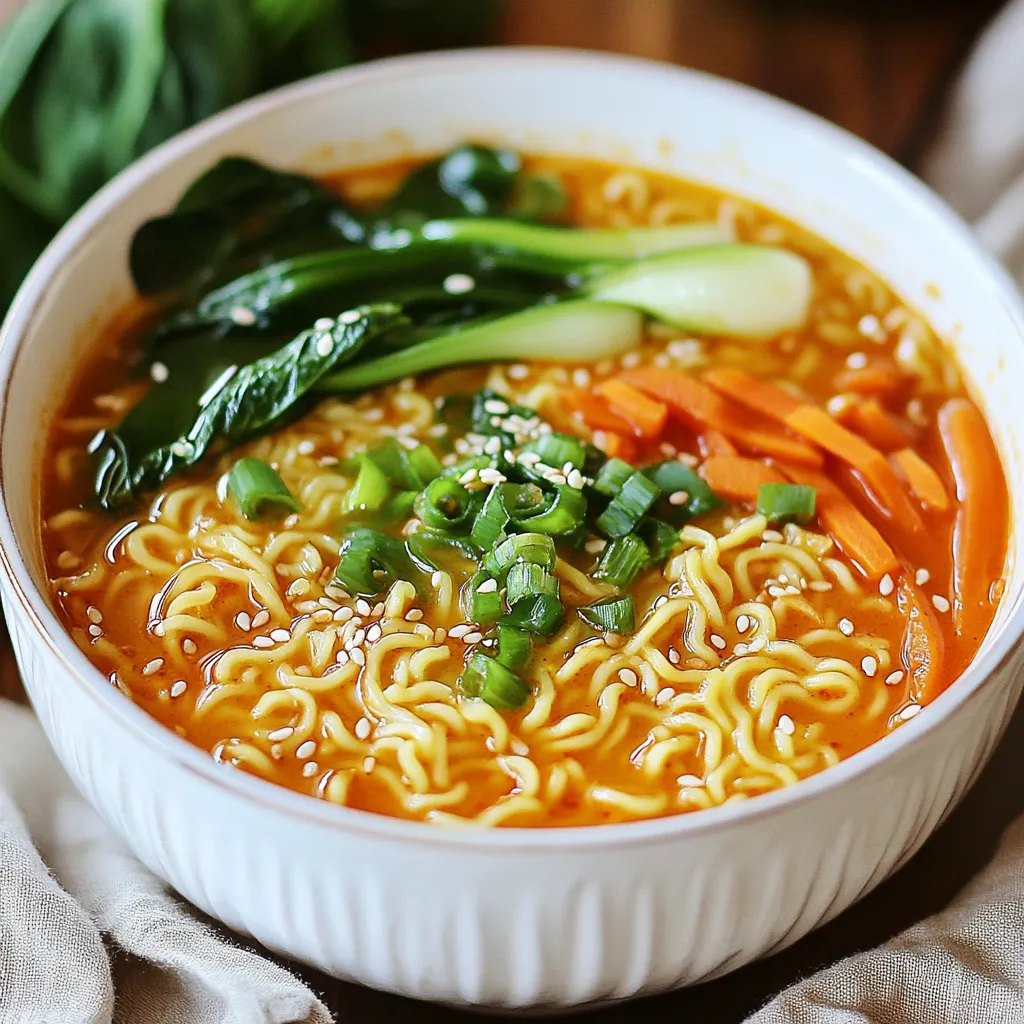- 2 packs of instant ramen noodles - 4 cups vegetable broth - 1 cup coconut milk - 2 tablespoons chili garlic sauce (adjust to taste) - 2 cloves garlic, minced - 1 tablespoon ginger, minced - 1 tablespoon soy sauce - 1 tablespoon sesame oil - 1 cup baby bok choy, chopped - 1 medium carrot, julienned - 1 green onion, chopped (for garnishing) - Sesame seeds (for garnishing) Gathering the right ingredients is key to making this creamy chili garlic ramen. Start with instant ramen noodles. They are quick and easy to cook. For the broth, use vegetable broth for a rich flavor. Coconut milk adds that creamy texture we all love. Next, we need flavor enhancers. Chili garlic sauce brings heat and zest. Fresh garlic and ginger add depth. Soy sauce and sesame oil round out the taste, giving umami notes. For veggies, baby bok choy brings a nice crunch. Carrots add sweetness and color. Don't forget green onions for garnish. Sesame seeds add a delightful crunch on top. All these components create a simple yet tasty dish that will please everyone at the table. {{ingredient_image_1}} Start by heating 1 tablespoon of sesame oil in a large pot over medium heat. Once the oil is hot, add 2 cloves of minced garlic and 1 tablespoon of minced ginger. Sauté them for about 1 minute until you smell their lovely aroma. Next, pour in 4 cups of vegetable broth. Bring this mixture to a gentle simmer. Now, it’s time to add some creaminess. Stir in 1 cup of coconut milk and 2 tablespoons of chili garlic sauce. You can adjust the sauce to match your taste. Mix everything until it is well combined. Then, add 1 cup of chopped baby bok choy and 1 medium julienned carrot. Cook for about 3-4 minutes until the veggies are tender but still bright. Next, add 2 packs of instant ramen noodles directly into the pot. Cook them according to the package instructions, usually around 3-4 minutes. Once the noodles are tender, stir in 1 tablespoon of soy sauce. Taste the ramen and adjust the seasoning if you need to. Let the ramen sit for a minute to thicken slightly before serving. To make your ramen truly creamy, use full-fat coconut milk. This gives a rich texture. You can also adjust the chili garlic sauce. If you like it spicy, add more sauce. If you prefer mild, use less. Let the ramen sit for a minute before you serve it. This helps the flavors mix well. Fresh herbs, like cilantro or basil, can add a nice aroma. They also bring a burst of color to your dish. Serve your ramen in deep bowls. This helps keep it warm. Add garnishes like chopped green onions and sesame seeds. You can also place some colorful toppings on top. Sliced chili peppers look great and add a pop of color. Pro Tips Adjust Spice Level: If you prefer a milder flavor, start with a smaller amount of chili garlic sauce and gradually increase until it reaches your desired heat. Fresh Ingredients: For the best flavor, use fresh garlic and ginger instead of pre-minced versions. Their aromatic oils add depth to the broth. Extra Toppings: Consider adding protein such as tofu, chicken, or shrimp for a heartier meal, along with additional vegetables like bell peppers or mushrooms. Storage Tips: If you have leftovers, store the broth and noodles separately to prevent the noodles from becoming mushy. Reheat and combine when ready to serve. {{image_2}} You can easily change up the protein in your creamy chili garlic ramen. If you want a plant-based option, try adding tofu. Simply cube it and toss it in during the cooking process. It soaks up flavors well and adds good texture. If you prefer meat, chicken or shrimp works great too. Cook them first in the sesame oil. Then, add them back in when you stir in the noodles. This gives you a hearty meal that fills you up. You can also switch out the vegetables in this dish. Instead of baby bok choy, use spinach or kale. Both add great color and nutrients. If you want more crunch, add bell peppers or mushrooms. These give a nice flavor and texture contrast to the creamy broth. If you like heat, you can adjust the spice level easily. Just add more chili garlic sauce while cooking. This will give your ramen a nice kick. For extra spice, add fresh chili slices on top when serving. It not only looks appealing but also adds more flavor to each bite. To keep your creamy chili garlic ramen fresh, store leftovers in an airtight container. This helps prevent air from spoiling the dish. Aim to consume it within 2-3 days for the best quality. The flavors will stay sharp, and the texture will remain pleasant. When you are ready to enjoy your leftovers, reheat them on the stove. This method helps maintain the texture of the noodles and broth. To revive the creaminess, add a splash of broth while reheating. This small step can make a big difference in taste. If you want to save some ramen for later, freeze the base without the noodles. This makes it easy to cook fresh noodles when you are ready to serve. Just thaw the base overnight in the fridge before reheating. This way, you can enjoy a quick meal with all the rich flavors intact. To spice up your ramen, add more chili garlic sauce. Start with one more tablespoon. You can also use fresh chili slices. They bring heat and color. For the best sauce, I recommend brands like Huy Fong or Lee Kum Kee. They offer great flavor and heat. Yes, you can substitute coconut milk. Almond milk or cashew cream works well. These options create a lighter dish. However, using these alternatives changes the flavor. Coconut milk has a rich, creamy taste that adds depth. Yes, this recipe is vegan-friendly. All the ingredients are plant-based. Just check your chili garlic sauce for any hidden animal products. If you want more protein, consider adding tofu or edamame. Both boost the meal's nutrition and keep it vegan. This recipe for creamy ramen is easy and fun to make. You learned how to create a rich broth with coconut milk and tasty veggies. The tips also help you perfect the flavor and presentation. You can customize it with proteins, spice, or different veggies too. Remember, enjoy your ramen fresh or store it for later. Cooking should be a pleasure, and this dish proves it. Happy cooking!