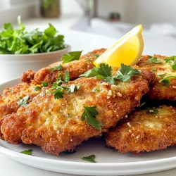- 4 boneless, skinless chicken breasts - 1 cup all-purpose flour - 2 large eggs - 1 cup breadcrumbs (preferably Italian seasoned) - 1 cup grated Parmesan cheese - 1 teaspoon garlic powder - 1 teaspoon onion powder - 1 teaspoon paprika - Salt and pepper to taste - 1/4 cup fresh parsley, chopped (for garnish) - Olive oil, for frying For crispy Parmesan chicken cutlets, you need fresh and simple ingredients. The chicken breasts are the star of the dish. Use thin, boneless, skinless pieces for easy cooking. Next, you need flour, eggs, and breadcrumbs for the coating. The breadcrumbs add crunch, while the Parmesan gives a rich flavor. Add seasoning with garlic powder, onion powder, and paprika. These spices enhance the taste without being too strong. Don’t forget salt and pepper; they bring everything together. Lastly, fresh parsley brightens up your dish. It adds color and a hint of freshness as a garnish. With these ingredients, you will create a delightful meal that’s crispy and full of flavor. To start, you need to tenderize the chicken breasts. Place each chicken breast between two sheets of plastic wrap. Use a meat mallet to pound them to an even thickness of about 1/2 inch. This step helps the chicken cook evenly. Next, set up your breading station. You will need three shallow bowls. In the first bowl, add 1 cup of all-purpose flour. Season it with salt and pepper. In the second bowl, beat two large eggs until they are well mixed. In the third bowl, mix 1 cup of breadcrumbs with 1 cup of grated Parmesan cheese. Add 1 teaspoon each of garlic powder, onion powder, and paprika. Don’t forget a pinch of salt and pepper to season. Now, it's time for the dredging and coating process. Take each chicken breast and first dredge it in the flour, shaking off any extra. Then, dip the floured chicken into the beaten eggs. Make sure it is fully coated. Finally, coat the chicken in the breadcrumb mixture, pressing it onto the chicken to make it stick well. Next, heat a generous amount of olive oil in a large skillet over medium heat. You want the oil hot but not smoking. Carefully place the breaded chicken cutlets in the skillet. Cook them in batches to avoid overcrowding. Fry the chicken cutlets for about 4 to 5 minutes on each side. They should turn golden brown and be cooked through. To check if they are done, the internal temperature should reach 165°F (75°C). Once the cutlets are cooked, transfer them to a plate lined with paper towels. This will help drain any excess oil. You can now garnish the crispy chicken cutlets with fresh parsley and serve them hot. Enjoy your meal! To get that perfect crisp on your chicken cutlets, start with the right coatings. The flour and egg layers are key. - First, coat the chicken in flour. This helps the egg stick. - Next, dip it in beaten eggs. Make sure it's fully covered. - Finally, press the chicken into the breadcrumb mix. This gives it that nice crunch. Avoid overcrowding your skillet. If you add too many cutlets at once, the oil cools down. This leads to soggy chicken. Cook in batches to keep the oil hot. Keep an eye on the oil temperature. It should be medium heat. A hot skillet helps the cutlets fry evenly. If it’s too low, they will soak up oil. This makes them greasy instead of crispy. If you want a healthier option, try baking. Preheat your oven to 400°F (200°C). Place the breaded cutlets on a baking sheet. Lightly spray them with olive oil. Bake for about 20-25 minutes. Flip halfway through for even cooking. Air frying is another great choice. It still gives you that crisp texture but uses less oil. Set your air fryer to 375°F (190°C). Cook the cutlets for about 12-15 minutes, flipping halfway. This method is quick and easy! {{image_2}} You can change up the taste of your crispy Parmesan chicken cutlets. Start by adding fresh herbs like basil or thyme. These herbs bring a fresh flavor to your dish. You can also add a pinch of red pepper flakes for some heat. Next, think about flavoring the breadcrumbs. Mix in some Italian seasoning or lemon zest. This adds depth to your breading. You can even use different types of cheese. Try using pecorino or cheddar for a twist on flavor. Pair your chicken cutlets with tasty sauces. A simple marinara or a creamy garlic sauce works well. You can also drizzle some balsamic glaze for a sweet touch. When it comes to side dishes, think about fresh salads or roasted veggies. A crisp Caesar salad complements the cutlets nicely. For a heartier option, serve with mashed potatoes or garlic bread. These sides round out the meal perfectly. To keep your crispy Parmesan chicken cutlets fresh, use proper storage containers. Airtight containers work best. This prevents moisture from making the cutlets soggy. Layer parchment paper between the cutlets if you stack them. This helps keep them crispy. Store your chicken cutlets in the refrigerator. They stay fresh for about 3 to 4 days. If you want to keep them longer, consider freezing. Wrap each cutlet in plastic wrap and place them in a freezer bag. They will last for up to 2 months in the freezer. When it’s time to enjoy your leftovers, reheating is key. The best way to reheat cutlets is in the oven. Preheat your oven to 375°F (190°C). Place the cutlets on a baking sheet. Bake for about 10-15 minutes, or until heated through. For extra crispiness, use a skillet. Heat a little olive oil over medium heat. Add the cutlets and cook for 3-4 minutes on each side. This method keeps them crispy and delicious. Avoid the microwave, as it can make the cutlets soggy. I recommend using boneless, skinless chicken breasts. They cook evenly and stay juicy. You can also use chicken thighs if you prefer darker meat. Thighs add more flavor and remain tender. Yes, you can use gluten-free flour and gluten-free breadcrumbs. Look for certified gluten-free options to ensure safety. The texture might change slightly, but the cutlets will still taste great. To check doneness, use a meat thermometer. The internal temperature should reach 165°F (75°C). If you don't have a thermometer, cut the chicken and look for clear juices. There should be no pink meat. Absolutely! You can bread the chicken cutlets and store them in the fridge for a few hours. This helps the coating stick better. Just fry them when you're ready to eat. They cook quickly and taste fresh! In this blog post, I covered how to make delicious chicken cutlets from start to finish. You learned about the key ingredients, step-by-step cooking methods, and helpful tips for the best results. I also shared tasty variations and proper storage techniques. Remember, the secret to great cutlets lies in the details. Use the tips to make them crispy and flavorful. Now you’re ready to impress your friends and family with your skills in the kitchen! Enjoy your cooking adventure!