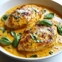 - 4 boneless, skinless chicken breasts - 1 tablespoon olive oil - Salt and pepper to taste - 1 medium onion, diced - 3 cloves garlic, minced - 1 can (14 oz) diced tomatoes, drained These main ingredients are key to making a delicious dish. The chicken gives protein and heartiness. Olive oil adds flavor and helps cook the chicken. Salt and pepper enhance the taste. Onions and garlic bring aroma and depth to the dish. Finally, canned tomatoes add a juicy, tangy base. - 1 cup heavy cream - 1 cup fresh basil leaves, chopped - 1 teaspoon dried Italian seasoning - ΒΌ cup grated Parmesan cheese - ΒΌ teaspoon red pepper flakes (optional) The creamy sauce is where the magic happens. Heavy cream makes the sauce rich and smooth. Fresh basil leaves give a bright flavor. Dried Italian seasoning adds warmth and spice. Parmesan cheese melts into the sauce, adding a salty note. Red pepper flakes can bring a little heat if you like. This sauce is the star of the show, coating the chicken in creamy goodness. {{ingredient_image_1}} Start by seasoning the chicken breasts. Use salt and pepper on both sides. This simple step boosts the flavor. Next, sear the chicken to perfection. Heat olive oil in a large skillet over medium-high heat. Add the chicken breasts. Cook for about 5-6 minutes on each side. You want them golden brown and fully cooked. Once done, remove the chicken from the skillet and set it aside. Now, it's time to sautΓ© the aromatics. In the same skillet, add the diced onion. Cook it for 2-3 minutes. You want the onion to soften but not brown. Then, add minced garlic. Cook for one more minute until you smell that wonderful aroma. Next, add the tomatoes. Stir in the drained diced tomatoes and let them cook for about 2 minutes. This helps all the flavors blend. Now, make it creamy. Lower the heat and pour in the heavy cream. Mix well and bring it to a gentle simmer. This is where the magic happens! Return the chicken to the skillet. Spoon the creamy sauce over the chicken. Let everything simmer together for another 3-4 minutes. This step heats the chicken through. Finally, check the seasoning. Adjust with more salt and pepper if needed. Taste is key! To sear chicken well, use a hot skillet. Heat olive oil until it shimmers. Add the chicken breasts without crowding the pan. This helps them brown nicely. Cook for 5-6 minutes on each side. The chicken should be golden and cooked through. To avoid a watery sauce, drain the canned tomatoes well. Excess liquid can make the sauce runny. Also, simmer the cream over low heat. This helps it thicken and blend with the flavors. For extra flavor, consider adding fresh herbs. Oregano and thyme work well with the sauce. You can also add a pinch of smoked paprika. This gives a nice depth to the dish. A splash of balsamic vinegar can brighten the sauce too. Garnish your dish with fresh basil leaves. This adds color and a fresh taste. A sprinkle of grated Parmesan cheese is also great. Serve the dish with warm garlic bread or a crisp side salad. This makes the meal feel complete and inviting. Pro Tips Use Fresh Basil: Fresh basil provides a vibrant flavor that dried basil cannot match. Add it at the end of cooking to maintain its bright color and aroma. Check Chicken Temperature: Ensure the chicken is cooked through by checking that its internal temperature reaches 165Β°F (75Β°C) for food safety. Drain Tomatoes Well: Draining the canned tomatoes helps prevent the sauce from becoming too watery, resulting in a creamier consistency. Customize the Heat: If you enjoy a bit of spice, feel free to adjust the amount of red pepper flakes to your taste, or even add some chopped fresh chili. {{image_2}} You can make this dish your own by swapping ingredients. Here are some ideas: - Alternative proteins: Try shrimp or tofu instead of chicken. Both options work well with the creamy sauce. - Different types of cheese: You can use mozzarella or feta instead of Parmesan. Each cheese adds its own flavor twist. If you have specific dietary needs, this dish can adapt: - Gluten-free: The recipe is already gluten-free! Just check any added sides for gluten. - Dairy-free: Use coconut cream or cashew cream in place of heavy cream. Nutritional yeast can replace cheese for flavor. This creamy tomato basil chicken pairs well with many sides: - Garlic bread: Perfect for soaking up the sauce. - Side salad: A fresh salad with greens and a light dressing adds balance. - Pasta or rice: Serve over pasta or rice to make it more filling. Feel free to mix and match these ideas. Enjoy creating your own version! To keep your creamy tomato basil chicken fresh, follow these steps: - Cool Down: Let the dish cool to room temperature. - Refrigeration: Store leftovers in an airtight container in the fridge. They will last up to 3 days. - Freezing: You can freeze the dish for up to 3 months. Use a freezer-safe container. Leave some space for expansion. Make sure to label the container with the date. This helps you track freshness. To enjoy your leftovers, reheating is key. Here are my recommended methods: - Microwave: Place the chicken and sauce in a microwave-safe dish. Cover it loosely. Heat in 30-second intervals until hot. Stir in between to ensure even heating. - Stovetop: Heat a skillet over medium heat. Add a splash of water or broth to prevent sticking. Warm the chicken and sauce, stirring often. This method helps keep the dish creamy and flavorful. Both methods work well. Choose whichever fits your schedule! How can I make this dish spicier? To add some heat, include more red pepper flakes. Start with a half teaspoon. You can also add sliced jalapeΓ±os or hot sauce for extra spice. Mix these into the creamy sauce as it simmers. Can I use fresh tomatoes instead of canned? Yes, you can use fresh tomatoes. You will need about 4-5 medium tomatoes. Dice them and remove the seeds. Cook them down for a few minutes in the skillet to release their juices before adding the cream. What can I substitute for heavy cream? You can use half-and-half or whole milk for a lighter option. If you want a dairy-free choice, try coconut cream or a cashew cream. These will change the flavor slightly but still keep it creamy. How to modify for meal prep To modify for meal prep, cook the chicken and sauce as directed. Then, store them in separate containers. This helps keep the chicken juicy and the sauce fresh. You can reheat them together when ready to eat. Can I double the recipe for a larger group? Yes, you can double the recipe easily. Just ensure your skillet is large enough. Cook the chicken in batches if needed. This way, each piece gets that nice golden color and stays juicy. Adjust seasonings as needed to keep the flavor balanced. This recipe is simple and tasty. You learned about main ingredients like chicken, olive oil, and tomatoes. I shared steps for a creamy sauce and tips for cooking. You can swap ingredients for variety and make it fit your diet. Don't forget the storage tips for your leftovers. With this guide, you can cook a delicious meal that impresses. Enjoy your cooking and create new flavors for everyone!