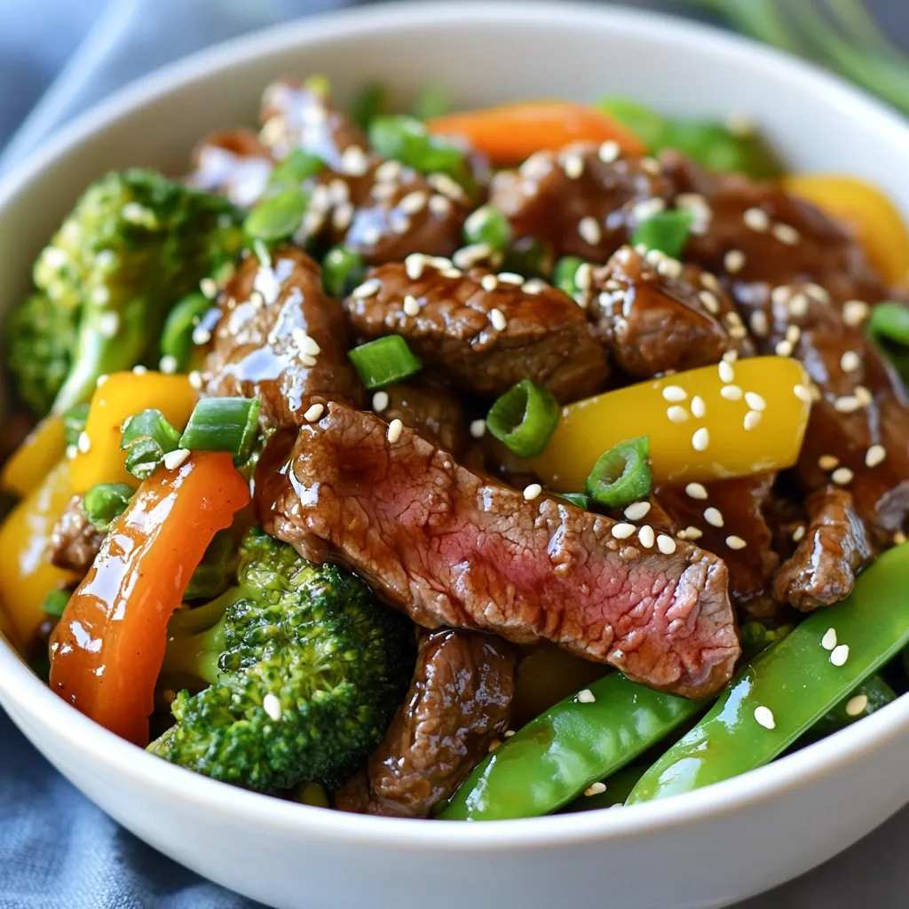 To make a tasty teriyaki steak stir fry, you need these main items: - 1 lb sirloin steak, thinly sliced - 2 tablespoons olive oil - 1 bell pepper (red or green), sliced - 1 cup broccoli florets - 1 cup snap peas - 3 green onions, chopped - 3 cloves garlic, minced - 1 tablespoon fresh ginger, grated These ingredients give the dish great flavor and texture. The sirloin steak provides nice protein, while the veggies add crunch and color. The sauce is key to a great stir fry. Gather these items for the teriyaki sauce: - 1/4 cup soy sauce (low sodium) - 2 tablespoons honey - 1 tablespoon cornstarch - 2 tablespoons cold water This sauce brings sweetness and saltiness. The honey adds a nice touch, and cornstarch helps thicken it. To make your dish look pretty, add these optional garnishes: - Sesame seeds for garnish Garnishing with sesame seeds gives a nice finish. You can also add extra chopped green onions for more flavor. {{ingredient_image_1}} To make the teriyaki sauce, start by mixing a few simple ingredients. In a bowl, combine: - 1/4 cup soy sauce (low sodium) - 2 tablespoons honey - 1 tablespoon cornstarch - 2 tablespoons cold water Stir well until there are no lumps. This sauce is sweet and savory. It adds a rich flavor to your dish. Set this aside while you cook the steak and vegetables. Next, heat a large skillet or wok over medium-high heat. Add 1 tablespoon of olive oil. Once the oil is hot, add 1 pound of thinly sliced sirloin steak. Season it with salt and pepper. Stir-fry the steak for about 2-3 minutes. You want it browned and cooked to your liking. Remove the steak from the skillet and set it aside. This way, you keep it juicy and tender. In the same skillet, add another tablespoon of olive oil. Then, toss in 3 cloves of minced garlic and 1 tablespoon of grated ginger. These add great flavor. Now add the vegetables: - 1 sliced bell pepper (red or green) - 1 cup broccoli florets - 1 cup snap peas Stir-fry these for about 4-5 minutes. You want them tender but still crisp. The colors will brighten and the aromas will fill your kitchen. Once the vegetables are ready, return the cooked steak to the skillet. Pour the teriyaki sauce over everything. Toss gently to coat all the ingredients evenly. Heat this mixture for an additional 1-2 minutes. This will warm the sauce and bring all the flavors together. When done, remove from heat and garnish with chopped green onions and sesame seeds. This dish is now ready to serve! To make the best steak for your stir fry, choose sirloin. It’s tender and flavorful. Slice the steak thinly against the grain. This helps keep it juicy. Make sure to season it well with salt and pepper. Heat your skillet until it's hot before adding the steak. This helps sear the meat quickly. Stir-fry for just a few minutes. You want it cooked but not dry. For great vegetables, cut them into even pieces. This ensures they cook evenly. Start with the hardest veggies first, like broccoli. Then add softer ones, like bell peppers. Keep the heat high to keep them crisp. Stir-fry for just a few minutes. They should be bright and crunchy. Don’t overcook them. You want the colors to pop and the textures to shine. You can boost your stir fry flavor in many ways. Add a splash of rice vinegar for tang. A sprinkle of chili flakes can add heat. Try adding sesame oil for a nutty taste. Fresh herbs like cilantro or basil can brighten the dish. You can also use lime juice for a zesty kick. These extras can make your teriyaki steak stir fry even better! Pro Tips Use a Hot Pan: Ensure your skillet or wok is hot before adding the steak for a nice sear and to lock in the juices. Prep Ingredients Ahead: Have all your ingredients chopped and ready to go before you start cooking, as stir-frying is a quick process. Choose Fresh Veggies: Use fresh, crisp vegetables for the best texture and flavor in your stir fry. Customize Your Sauce: Feel free to adjust the sweetness or saltiness of the teriyaki sauce to suit your palate by adding more honey or soy sauce. {{image_2}} If you want to mix it up, try different veggies. You can use carrots, zucchini, or mushrooms. Each adds a new taste and texture. Try baby corn or bell peppers for crunch. You can even add spinach or bok choy for a fresh twist. The key is to pick what you like. Just remember to cut them small for quick cooking. You don’t have to stick to steak. Chicken works great too. Thinly sliced pork or shrimp can make tasty choices. Tofu is a great option if you prefer plant-based meals. Each protein adds its own flavor to the dish. Just make sure to adjust cooking times based on what you choose. If you need gluten-free sauce, there are options. Coconut aminos is a great substitute for soy sauce. It tastes slightly sweeter but works well. You can also look for gluten-free soy sauce at the store. Just check the labels to ensure it fits your needs. Making your dish gluten-free does not mean losing flavor. After you make your teriyaki steak stir fry, let it cool. Place it in an airtight container. Store it in the fridge. It will last for up to three days. If you have extra sauce, store it separately. This keeps the veggies crisp and fresh. When you are ready to eat, reheat in a skillet. Use medium heat for best results. Stir often to heat evenly. You can also use a microwave. Place it in a safe dish and cover it with a lid. Heat for one to two minutes. Check that it's hot all the way through. If you want to freeze your stir fry, use a freezer-safe container. It can last for up to three months in the freezer. When you are ready to eat, thaw it overnight in the fridge. Reheat it in a skillet like before. This way, you keep the great taste and texture. To make homemade teriyaki sauce, mix these simple ingredients: - 1/4 cup soy sauce (low sodium) - 2 tablespoons honey - 1 tablespoon cornstarch - 2 tablespoons cold water Combine them in a bowl. Stir well until smooth. This sauce gives your stir fry a great flavor. You can add a little grated ginger or minced garlic for extra taste. Yes, you can use frozen vegetables! They save time and are easy to find. Just make sure to thaw them before cooking. Frozen veggies may need a bit more time to cook. Keep an eye on them. You want them tender but still crisp. You can serve Teriyaki Steak Stir Fry with several tasty sides. Steamed jasmine rice is a classic choice. It absorbs the sauce well. You can also pair it with noodles for a fun twist. Adding a side salad gives a fresh crunch. Enjoy your meal! Teriyaki steak stir fry combines tasty ingredients and simple steps. You learned how to make the sauce, cook the steak, and stir-fry the veggies. I shared tips for perfecting each part. You can also change up veggies and proteins to suit your taste. Don't forget to store your leftovers correctly for later meals. With the right info, it’s easy to enjoy this dish again and again. Great cooking starts with knowledge, and now you have it! Enjoy your delicious stir fry!
