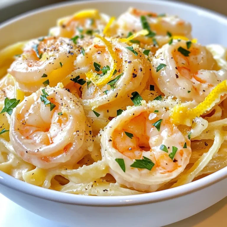 For Garlic Parmesan Shrimp Pasta, you will need: - 8 ounces linguine or spaghetti - 1 pound large shrimp, peeled and deveined - 4 tablespoons unsalted butter - 4 cloves garlic, minced - 1 teaspoon red pepper flakes (adjust to taste) - 1 cup heavy cream - 1 cup grated Parmesan cheese - Salt and pepper to taste - 2 tablespoons fresh parsley, chopped (for garnish) - Zest of 1 lemon These ingredients create a rich, creamy dish packed with flavor. The shrimp adds protein, while the pasta provides a comforting base. The garlic and cheese bring it all together. You can swap linguine or spaghetti for other pasta types like fettuccine or penne. If you want a lighter option, use whole wheat or gluten-free pasta. For cream, you can use half-and-half or a plant-based cream for a dairy-free version. If you don't have Parmesan, try Pecorino Romano or nutritional yeast for a vegan alternative. Fresh shrimp offers the best flavor and texture. However, frozen shrimp works well too and is often more convenient. Just make sure to thaw it properly before cooking. You can do this by placing the shrimp in the fridge overnight or running it under cold water for a few minutes. Both types will yield delicious results in your Garlic Parmesan Shrimp Pasta. {{ingredient_image_1}} Start by boiling water in a large pot. Add a pinch of salt to the water. Once it boils, add 8 ounces of linguine or spaghetti. Cook it according to the package instructions until it is al dente. Al dente means the pasta is soft but still firm. Reserve 1 cup of the pasta water. This water helps to adjust the sauce later. Drain the pasta and set it aside. Next, grab a large skillet and place it on medium heat. Add 4 tablespoons of unsalted butter and let it melt. Once the butter is melted, add 4 cloves of minced garlic. Sauté the garlic for 1-2 minutes. You want it to smell great but not burn. After that, add 1 pound of large shrimp. Season the shrimp with salt, pepper, and 1 teaspoon of red pepper flakes. Cook the shrimp for about 2-3 minutes on each side. The shrimp should turn pink and opaque. Once cooked, remove the shrimp from the skillet and set it aside. In the same skillet, pour in 1 cup of heavy cream. Bring it to a gentle simmer. Then, gradually whisk in 1 cup of grated Parmesan cheese. Keep whisking until the cheese melts and the sauce is smooth. If the sauce is too thick, you can add some of the reserved pasta water. Now, add the cooked pasta to the skillet. Toss it well to coat in the sauce. Stir in the lemon zest and the cooked shrimp. Heat everything through for a few minutes. Taste and adjust the seasoning with salt and pepper if you need to. To get the sauce just right, start with heavy cream. This cream gives a rich, thick base. If your sauce is too thick, add a bit of the reserved pasta water. Start with a tablespoon at a time. Mix it well and see if it’s the right texture. You want a creamy sauce that coats the pasta nicely, not too runny or thick. Shrimp cooks fast. Keep an eye on it while it’s in the pan. Cook the shrimp for only 2-3 minutes on each side. It’s done when it turns pink and opaque. If you overcook it, shrimp gets rubbery and tough. If you’re unsure, take one out and cut it in half. It should look white and firm. This recipe serves four. I suggest one cup of pasta per person. If you want a lighter meal, add a side salad. A simple green salad with lemon vinaigrette works great. You can also serve garlic bread on the side for a nice touch. The bread soaks up the sauce and adds crunch. Enjoy your meal with a glass of white wine or sparkling water. Pro Tips Perfect Pasta: Always cook pasta al dente for the best texture. It should be firm to the bite, especially since it will continue to cook slightly in the sauce. Fresh Shrimp: Use the freshest shrimp you can find for optimal flavor. If using frozen shrimp, ensure they are fully thawed before cooking. Adjust the Heat: Customize the level of spiciness by adjusting the amount of red pepper flakes based on your taste preference. Lemon Zest Boost: The zest of the lemon enhances the dish’s flavor profile. Make sure to add it at the end to preserve its fresh aroma. {{image_2}} You can easily boost this dish with veggies. Adding spinach makes it fresh and healthy. Toss in a few handfuls while you cook the shrimp. The heat will wilt the spinach quickly. Sun-dried tomatoes also add a rich flavor. Chop them up and mix them in with the cream. This adds sweetness and color to your plate. If you like heat, increase the red pepper flakes. Add an extra teaspoon for a spicy kick. You can also use fresh chopped jalapeños. These add a fresh flavor and a lot of heat. For a different twist, try a splash of hot sauce. It can change the whole taste of the dish while keeping it creamy. While Parmesan is classic, there are other cheese options. Try using Pecorino Romano for a saltier taste. This cheese adds sharpness and richness. For a milder flavor, mozzarella works well too. It melts creamy and smooth. You can also mix in some ricotta for a luscious touch. These variations keep the dish exciting and allow you to explore new tastes. To keep your Garlic Parmesan Shrimp Pasta fresh, store it in an airtight container. This helps prevent moisture loss. Let the pasta cool before sealing. It tastes best if used within three days. If you need to store it for longer, consider freezing. When reheating, use a skillet over low heat. Add a splash of water or cream to keep it moist. Stir often to heat evenly. This will help the sauce stay creamy and delicious. Avoid using a microwave, as it can dry out the pasta. You can freeze Garlic Parmesan Shrimp Pasta for later meals. Divide it into portions and store in freezer-safe bags. Squeeze out as much air as possible to prevent freezer burn. When ready to eat, thaw it overnight in the fridge. Reheat slowly in a skillet for the best taste. Yes, you can prepare Garlic Parmesan Shrimp Pasta ahead of time. Cook the pasta and shrimp, but keep them separate. Store the pasta in the fridge in a sealed container. You can do the same with the shrimp. When you are ready to eat, heat the shrimp and mix with the pasta and sauce. This way, your dish stays fresh and tasty. If you need a substitute for heavy cream, use half-and-half or whole milk. You can also make a mix of milk and butter. For a dairy-free option, try coconut cream or cashew cream. These options will change the flavor a bit but will still make a nice sauce. To make Garlic Parmesan Shrimp Pasta gluten-free, choose gluten-free pasta. Many brands offer good options that cook well. You can find gluten-free linguine or spaghetti at the store. Just watch the cooking time, as it may differ from regular pasta. This way, you can enjoy this dish without gluten. This blog post covered the key ingredients for Garlic Parmesan Shrimp Pasta and how to prep them. I detailed step-by-step instructions and tips to avoid common mistakes. You learned about tasty variations and how to store leftovers. This dish is simple yet full of flavor. With a few swaps and some tricks, you can make it your own. Enjoy creating your perfect Garlic Parmesan Shrimp Pasta!