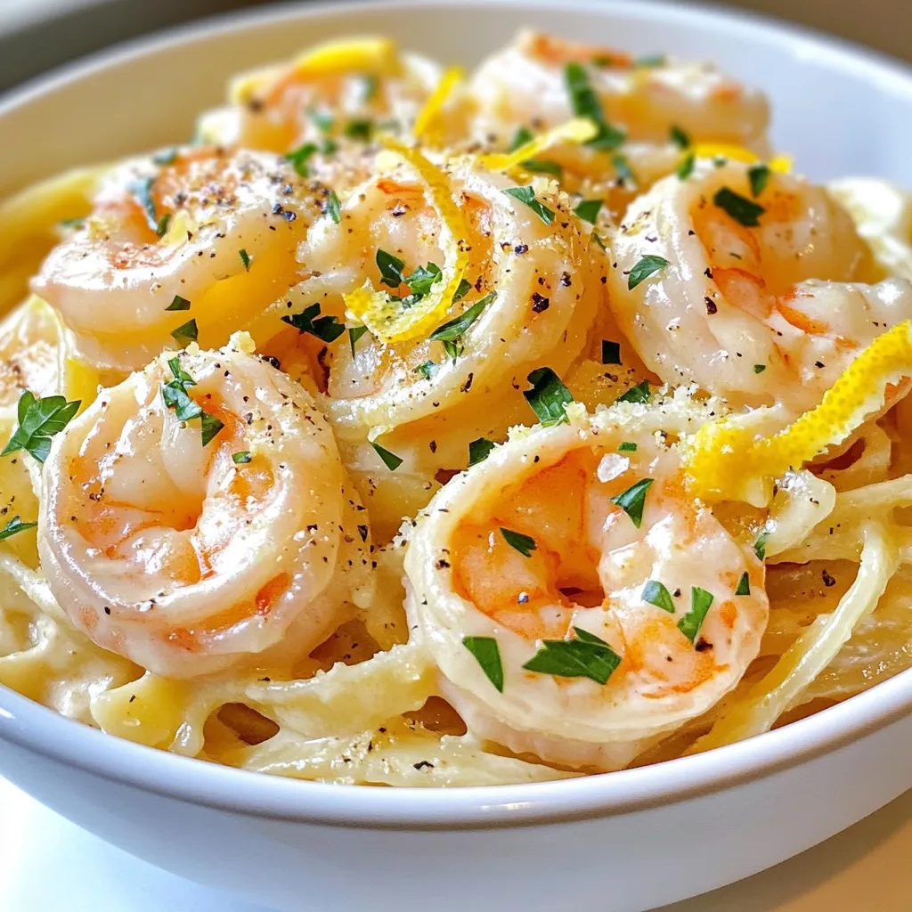 For Garlic Parmesan Shrimp Pasta, you will need: - 8 ounces linguine or spaghetti - 1 pound large shrimp, peeled and deveined - 4 tablespoons unsalted butter - 4 cloves garlic, minced - 1 teaspoon red pepper flakes (adjust to taste) - 1 cup heavy cream - 1 cup grated Parmesan cheese - Salt and pepper to taste - 2 tablespoons fresh parsley, chopped (for garnish) - Zest of 1 lemon These ingredients create a rich, creamy dish packed with flavor. The shrimp adds protein, while the pasta provides a comforting base. The garlic and cheese bring it all together. You can swap linguine or spaghetti for other pasta types like fettuccine or penne. If you want a lighter option, use whole wheat or gluten-free pasta. For cream, you can use half-and-half or a plant-based cream for a dairy-free version. If you don't have Parmesan, try Pecorino Romano or nutritional yeast for a vegan alternative. Fresh shrimp offers the best flavor and texture. However, frozen shrimp works well too and is often more convenient. Just make sure to thaw it properly before cooking. You can do this by placing the shrimp in the fridge overnight or running it under cold water for a few minutes. Both types will yield delicious results in your Garlic Parmesan Shrimp Pasta. {{ingredient_image_1}} Start by boiling water in a large pot. Add a pinch of salt to the water. Once it boils, add 8 ounces of linguine or spaghetti. Cook it according to the package instructions until it is al dente. Al dente means the pasta is soft but still firm. Reserve 1 cup of the pasta water. This water helps to adjust the sauce later. Drain the pasta and set it aside. Next, grab a large skillet and place it on medium heat. Add 4 tablespoons of unsalted butter and let it melt. Once the butter is melted, add 4 cloves of minced garlic. Sauté the garlic for 1-2 minutes. You want it to smell great but not burn. After that, add 1 pound of large shrimp. Season the shrimp with salt, pepper, and 1 teaspoon of red pepper flakes. Cook the shrimp for about 2-3 minutes on each side. The shrimp should turn pink and opaque. Once cooked, remove the shrimp from the skillet and set it aside. In the same skillet, pour in 1 cup of heavy cream. Bring it to a gentle simmer. Then, gradually whisk in 1 cup of grated Parmesan cheese. Keep whisking until the cheese melts and the sauce is smooth. If the sauce is too thick, you can add some of the reserved pasta water. Now, add the cooked pasta to the skillet. Toss it well to coat in the sauce. Stir in the lemon zest and the cooked shrimp. Heat everything through for a few minutes. Taste and adjust the seasoning with salt and pepper if you need to. To get the sauce just right, start with heavy cream. This cream gives a rich, thick base. If your sauce is too thick, add a bit of the reserved pasta water. Start with a tablespoon at a time. Mix it well and see if it’s the right texture. You want a creamy sauce that coats the pasta nicely, not too runny or thick. Shrimp cooks fast. Keep an eye on it while it’s in the pan. Cook the shrimp for only 2-3 minutes on each side. It’s done when it turns pink and opaque. If you overcook it, shrimp gets rubbery and tough. If you’re unsure, take one out and cut it in half. It should look white and firm. This recipe serves four. I suggest one cup of pasta per person. If you want a lighter meal, add a side salad. A simple green salad with lemon vinaigrette works great. You can also serve garlic bread on the side for a nice touch. The bread soaks up the sauce and adds crunch. Enjoy your meal with a glass of white wine or sparkling water. Pro Tips Perfect Pasta: Always cook pasta al dente for the best texture. It should be firm to the bite, especially since it will continue to cook slightly in the sauce. Fresh Shrimp: Use the freshest shrimp you can find for optimal flavor. If using frozen shrimp, ensure they are fully thawed before cooking. Adjust the Heat: Customize the level of spiciness by adjusting the amount of red pepper flakes based on your taste preference. Lemon Zest Boost: The zest of the lemon enhances the dish’s flavor profile. Make sure to add it at the end to preserve its fresh aroma. {{image_2}} You can easily boost this dish with veggies. Adding spinach makes it fresh and healthy. Toss in a few handfuls while you cook the shrimp. The heat will wilt the spinach quickly. Sun-dried tomatoes also add a rich flavor. Chop them up and mix them in with the cream. This adds sweetness and color to your plate. If you like heat, increase the red pepper flakes. Add an extra teaspoon for a spicy kick. You can also use fresh chopped jalapeños. These add a fresh flavor and a lot of heat. For a different twist, try a splash of hot sauce. It can change the whole taste of the dish while keeping it creamy. While Parmesan is classic, there are other cheese options. Try using Pecorino Romano for a saltier taste. This cheese adds sharpness and richness. For a milder flavor, mozzarella works well too. It melts creamy and smooth. You can also mix in some ricotta for a luscious touch. These variations keep the dish exciting and allow you to explore new tastes. To keep your Garlic Parmesan Shrimp Pasta fresh, store it in an airtight container. This helps prevent moisture loss. Let the pasta cool before sealing. It tastes best if used within three days. If you need to store it for longer, consider freezing. When reheating, use a skillet over low heat. Add a splash of water or cream to keep it moist. Stir often to heat evenly. This will help the sauce stay creamy and delicious. Avoid using a microwave, as it can dry out the pasta. You can freeze Garlic Parmesan Shrimp Pasta for later meals. Divide it into portions and store in freezer-safe bags. Squeeze out as much air as possible to prevent freezer burn. When ready to eat, thaw it overnight in the fridge. Reheat slowly in a skillet for the best taste. Yes, you can prepare Garlic Parmesan Shrimp Pasta ahead of time. Cook the pasta and shrimp, but keep them separate. Store the pasta in the fridge in a sealed container. You can do the same with the shrimp. When you are ready to eat, heat the shrimp and mix with the pasta and sauce. This way, your dish stays fresh and tasty. If you need a substitute for heavy cream, use half-and-half or whole milk. You can also make a mix of milk and butter. For a dairy-free option, try coconut cream or cashew cream. These options will change the flavor a bit but will still make a nice sauce. To make Garlic Parmesan Shrimp Pasta gluten-free, choose gluten-free pasta. Many brands offer good options that cook well. You can find gluten-free linguine or spaghetti at the store. Just watch the cooking time, as it may differ from regular pasta. This way, you can enjoy this dish without gluten. This blog post covered the key ingredients for Garlic Parmesan Shrimp Pasta and how to prep them. I detailed step-by-step instructions and tips to avoid common mistakes. You learned about tasty variations and how to store leftovers. This dish is simple yet full of flavor. With a few swaps and some tricks, you can make it your own. Enjoy creating your perfect Garlic Parmesan Shrimp Pasta!