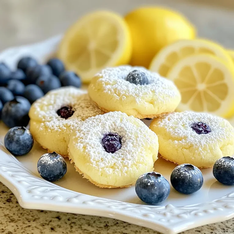 To make Lemon Blueberry Ricotta Cookies, gather these items: - 1 cup ricotta cheese - 1/2 cup unsalted butter, softened - 1 cup granulated sugar - 1 large egg - 1 teaspoon vanilla extract - Zest of 1 lemon - 2 tablespoons fresh lemon juice - 2 cups all-purpose flour - 1 teaspoon baking powder - 1/2 teaspoon baking soda - 1/4 teaspoon salt - 1 cup fresh blueberries (or frozen, thawed and drained) Each ingredient plays a key role in the cookie's texture and flavor: - Ricotta cheese adds moisture and richness. - Butter provides a soft, tender crumb. - Sugar sweetens and helps with browning. - Egg binds the mix and adds structure. - Vanilla extract enhances flavor depth. - Lemon zest and juice bring bright, tangy notes. - Flour forms the base of the dough. - Baking powder and soda help the cookies rise. - Salt balances sweetness. - Blueberries add bursts of juicy flavor. You can adjust the recipe based on your needs: - Ricotta cheese can be swapped with cottage cheese. Just blend it until smooth. - Unsalted butter can be replaced with coconut oil for a dairy-free option. - Granulated sugar can be exchanged for brown sugar for added moisture and flavor. - All-purpose flour can be substituted with gluten-free flour blends. - Fresh blueberries can be replaced with other fruits like raspberries or chopped strawberries. These swaps let you customize the cookies while keeping them delicious! {{ingredient_image_1}} Start by gathering all your ingredients. You will need: - 1 cup ricotta cheese - 1/2 cup unsalted butter, softened - 1 cup granulated sugar - 1 large egg - 1 teaspoon vanilla extract - Zest of 1 lemon - 2 tablespoons fresh lemon juice - 2 cups all-purpose flour - 1 teaspoon baking powder - 1/2 teaspoon baking soda - 1/4 teaspoon salt - 1 cup fresh blueberries Now, preheat your oven to 350°F (175°C). Line a baking sheet with parchment paper. In a large bowl, mix the ricotta cheese and softened butter together. Beat until creamy. Next, add the granulated sugar. Blend until the mix is light and fluffy. Then, add the egg, vanilla extract, lemon zest, and lemon juice. Stir until everything combines well. In another bowl, whisk together the flour, baking powder, baking soda, and salt. Gradually add this dry mix to the wet mixture. Stir until just combined. Be careful not to overmix. Now, gently fold in the blueberries. Try not to break them. Using a cookie scoop, drop rounded balls of dough onto the prepared baking sheet. Make sure to space them about 2 inches apart. Bake for 12-15 minutes. Look for lightly golden edges, and the centers should look just set. After baking, remove the cookies from the oven. Let them cool on the baking sheet for about 5 minutes. This step helps them firm up a bit. Transfer the cookies to a wire rack. Let them cool completely there. For a lovely touch, dust the cooled cookies with powdered sugar. Serve them on a nice platter. You can also add a few fresh blueberries and lemon slices for decoration. This makes them look even more tempting! When baking Lemon Blueberry Ricotta Cookies, small errors can change the taste. Here are some common mistakes to watch for: - Overmixing the dough: Mix just until combined. Too much mixing makes cookies tough. - Using cold ingredients: Let butter and ricotta sit at room temperature. Cold ingredients do not blend well. - Skipping the lemon zest: Zest brightens the flavor. Do not skip it! To get the best texture for your cookies, follow these tips: - Measure flour correctly: Spoon flour into your measuring cup. Do not pack it down. - Use a cookie scoop: This helps make uniform-sized cookies. They bake evenly this way. - Do not overbake: Take cookies out when the edges are golden. The centers may seem soft but will firm up. You can make these cookies even better with simple enhancements: - Add lemon extract: A small splash boosts the lemon flavor. - Try different berries: Mix in raspberries or blackberries for a fun twist. - Top with glaze: A lemon glaze adds sweetness and shine. Just mix powdered sugar with lemon juice and drizzle over cooled cookies. Pro Tips Use Room Temperature Ingredients: Ensure your ricotta cheese and butter are at room temperature before mixing. This helps create a smoother batter and better texture in the cookies. Don’t Overmix the Dough: When combining the dry and wet ingredients, mix until just combined. Overmixing can lead to tough cookies instead of soft and tender ones. Fresh vs. Frozen Blueberries: If using frozen blueberries, make sure to thaw and drain them well to avoid excess moisture in the dough. Fresh blueberries provide the best flavor and texture. Cool Cookies Properly: Allow the cookies to cool on the baking sheet for a few minutes before transferring them to a wire rack. This helps them set and prevents them from breaking apart. {{image_2}} You can play with flavors in these cookies. Try adding a hint of almond extract instead of vanilla. This will give your cookies a lovely nutty taste. You can also mix in some lemon extract for a stronger lemon flavor. Don't be afraid to experiment! For gluten-free cookies, swap all-purpose flour with a 1-to-1 gluten-free blend. Make sure it has xanthan gum for the best texture. If you want a vegan version, use a plant-based ricotta. You can replace the egg with 1/4 cup of unsweetened applesauce. These changes still give you tasty treats. Blueberries are a classic choice, but other fruits can shine here too. Try chopped strawberries or raspberries for a fun twist. You can even use diced peaches or cherries. Just remember to adjust the amount so your dough stays balanced. Adding different fruits can make each batch unique and exciting! To keep your lemon blueberry ricotta cookies fresh, place them in an airtight container. This helps maintain their soft texture and bright flavor. You can layer the cookies with parchment paper to prevent sticking. Store them at room temperature for the best taste. If you want to enjoy these cookies later, freezing is a great option. Start by cooling the cookies completely. Then, place them in a single layer on a baking sheet. Freeze for about one hour. Once frozen, transfer them to a freezer-safe bag or container. They will stay fresh for up to three months. These cookies are best enjoyed within a week. After that, they may start to lose flavor and moisture. To check for freshness, look for any signs of dryness or hard texture. If they feel a bit dry, a quick microwave zap for 5 seconds can help revive them. To make cookies soft and chewy, use ricotta cheese and butter. Ricotta adds moisture. Make sure you do not overmix the dough. This keeps the cookies tender. Bake them just until the edges turn golden. Take them out while they are still soft in the center. They will firm up as they cool. Yes, you can use frozen blueberries. Just make sure to thaw and drain them first. This stops excess liquid from making the dough soggy. Gently fold them into the dough to keep them whole. This way, you still get those juicy bursts of flavor in each bite. If you need a substitute for ricotta cheese, try cottage cheese. Blend it until smooth for a similar texture. You can also use cream cheese, but it will make the cookies richer. Greek yogurt can work as well, giving a slight tang. Each option changes the flavor a bit, so choose based on your taste preference. In this post, we covered cookie ingredients, step-by-step baking, and useful tips. You learned how to avoid common mistakes and explore flavor variations. Using the right ingredients and methods ensures tasty results. Remember to store your cookies properly to keep them fresh longer. Baking is fun and rewarding. Enjoy making delicious cookies for friends and family. With practice, you will master the art of cookie making. Keep experimenting and have fun in the kitchen!