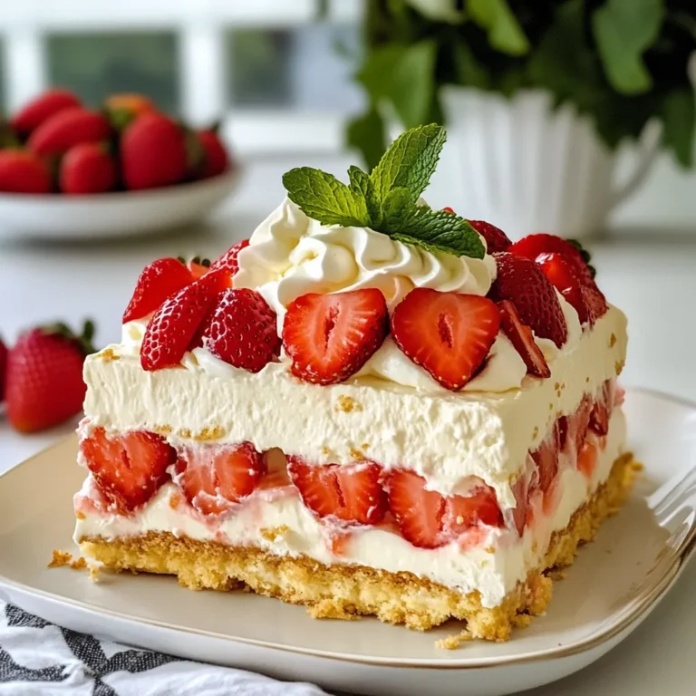 To make this easy and tasty dessert, you will need: - 2 cups strawberries, hulled and sliced - 1 cup heavy whipping cream - 8 oz cream cheese, softened - 1/2 cup powdered sugar - 1 teaspoon vanilla extract - 1 cup graham cracker crumbs - 1/2 cup unsalted butter, melted - A pinch of salt These ingredients create a creamy filling and a crunchy base. The strawberries add a sweet and fruity touch. You can make your cake look even better with some garnishes. Here are a few ideas: - Fresh mint leaves - Extra whipped cream - More sliced strawberries on top These garnishes can make your dessert pop with color and flavor. If you need to swap some ingredients, here are a few options: - Use shortbread cookies instead of graham crackers for a different crust. - Swap heavy cream with whipped topping if you want a lighter option. - Try flavored cream cheese, like strawberry or vanilla, for extra taste. These substitutions can help you customize your cake to fit your taste or dietary needs. {{ingredient_image_1}} Start by gathering your graham cracker crumbs. In a bowl, mix 1 cup of crumbs with 1/2 cup of melted unsalted butter. Add a pinch of salt to balance the flavors. Stir the mixture until it looks like wet sand. This base gives your icebox cake a delicious crunch. Spread the mixture evenly in the bottom of your rectangular dish. Next, take 8 oz of softened cream cheese and place it in a mixing bowl. Beat it with an electric mixer until smooth. Gradually add 1/2 cup of powdered sugar and 1 teaspoon of vanilla extract. Keep mixing until the filling is nice and fluffy. In a separate bowl, whip 1 cup of heavy cream until stiff peaks form. Gently fold this whipped cream into the cream cheese mixture. This makes the filling light and creamy. Now it’s time to build your cake! Start with the graham cracker base in your dish. Add a layer of the cream cheese filling on top. Use a spatula to smooth it out. Next, place a layer of sliced strawberries over the filling. Repeat this process: add more graham cracker crumbs, then more cream cheese filling, and more strawberries. Keep going until you use all your ingredients. Finish with a layer of strawberries on top. Cover the dish with plastic wrap and refrigerate. Let it chill for at least 4 hours or overnight. This step helps the cake set and makes it easy to slice. To get the best cream cheese, start with soft cream cheese. Leave it out for about 30 minutes. This makes it easy to mix. Use an electric mixer on medium speed. Beat until smooth with no lumps. Mix in powdered sugar and vanilla. This will create a creamy filling that tastes great. Whipping cream is simple but key to your cake's texture. Chill your bowl and beaters first. This helps the cream whip faster. Pour the heavy cream into the cold bowl. Start on low speed, then increase to high. Whip until stiff peaks form. This means the cream holds its shape. Be gentle when folding the whipped cream into the cheese mix. You want to keep the air in for a light texture. Layering is fun and easy with this cake. Start with graham cracker crumbs at the bottom. Press them down lightly to form a base. Follow with the cream cheese filling. Use a spatula to spread it evenly. Then, add a layer of sliced strawberries. Keep repeating these layers until you run out. Finish with strawberries on top for a pretty look. Cover the dish tightly and chill for at least 4 hours. This helps the layers blend and set nicely. Pro Tips Use Fresh Strawberries: Opt for ripe, fresh strawberries as they add the best flavor and sweetness to your icebox cake. Avoid overripe or mushy berries for a more appealing texture. Chill the Cream Cheese: Ensure your cream cheese is softened but still slightly chilled; this helps achieve a smoother, creamier texture when mixing it with the whipped cream. Layering Technique: For even distribution of flavors, be sure to spread each layer evenly. Use an offset spatula to smooth out the cream cheese filling for a neat appearance. Let it Set Overnight: While 4 hours is sufficient, letting the cake set overnight in the fridge enhances the flavors and allows the layers to meld beautifully. {{image_2}} You can switch up the fruit to make this cake your own. Instead of strawberries, try raspberries or blueberries. They add a nice tartness. Peaches or mangoes can also work well. Just slice them thin and layer them like you do with strawberries. Each fruit brings its own flavor and color. Feel free to mix fruits for a fun twist! If you need a gluten-free cake, use gluten-free graham crackers. You can also make your own crust using ground nuts or oats. Just ensure these are gluten-free. The flavor still shines through, and the cake remains just as tasty. This way, everyone can enjoy this dessert. Adding flavors can make this cake even better. You can mix in a bit of lemon juice or zest into the cream cheese filling. This gives a nice, fresh taste. You can also use chocolate crumbs instead of graham crackers for a chocolatey base. Experiment with your favorite flavors to create your own version! To keep your Strawberry Cheesecake Icebox Cake fresh, cover it tightly with plastic wrap. This helps keep it moist and protects it from other smells in the fridge. You can also use an airtight container. Store the cake in the fridge for up to three days. You can freeze this icebox cake for later enjoyment. First, cut it into individual squares. Wrap each square in plastic wrap, then place them in a freezer-safe bag. This way, you can grab a slice whenever you want! The cake can stay in the freezer for up to three months. When you are ready to eat, thaw it in the fridge overnight. Store your cake in the fridge for up to three days. If frozen, eat it within three months for the best taste. Serve the cake chilled for a refreshing dessert. Add extra whipped cream and mint leaves on top for a lovely look. Enjoy every bite of your tasty treat! Strawberry Cheesecake Icebox Cake lasts about 3 to 5 days in the fridge. Keep it covered with plastic wrap to keep it fresh. The flavors meld nicely over time, making each bite even more delicious. Just make sure to check for any signs of spoilage before serving. Yes, you can use low-fat cream cheese. It will change the taste and texture a bit. The cake may not be as creamy, but it still tastes great. Many people enjoy a lighter version, and it can still be a hit at gatherings. You can add many toppings to make your cake unique. Here are some great options: - Sliced bananas - Blueberries - Chopped nuts - Chocolate shavings - Coconut flakes Feel free to mix and match to suit your taste. These toppings add color and flavor, making each slice special. In this article, I shared how to make a delicious Strawberry Cheesecake Icebox Cake. You learned about key ingredients, optional garnishes, and substitutes. I walked you through each step, from the graham cracker base to perfect layers. I offered tips for getting the cream cheese just right and shared variations for personal tastes. Storing and serving your cake is easy. Enjoy making your own Icebox Cake and feel free to customize it!