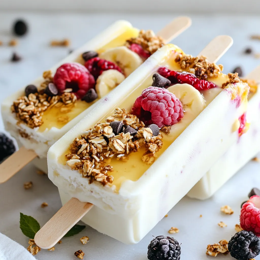- 2 cups Greek yogurt (plain or flavored) - 1 cup mixed berries (strawberries, blueberries, raspberries) - 2 tablespoons honey or maple syrup - 1 teaspoon vanilla extract - 1 cup granola - 1 ripe banana, sliced - Mini chocolate chips (for garnish) - Additional fruits or toppings Greek yogurt is a powerhouse of nutrition. - High in protein: It can help build muscle and keep you full. - Probiotics for gut health: These good bacteria support your digestion. - Low in sugar options available: You can find choices that fit your diet. Using Greek yogurt in these parfait pops not only adds creaminess, but also gives you vital nutrients. This makes these treats both tasty and healthy. Enjoy the burst of flavors from the fruits and the crunch from the granola. You’ll love how easy it is to make something so good for you! {{ingredient_image_1}} 1. Layering Process: Start by mixing Greek yogurt, honey, and vanilla. Blend until smooth. This base will give your pops a creamy texture. 2. First Layer: Spoon a layer of yogurt into the bottom of your popsicle molds. This layer should be about one-third full. 3. Fruit Layer: Add a layer of mixed berries and some banana slices on top of the yogurt. This adds natural sweetness and flavor. 4. Next Yogurt Layer: Add another layer of yogurt over the fruit. Pack it down gently to hold everything together. 5. Granola Layer: Sprinkle a layer of granola on top of the yogurt. This adds a crunchy texture. 6. Repeat: Keep layering until you reach the top of the molds. Finish with yogurt and a sprinkle of chocolate chips if desired. 7. Insert Sticks: Place popsicle sticks in the molds. Cover the molds if they have lids. This helps prevent ice crystals. 1. Freezing Time: Freeze your pops for at least 4 to 6 hours. This ensures they freeze solid. 2. Check for Doneness: After freezing, check if the pops feel firm. If they are soft, they need more time. 3. Storing Pops: Store pops in an airtight container in the freezer. This keeps them fresh and prevents freezer burn. 1. Removing Pops: To take pops out of the molds, run them under warm water for a few seconds. Gently pull them out. 2. Serving Temperature: Serve your pops straight from the freezer. This keeps them cold and refreshing. 3. Presentation Ideas: Place pops on a colorful platter. Add fresh berries and a drizzle of honey on top. This makes them look even more delicious! To get that creamy texture in your Greek yogurt parfait pops, use full-fat Greek yogurt. It gives a rich taste and smooth feel. Mix your yogurt with honey or maple syrup for sweetness. This helps create a great blend. Freezer burn can ruin your pops. To prevent this, cover the molds tightly. You can also use plastic wrap to seal them. Make sure no air can get in. This keeps your pops fresh and tasty. Layering is key for a pretty look. Start with yogurt, then add fruit, and repeat. This way, you see all the colors when you take a bite. Use a spoon to pack each layer down well. This helps the pops hold their shape. Fruits can change with the seasons. In summer, use strawberries and blueberries. In fall, try apples and cinnamon. Mixing fruits gives your pops a fresh twist. For extra crunch, add toppings. You can use granola or nuts on top. They add texture and flavor. Mini chocolate chips are a fun option too. They give a sweet touch to every bite. Flavored yogurt can add variety. You can find yogurt with berry or vanilla flavors. This can change the taste of your pops. It makes them even more fun and exciting. To make your pops healthier, cut back on sugar. Use less honey or maple syrup. You can also swap yogurt for a low-sugar version. This helps keep the taste without all the sugar. If you want a dairy-free treat, use almond or coconut yogurt. These options are creamy and tasty. They work well for your pops. Adding nuts or seeds boosts nutrition. Chia seeds or almonds can give extra protein and healthy fats. Mix them in with the yogurt or sprinkle them on top for a crunchy finish. Pro Tips Choose the Right Yogurt: For a creamier texture, opt for full-fat Greek yogurt. If you're watching your calories, low-fat options work well too. Layering Technique: When layering the pops, press down each layer gently to eliminate air pockets. This ensures that the pops hold together when frozen. Customization: Feel free to swap out the fruits based on seasonal availability. Peaches, mangoes, or even kiwi can add a delightful twist! Perfect Removal: If you're having trouble getting the pops out of the molds, run warm water over the outside of the molds for a few seconds to loosen them. {{image_2}} You can change the fruit in your Greek yogurt parfait pops to match the seasons. - Summer berry parfait pops: Use fresh strawberries, blueberries, and raspberries. These bright berries add a burst of flavor and color. - Winter citrus pops: Try oranges and grapefruits for a zesty twist. The citrus will brighten up your day during the cold months. - Fall-inspired apple and cinnamon pops: Mix in diced apples and a sprinkle of cinnamon. This combo gives a warm and cozy feel to your treat. These pops can fit many diets. Here are some ideas: - Vegan Greek yogurt parfait pops: Use coconut yogurt instead of dairy yogurt. This keeps the pops creamy and dairy-free. - Gluten-free granola options: Choose granola that is marked gluten-free. There are many tasty brands to enjoy. - Nut-free variations: Skip the granola or select nut-free granola. This way, you can keep it safe for those with nut allergies. Get creative with flavors for your parfait pops. Here are some fun ideas: - Tropical coconut and pineapple pops: Add crushed pineapple and coconut yogurt for a sweet tropical vibe. This is like a vacation in a pop. - Chocolate banana flavor: Layer banana slices with chocolate yogurt. You can even add mini chocolate chips for extra sweetness. - Coffee or mocha layered pops: Mix coffee into the yogurt for a rich flavor. It’s a fun pick-me-up for coffee lovers. These variations keep your Greek yogurt parfait pops exciting and fresh. Enjoy trying different combinations! To keep your yogurt fresh, store it in an airtight container. This helps prevent odors. If you have leftover fruits, wash and dry them well. Store berries in a breathable container. This keeps them from getting mushy. Granola can lose its crunch. Keep it in a sealed bag or container away from moisture. You can store Greek yogurt parfait pops for up to two months in the freezer. Make sure to wrap them tightly in plastic wrap or foil. This prevents freezer burn. You can also use a freezer-safe bag. Remove as much air as possible before sealing. This keeps the pops fresh for longer. Check your pops for ice crystals or freezer burn. These signs mean they may not taste good. If the yogurt smells sour or off, do not eat it. For fruits, look for mold or a change in color. Always follow safe handling practices. Wash your hands before touching food and check expiration dates. Greek Yogurt Parfait Pops can last for about two months in the freezer. To keep them fresh, store pops in airtight containers or wrap them well. This will help prevent freezer burn and keep the flavors intact. Always label your pops with the date so you can enjoy them at their best. Yes, you can use other types of yogurt for this recipe. Non-dairy options like coconut or almond yogurt work great too. Just make sure to pick a yogurt that you enjoy. The flavor might change, but the pops will still be tasty. You can also try low-fat or Greek-style yogurt for added creaminess. If you want to switch up the granola, try using crushed nuts or seeds. They add nice crunch and flavor. You can also use puffed rice or cereal for a lighter texture. Dried fruits, like raisins or cranberries, can add sweetness too. Feel free to mix and match your favorite toppings! Making Greek yogurt parfait pops is easy and fun. You learned about the main ingredients like Greek yogurt, mixed berries, and honey. I shared steps for preparing and freezing these treats. We explored tips for texture and flavor, plus variations for every season and dietary need. In conclusion, these pops are tasty and healthy. They make a great snack or dessert. With simple steps, you can enjoy homemade parfait pops anytime. Try different fruits and toppings to make them your own!