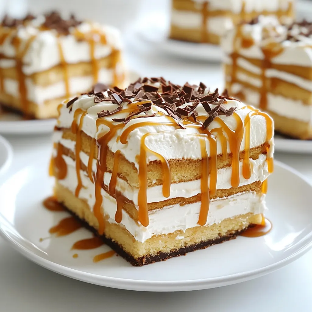 To make a delicious Caramel Macchiato Icebox Cake, you need these key ingredients: - 2 cups heavy cream - 1 cup mascarpone cheese - 1/2 cup powdered sugar - 1 teaspoon vanilla extract - 1 cup strong brewed coffee, cooled - 1/2 cup caramel sauce - 24 ladyfinger cookies - 1 cup chocolate shavings for garnish - Extra caramel sauce for drizzling (optional) Each ingredient plays a big role in creating the rich flavor and creamy texture of this dessert. The heavy cream and mascarpone cheese give it a smooth and rich base. The coffee brings in that classic caramel macchiato taste. Lastly, the ladyfingers soak up the coffee and add a nice cake-like layer. You can personalize this dessert to fit your taste. Here are some optional ingredients you might consider: - A sprinkle of sea salt for a salted caramel touch - Espresso powder for a stronger coffee flavor - Flavored liqueurs like coffee or hazelnut for added depth - Fresh fruit, like sliced bananas or berries, to add freshness These options can help you create a unique version of this cake. Feel free to mix and match based on what you love. If you can’t find something on the list, don’t worry. Here are some substitutes you can use: - Swap heavy cream for whipped topping for a lighter option. - Use cream cheese instead of mascarpone if you want a tangier flavor. - Replace ladyfingers with sponge cake or graham crackers for a different texture. - Use homemade caramel sauce if you want to control the sweetness. These substitutions can make the recipe work for you, no matter the situation. Always feel free to experiment! Start by whipping 2 cups of heavy cream in a large bowl. Use an electric mixer on high speed. Whip until soft peaks form. In a separate bowl, mix 1 cup of mascarpone cheese, 1/2 cup of powdered sugar, and 1 teaspoon of vanilla extract. Blend these ingredients gently until smooth. Now, fold the whipped cream into the mascarpone mixture. Do this carefully to keep the fluffy texture. Next, take 1 cup of strong brewed coffee that’s cooled. Pour it into a shallow dish. Dip each ladyfinger cookie in the coffee briefly. Make sure they soak just a little. You don’t want them too soggy. Once dipped, place the soaked ladyfingers at the bottom of a rectangular or square baking dish. This will form your first layer. Now it’s time to build your cake. Spread a layer of the mascarpone mixture over the ladyfingers. Drizzle 1/4 cup of caramel sauce on top. Repeat the process. Add another layer of dipped ladyfingers, followed by more mascarpone, and another drizzle of caramel. Keep layering until you finish all the ladyfingers and mascarpone. End with a layer of mascarpone on top. Cover the dish with plastic wrap and refrigerate. Chill for at least 4 hours, but overnight is best. This helps the flavors mix. Before serving, garnish with chocolate shavings and extra caramel sauce if you like. To whip cream well, start with cold heavy cream. Use a clean bowl. An electric mixer on high speed works best. Whip until soft peaks form. This means the cream should hold its shape but still be smooth. Watch closely to avoid over-whipping. If you go too far, the cream can turn to butter. Dipping ladyfingers is key. Quickly soak each cookie in cooled coffee. Don't let them sit too long. A quick dip will keep them firm. If they soak too long, they become mushy. You want them soft but not falling apart. This gives the cake a nice texture. Chill the assembled cake for at least four hours. Overnight is even better. This time helps the flavors mix well. It also allows the ladyfingers to soften just right. If you rush this step, the cake may not set properly. Patience pays off, leading to a delicious dessert! {{image_2}} You can make this cake even more special by adding liqueurs. Try using coffee liqueur for a deeper flavor. You can also use hazelnut liqueur for a nutty twist. Just mix a little liqueur into your coffee before dipping the ladyfingers. This small change adds a new layer of taste. If you need a gluten-free option, use gluten-free ladyfingers. Many brands offer these cookies, and they taste great. You can also try gluten-free graham crackers. Just make sure they are firm enough to hold the layers. Soak them briefly in coffee to keep them from getting too soft. Change up the flavors to match the seasons. For fall, add pumpkin puree and spices like cinnamon and nutmeg to the mascarpone. This gives a warm, cozy feel. In winter, try peppermint extract mixed into the cream. Top with crushed candy canes for a festive crunch. Both variations keep the spirit of this cake while adding new flavors. To keep your Caramel Macchiato Icebox Cake fresh, store it in the fridge. Use an airtight container or cover it tightly with plastic wrap. This keeps the cake moist and tasty for up to three days. If you have more than you can eat, you can freeze it. Just remember, the cream layers may change a bit in texture. To freeze your icebox cake, first slice it into squares. This makes it easier to grab a piece later. Wrap each slice in plastic wrap, then place them in a freezer-safe bag. Make sure to remove as much air as possible. You can freeze the cake for up to three months. When you're ready to enjoy your frozen cake, take it out of the freezer. Let it sit in the fridge overnight to thaw slowly. If you're short on time, you can leave it at room temperature for about an hour. Once thawed, you might want to add a drizzle of fresh caramel sauce. This gives it a nice touch and makes it taste fresh again. Yes, you can make this dessert a day in advance. In fact, it tastes even better after sitting overnight. The flavors blend nicely when the cake chills for a longer time. Just cover it well with plastic wrap to keep it fresh. You can store the Caramel Macchiato Icebox Cake in the fridge for about three days. Make sure to keep it covered. After three days, it may lose its texture and taste. For best results, enjoy it within those days. Yes, you can use other cookies. If you want a gluten-free option, try almond cookies or gluten-free wafers. Just ensure they can soak up coffee without falling apart. Experimenting with different cookies can give the cake a new twist! This blog post covered how to make a Caramel Macchiato Icebox Cake. We explored essential and optional ingredients that you can use. The step-by-step guide helps you prepare, layer, and assemble the cake easily. I shared tips to whip cream well and keep ladyfingers from getting soggy. You can even try fun variations and learn the best ways to store leftovers. Enjoy this treat for any occasion, and feel free to experiment. Your cake will impress everyone with its taste and presentation!