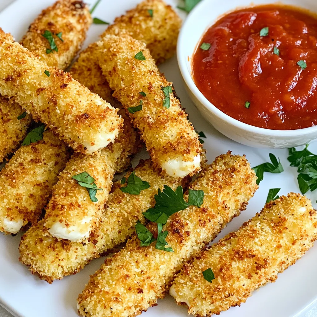 - 12 mozzarella cheese sticks - 1 cup all-purpose flour - 2 large eggs, beaten - 1 cup panko breadcrumbs - 1 teaspoon garlic powder - 1 teaspoon Italian seasoning - 1/2 teaspoon paprika - Salt and pepper to taste - Cooking spray - Air fryer - Baking sheet Gather all your ingredients before you start. This will make your cooking easier and faster. The mozzarella cheese sticks are the star of the dish. Choose good-quality cheese for the best flavor. I prefer panko breadcrumbs because they give a nice crunch. For seasoning, garlic powder and Italian seasoning add depth. Paprika gives a hint of smokiness. Don’t forget the salt and pepper. They enhance the taste of your sticks. You will need cooking spray to ensure they crisp up nicely. An air fryer is key for that golden, crunchy texture. Finally, a baking sheet helps with freezing the sticks before cooking. With these ingredients and tools ready, you are set for a fun cooking adventure! {{ingredient_image_1}} First, gather your three shallow dishes. In the first dish, add 1 cup of all-purpose flour. This will help the cheese sticks stick better. In the second dish, beat 2 large eggs until mixed well. This egg wash gives the sticks a nice coating. In the third dish, mix 1 cup of panko breadcrumbs with 1 teaspoon of garlic powder, 1 teaspoon of Italian seasoning, 1/2 teaspoon of paprika, and a pinch of salt and pepper. This will add great flavor to your sticks. Now, take each mozzarella stick. Dip it first into the flour, making sure it’s fully covered. Shake off any extra flour. Next, dip the floured stick into the beaten eggs. Let any excess egg drip off. Finally, roll the stick in the seasoned breadcrumbs, pressing gently to make sure the breadcrumbs stick. Repeat this process for all 12 mozzarella sticks. Once all the sticks are breaded, place them on a baking sheet. Freeze them for at least 30 minutes. This step is very important. It helps the cheese keep its shape while cooking. While they freeze, preheat your air fryer to 390°F (200°C) for about 5 minutes. After preheating, spray the air fryer basket lightly with cooking spray. Arrange the frozen mozzarella sticks in one layer, ensuring they don’t touch. Cook them in the air fryer for 6-8 minutes. Flip the sticks halfway through cooking for even browning. When they are golden brown and crispy, carefully remove them. Let them cool slightly before serving. To get that perfect crispiness, pay attention to your air fryer model. Different models cook at different speeds. Start with the suggested time of 6 to 8 minutes, but check for golden brown color. If your sticks need more time, add a minute or two. Keep an eye on them to avoid burning! A few simple mistakes can ruin your mozzarella sticks. First, make sure each stick has an even coating of flour, egg, and breadcrumbs. This helps them stay crispy. Second, do not overcrowd the basket. Leave space between each stick. This allows hot air to circulate, cooking them evenly. Want to spice up your mozzarella sticks? You can add more flavor to the panko. Try mixing in some dried herbs like oregano or basil. A pinch of cayenne pepper can add heat. You can also use different seasonings, like ranch powder or taco seasoning, for fun twists. Pro Tips Freezing is Key: Make sure to freeze the breaded mozzarella sticks for at least 30 minutes. This helps them maintain their shape and prevents the cheese from oozing out during cooking. Use Panko Breadcrumbs: Opt for panko breadcrumbs instead of regular breadcrumbs for an extra crispy texture. They add a delightful crunch to your mozzarella sticks! Don’t Overcrowd the Basket: Arrange the mozzarella sticks in a single layer in the air fryer basket to ensure even cooking. Overcrowding can lead to uneven browning. Experiment with Seasonings: Feel free to customize the seasoning blend in the panko breadcrumbs. Adding herbs or spices can elevate the flavor of your mozzarella sticks! {{image_2}} You can try other cheeses for your mozzarella sticks. Here are some tasty options: - Cheddar cheese: It melts well and gives a sharp flavor. - Gouda cheese: This adds a rich and smoky taste. - Pepper jack cheese: A spicy kick makes these sticks fun. - String cheese: Perfect if you want a classic taste. Each cheese brings its own twist to the dish. Experiment to find your favorite! If you need a gluten-free option, swap regular breadcrumbs with gluten-free breadcrumbs. They work just as well for coating. Here’s how to do it: - Use gluten-free all-purpose flour instead of regular flour. - Make sure your breadcrumbs are certified gluten-free. This way, you can enjoy crispy mozzarella sticks without the gluten. Want a vegan version? You can replace cheese and egg with plant-based options. Here’s what to use: - Substitute cheese sticks with vegan mozzarella. - Use flax eggs as a binder. Mix one tablespoon of ground flaxseed with three tablespoons of water. Let it sit for five minutes to thicken. These swaps keep the dish tasty and friendly for all diets! To store cooked mozzarella sticks, let them cool first. Place them in a container with a lid. Use parchment paper between layers to keep them from sticking. They stay fresh for up to three days in the fridge. To reheat mozzarella sticks, use the air fryer. Preheat it to 350°F (175°C). Place the sticks in the fryer basket in a single layer. Heat for about 3-5 minutes. This keeps them crispy and warm. If you want to freeze uncooked mozzarella sticks, prepare them as usual. After breading, place them on a baking sheet. Freeze them for about 30 minutes until firm. Then transfer to a freezer bag. They can last for up to three months in the freezer. When ready to cook, just air fry them straight from the freezer. Adjust the cooking time by a few minutes. Yes, you can make them ahead. Just bread the sticks and freeze them. This helps them keep their shape when cooking. You can store them in an airtight container for up to a month. When you're ready, just cook them straight from the freezer. Check for a golden brown color. They should be crispy on the outside. If you hear a nice crunch when you take a bite, they are ready. Cooking time is usually 6 to 8 minutes at 390°F (200°C). Flip them halfway for even cooking. Yes, but panko gives a crispier texture. Regular breadcrumbs work fine if you don’t have panko. If you use them, try adding a bit more seasoning to enhance the flavor. Marinara sauce is a classic choice. It adds great flavor and moisture. You can also try ranch dressing or a spicy aioli. These dips add extra excitement to your snack. Add some cayenne pepper to the seasoning mix. You can also serve with hot sauce or a spicy dip. For a bold twist, try using pepper jack cheese instead of mozzarella. You've learned how to make tasty Air Fryer mozzarella sticks from scratch. We covered the main ingredients, seasoned them well, and walked through easy steps. We discussed tips for crispiness, common mistakes, and how to add your own touch. I also shared fun variations for dietary needs and how to store leftovers. Enjoy making and sharing these delicious snacks. They are fun to cook and easy to love!