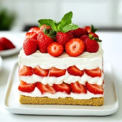 - 2 cups fresh strawberries, hulled and sliced - 1 cup heavy whipping cream - 1 cup sweetened condensed milk Fresh ingredients make this dessert shine. Strawberries are juicy and sweet. Heavy whipping cream adds a rich texture. Sweetened condensed milk gives the cake depth and sweetness. - 1 package (14 ounces) of graham crackers - 1/4 cup powdered sugar - 1 teaspoon vanilla extract - 1 tablespoon lemon juice Graham crackers are the base of the cake. They provide a crunchy layer. Powdered sugar sweetens the cream. Vanilla extract adds flavor. Lemon juice brightens the taste of the strawberries. - Fresh mint leaves for garnish - Sugar for macerating strawberries Fresh mint leaves make a nice touch. They add color and flavor. You can sprinkle sugar on the strawberries to enhance their sweetness. This step is optional but can make a tasty difference. - In a medium bowl, combine 2 cups of sliced strawberries with 1 tablespoon of lemon juice. - If you like, add 1 tablespoon of sugar to sweeten them. - Let the mixture sit for about 10-15 minutes. This helps the strawberries release their tasty juices. - In a large bowl, beat 1 cup of heavy whipping cream until it gets thick. - Slowly add 1 cup of sweetened condensed milk and 1 teaspoon of vanilla extract. - Keep beating until soft peaks form. This mixture will be creamy and light. - Start with a layer of graham crackers in a 9x13 inch baking dish. - Use a spatula to spread a layer of the cream mixture over the crackers. - Next, spoon a layer of the prepared strawberries on top of the cream. - Repeat these layers until you reach the top. Finish with a layer of cream and a few strawberries for a pretty touch. - Cover the dish with plastic wrap. - Place it in the fridge for at least 4 hours, or better yet, overnight. - Chilling is key. It helps the flavors mix and makes the graham crackers soft and tasty. Layering is key to the success of your Strawberry Shortcake Icebox Cake. Start with a clean baking dish. Use a 9x13 inch dish for the best fit. Place the graham crackers flat to cover the bottom. Ensure the cream mixture is spread evenly. Use a spatula to smooth the cream so it coats the crackers well. When adding strawberries, spoon them gently. This way, you keep their juices in the cream. The cream texture matters for this recipe. Whip the heavy cream until it forms soft peaks. Soft peaks mean the cream holds shape but is still fluffy. This gives your cake a light texture. Chill the cake for at least 4 hours, but overnight is best. This time allows the flavors to mix and the crackers to soften nicely. Involve your kids in making this cake. Let them help layer the graham crackers and cream. They can even arrange the strawberries on top. This makes cooking fun and teaches them about food. For a twist, use cookie cutters to shape the strawberries. This adds a playful touch to the layers. Enjoy the time together while making this tasty treat! {{image_2}} You can change up the fruit in this cake. While strawberries shine, other fruits work well, too. Try blueberries, raspberries, or peaches. Seasonal fruits are great choices. In summer, use fresh peaches. In fall, swap in apples or pears. Each fruit adds its own taste and color. If you want a lighter option, use whipped topping. It is easy and quick. Yogurt is another great choice. Greek yogurt adds creaminess and protein. For a vegan twist, try coconut cream or almond whipped cream. These options keep the cake rich and tasty without dairy. Add a splash of flavor to your cake. Vanilla extract is classic, but you can mix it up. Add almond or coconut extract for fun twists. Zest from lemons or oranges adds brightness. If you like chocolate, fold in mini chocolate chips or cocoa powder. These touches make the cake even more special. To keep the cake fresh, cover it with plastic wrap. This helps stop air from making it dry. Store it in the fridge for up to three days. If you want to keep the layers nice, avoid pressing down on the cake when wrapping it. To maintain texture, try not to let the cake sit too long in the fridge. The graham crackers will get mushy if left too long. If you see any extra juices from the strawberries, you can gently drain them before serving. This will keep the cake from getting too soggy. Can you freeze Icebox Cake? Yes, you can! Just slice the cake into squares and wrap each piece tightly in plastic wrap. Then, place the wrapped pieces in a freezer-safe bag. This way, you can enjoy a slice later. When you want to serve it, take the cake out of the freezer. Let it thaw in the fridge for about two hours. If you need it faster, you can thaw it at room temperature for about 30 minutes. Serve it chilled for the best taste and texture. For pairing ideas, I love to serve this cake with a scoop of vanilla ice cream. It adds a nice creaminess. You can also drizzle some chocolate sauce on top for a fun twist. For presentation, cut the cake into neat squares. Place them on a colorful plate and add some fresh mint leaves on top. This adds a splash of color and makes it look special. You can also sprinkle some extra strawberries around the plate for a fresh touch. Strawberry Shortcake Icebox Cake lasts about 3 to 5 days in the fridge. To store it, cover the dish tightly with plastic wrap. This keeps it fresh and prevents it from absorbing odors from other foods. I always recommend eating it within this time for the best taste and texture. Yes, you can make this recipe a day ahead. It tastes great when made early. Just let it chill in the fridge overnight. This extra time helps the flavors blend. I often prepare it the night before a gathering. It makes serving so easy. Yes, there are gluten-free graham cracker options available. Brands like Kinnikinnick and Schär offer gluten-free versions. You can also use gluten-free cookies like almond flour or coconut cookies. Just be sure to check the packaging to ensure they fit your diet. To cut the cake, use a sharp knife. Dip it into hot water, then wipe it dry before slicing. This technique helps create clean cuts. Make sure to cut through all layers, including the strawberries. Serve it in squares for a nice presentation. This blog post walks you through making a Strawberry Shortcake Icebox Cake. You learned about the right fresh and pantry ingredients. The step-by-step guide made it simple to prepare the cake. Tips helped with layering and texture. We also explored variations and storage options. In closing, this dessert is a fun treat for all. You can customize it to your taste. Enjoy making it with family and friends!
