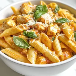 To make this tasty dish, gather these ingredients: - 8 oz penne pasta - 1 lb boneless, skinless chicken breast, diced - 2 tablespoons olive oil - 3 garlic cloves, minced - 1 can (14 oz) diced tomatoes, undrained - 1 cup heavy cream - 1 cup grated Parmesan cheese - 1 cup fresh basil leaves, chopped - Salt and pepper to taste - Red pepper flakes (optional, for heat) If you need to convert measurements, here are some quick tips: - 1 cup = 240 ml - 1 tablespoon = 15 ml - 1 ounce = 28 grams - 1 pound = 450 grams Choose quality ingredients for the best flavor. Here are some easy tips: - For chicken, look for bright pink meat with no odor. - Select pasta that is firm and has no broken pieces. - Pick tomatoes that are plump and bright in color. - Fresh basil should be vibrant green and fragrant. - Always check the expiration date on dairy products. Using fresh ingredients makes your Creamy Tomato Basil Chicken Penne shine! {{ingredient_image_1}} 1. Cook the Penne: Start by boiling a large pot of salted water. Add 8 ounces of penne pasta. Cook it according to the package instructions until it is al dente. Once done, drain and set it aside. 2. Sauté the Chicken: In a large skillet, heat 2 tablespoons of olive oil over medium-high heat. Add 1 pound of diced boneless, skinless chicken breast. Season with salt and pepper. Cook for about 6-8 minutes until the chicken is golden brown and cooked through. 3. Add Garlic and Tomatoes: Next, add 3 minced garlic cloves to the skillet. Sauté for about 1 minute until it smells great. Pour in 1 can of diced tomatoes (14 oz) with its juices. Let it simmer for 3-4 minutes. 4. Create the Creamy Sauce: Reduce the heat to medium-low. Stir in 1 cup of heavy cream. Cook for an extra 2-3 minutes, stirring now and then. 5. Mix in Cheese and Basil: Add 1 cup of grated Parmesan cheese and 1 cup of chopped fresh basil. Stir until the cheese melts and the sauce becomes creamy. If you like heat, sprinkle in some red pepper flakes. 6. Combine with Pasta: Toss the cooked penne pasta into the skillet. Mix gently to coat it in the creamy sauce. Taste and adjust the seasoning with salt and pepper if you want. 7. Serve: Remove the skillet from heat. Let it sit for one minute before serving. This helps the flavors come together. - Cooking Penne: 10 minutes - Sautéing Chicken: 6-8 minutes - Adding Garlic and Tomatoes: 5 minutes - Creating Creamy Sauce: 5 minutes - Mixing in Cheese and Basil: 3 minutes - Combining with Pasta: 2 minutes - Total Time: About 30 minutes For visual learners, check out this quick video guide on making Creamy Tomato Basil Chicken Penne. It walks you through each step with clear visuals. You can find helpful resources on platforms like YouTube. Search for "Creamy Tomato Basil Chicken Penne" to see the cooking process in action! To get that perfect creamy texture in your sauce, start with heavy cream. It gives richness and smoothness. Make sure to lower the heat before adding the cream. This helps prevent curdling. Stir the sauce gently as it cooks. Adding the Parmesan cheese gradually helps create a velvety finish. You can also mix in a splash of pasta water. This will help the sauce cling better to the penne. Cook the chicken on medium-high heat for the best results. This helps it brown well and stay juicy inside. Make sure the chicken is cut into even pieces. This ensures all pieces cook at the same rate. Use a meat thermometer to check doneness. The chicken should reach 165°F to be safe. Let the chicken rest for a few minutes after cooking. This keeps it moist and tender. One common mistake is overcooking the pasta. Follow the package instructions and cook it al dente. Another mistake is rushing the sauce. Let it simmer long enough to blend flavors. Avoid using cold cream; it can shock the sauce. Also, don’t skip tasting the dish. Adjust salt and pepper to your liking. These small details make a big difference in flavor. Pro Tips Use Fresh Basil: Always opt for fresh basil over dried for a more vibrant flavor that truly enhances the dish. Perfect Pasta Cooking: Make sure to cook your penne pasta just until al dente, as it will continue to cook slightly when combined with the sauce. Controlled Creaminess: If you prefer a lighter sauce, you can substitute half of the heavy cream with chicken broth for a delicious yet lower-calorie option. Adjust for Spice: For those who enjoy a bit of heat, don’t hesitate to add more red pepper flakes or even some hot sauce to kick up the flavor. {{image_2}} If you need a gluten-free option, use gluten-free penne pasta. There are many brands available. For a dairy-free version, try coconut cream instead of heavy cream. Also, use nutritional yeast in place of Parmesan cheese. It adds a cheesy flavor without dairy. These swaps keep the dish tasty for different diets. You can play with flavors by adding other herbs. Try oregano or thyme for a new taste. For a spicy kick, add more red pepper flakes. Fresh parsley or cilantro can also brighten the dish. Experiment with these herbs to find what you love best. If you want to change the protein, use shrimp or diced turkey. Both cook quickly and pair well with the sauce. For a vegetarian option, add chickpeas or sautéed mushrooms. They provide texture and flavor. These options make the dish versatile for any eater. To keep your Creamy Tomato Basil Chicken Penne fresh, store leftovers in an airtight container. Let the pasta cool before sealing it. Place the container in the fridge. Use the leftovers within three days for the best taste. You can freeze this dish if you want to save it for later. Place the cooled pasta in a freezer-safe container. It helps to separate the sauce and pasta. This way, the sauce stays creamy. You can freeze it for up to three months. Write the date on the container for easy tracking. When reheating, add a splash of milk or cream to keep it creamy. Heat it on low in a skillet, stirring gently. You can also use the microwave. Cover it with a damp paper towel to maintain moisture. Heat in short bursts, checking often to avoid overcooking. Enjoy your tasty meal! You can serve many sides with Creamy Tomato Basil Chicken Penne. Here are some ideas: - Garlic bread: It complements the creamy sauce well. - Caesar salad: The crisp greens balance the dish's richness. - Steamed broccoli: A healthy side that adds color and nutrition. - Roasted vegetables: They add great flavor and texture. To make this recipe ahead of time, follow these steps: 1. Prepare the chicken and sauce: Cook the chicken and sauce as directed. 2. Cool and store: Let the sauce cool, then store it in the fridge. 3. Cook pasta later: Cook the penne pasta just before serving. 4. Combine: When ready, heat the sauce and mix in the pasta. This way, you can enjoy a fresh meal in a short time! Yes! You can use different pasta types. Here are some options: - Fusilli: Its spiral shape holds the sauce well. - Farfalle: The bowtie shape adds fun to the dish. - Spaghetti: A classic choice that works nicely. - Gluten-free pasta: Great for those with dietary needs. Feel free to choose what you like best! In summary, we explored how to make Creamy Tomato Basil Chicken Penne. We covered ingredients, step-by-step cooking, and tips for perfection. Remember to choose fresh items and avoid common mistakes. You can also tweak the recipe for dietary needs or preferences. Lastly, store leftovers properly to enjoy later. With just a few steps and tricks, you can make a delicious meal that satisfies your taste buds. Happy cooking!