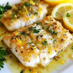 To make Lemon Garlic Butter Cod, you will need: - 4 cod fillets (about 6 oz each) - 3 tablespoons unsalted butter - 3 garlic cloves, minced - Zest and juice of 1 lemon - 1 teaspoon fresh thyme leaves - Salt and pepper to taste - Fresh parsley, chopped (for garnish) - Lemon slices (for garnish) You can add some fun flavors to enhance your dish. Consider these options: - A pinch of red pepper flakes for heat. - Capers for a briny bite. - Fresh dill for a fresh twist. - Cherry tomatoes for sweetness and color. These additions can bring a new dimension to your Lemon Garlic Butter Cod. Choosing the right cod is key for a tasty dish. Here are some tips: - Look for cod with a bright, clean smell. It should not smell fishy. - The flesh should be firm and slightly translucent. - Check for moist skin and avoid any discoloration. - If possible, buy from a trusted fishmonger. They often have the freshest options. Fresh cod makes this recipe shine. Enjoy the bright flavors of lemon and garlic with your perfectly selected cod! {{ingredient_image_1}} First, take your cod fillets and pat them dry. Use a paper towel to remove any moisture. This step helps the cod to sear well. Next, season both sides with salt and pepper. You want to taste the fish, so don’t skip this. Now, let’s make the garlic butter sauce. Grab a medium skillet and set it over medium heat. Add three tablespoons of unsalted butter. Wait for the butter to melt. Then, add three minced garlic cloves. Sauté for one to two minutes. You want the garlic fragrant, not browned. Once the garlic smells good, stir in the lemon zest and juice. This adds a bright flavor. Also, toss in one teaspoon of fresh thyme leaves. Mix everything well to combine. Your sauce should look rich and golden. Increase the heat to medium-high. Carefully place the seasoned cod fillets in the skillet. Cook each fillet for about four to five minutes on one side. You’ll know it’s ready when it looks opaque. Flip the fillets over and cook the other side. During the last minute, spoon some garlic butter sauce over the fish. This adds extra flavor. When the cod flakes easily with a fork, it’s done. Use a spatula to transfer the cod to a serving plate. Drizzle the remaining garlic butter sauce over the top. Garnish with fresh parsley and lemon slices for a pop of color. Enjoy your delightful Lemon Garlic Butter Cod! To get the best flavor from your cod, use fresh ingredients. Fresh thyme and garlic make a huge difference. Choose a bright lemon for zest and juice. Always taste your garlic butter sauce as you cook. Adjust salt and pepper to your liking. This will ensure a bold taste in every bite. Cooking cod is simple if you follow a few tricks. First, pat the fillets dry before seasoning. This helps them sear nicely. Use a medium-high heat for the skillet. This will cook the fish quickly and keep it moist. Flip the fillets gently to avoid breaking them. Cook until the fish is opaque and flakes easily. Spoon extra sauce over the cod for added flavor. Serving this dish is easy and fun. Place the cod on a nice plate. Drizzle some of the garlic butter sauce on top. Garnish with fresh parsley and lemon slices. This adds color and freshness. Serve with a side of steamed veggies or rice. You can also pair it with a light salad. These sides balance the rich flavors of the cod. Pro Tips Choose Fresh Cod: Always opt for fresh, high-quality cod fillets for the best flavor and texture. Check for bright eyes and a mild ocean smell when buying. Don’t Overcook: Cod cooks quickly and can become dry if overcooked. Keep an eye on it and remove from heat once it flakes easily with a fork. Enhance the Flavor: For an extra punch, add a splash of white wine or a teaspoon of capers to the garlic butter sauce while cooking. Serve with Sides: Pair your cod with a light salad or steamed vegetables to complement the rich flavors of the garlic butter sauce. {{image_2}} You can change up the flavor of your Lemon Garlic Butter Cod. Instead of cod, try tilapia or halibut. Both fish have a mild taste and cook well. You can also add some heat! A pinch of red pepper flakes gives the dish a nice kick. For more zest, try adding capers or olives. They add a salty, briny flavor that works well with the lemon. If you want a healthier option, swap out the butter for olive oil. Olive oil has good fats and brings a rich flavor. You can also use less butter if you prefer. Instead of fresh thyme, dried thyme works too, but use less. About a third of the amount is all you need. Another option is to add fresh spinach or kale for a nutrient boost. You can easily adapt this recipe for other fish. For salmon, you may need to cook it a bit longer since it's thicker. Just make sure it flakes easily. If using shrimp, reduce the cooking time to just a few minutes. They cook fast and become rubbery if overcooked. Always adjust cooking times based on the fish type to keep it tender and juicy. After enjoying your Lemon Garlic Butter Cod, store any leftovers in an airtight container. Place the cod in the fridge within two hours of cooking. This keeps it safe and fresh. It will last for about two days. Make sure to cover it well to keep moisture in and flavors intact. When you're ready to eat your leftovers, reheat them gently. The best way is to use a skillet. Heat it on low, adding a small amount of butter or oil. Place the cod in the skillet and warm it for about three to four minutes. This helps maintain the juicy texture and delicious flavors. You can also reheat in the microwave, but be careful not to overcook it. If you want to keep your cod for longer, freezing is a great option. Wrap each fillet tightly in plastic wrap. Then, place them in a freezer-safe bag or container. Make sure to remove as much air as possible. This helps prevent freezer burn. Your cod can stay fresh in the freezer for up to three months. When you're ready to use it, thaw it in the fridge overnight before reheating. Yes, you can use frozen cod. Just make sure to thaw it first. Place the frozen fillets in the fridge overnight. If you're in a hurry, you can run cold water over the cod for quicker thawing. Cooking times might vary slightly, so check for doneness. Lemon Garlic Butter Cod goes well with many sides. Here are some tasty options: - Steamed broccoli - Roasted asparagus - Garlic mashed potatoes - Quinoa salad - Rice pilaf These sides will complement the cod's flavors and make your meal complete. Cod is fully cooked when it is opaque and flakes easily with a fork. It should have an internal temperature of 145°F. Use a fork to test if it breaks into flakes. If it does, you’re good to go! Reach for that lemon butter sauce, and enjoy! In this blog post, I covered how to make delicious Lemon Garlic Butter Cod. We discussed the key ingredients, helpful cooking steps, and tips for perfect flavor. I also shared ways to adapt the recipe for different tastes and how to store leftovers. You now have the tools to create this tasty dish at home. Remember, fresh ingredients and careful cooking bring out the best taste. Enjoy your cooking adventure with cod, and impress your family and friends!