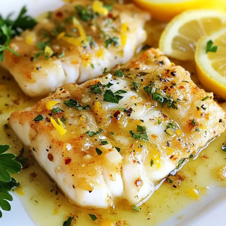 To make Lemon Garlic Butter Cod, you will need: - 4 cod fillets (about 6 oz each) - 3 tablespoons unsalted butter - 3 garlic cloves, minced - Zest and juice of 1 lemon - 1 teaspoon fresh thyme leaves - Salt and pepper to taste - Fresh parsley, chopped (for garnish) - Lemon slices (for garnish) You can add some fun flavors to enhance your dish. Consider these options: - A pinch of red pepper flakes for heat. - Capers for a briny bite. - Fresh dill for a fresh twist. - Cherry tomatoes for sweetness and color. These additions can bring a new dimension to your Lemon Garlic Butter Cod. Choosing the right cod is key for a tasty dish. Here are some tips: - Look for cod with a bright, clean smell. It should not smell fishy. - The flesh should be firm and slightly translucent. - Check for moist skin and avoid any discoloration. - If possible, buy from a trusted fishmonger. They often have the freshest options. Fresh cod makes this recipe shine. Enjoy the bright flavors of lemon and garlic with your perfectly selected cod! {{ingredient_image_1}} First, take your cod fillets and pat them dry. Use a paper towel to remove any moisture. This step helps the cod to sear well. Next, season both sides with salt and pepper. You want to taste the fish, so don’t skip this. Now, let’s make the garlic butter sauce. Grab a medium skillet and set it over medium heat. Add three tablespoons of unsalted butter. Wait for the butter to melt. Then, add three minced garlic cloves. Sauté for one to two minutes. You want the garlic fragrant, not browned. Once the garlic smells good, stir in the lemon zest and juice. This adds a bright flavor. Also, toss in one teaspoon of fresh thyme leaves. Mix everything well to combine. Your sauce should look rich and golden. Increase the heat to medium-high. Carefully place the seasoned cod fillets in the skillet. Cook each fillet for about four to five minutes on one side. You’ll know it’s ready when it looks opaque. Flip the fillets over and cook the other side. During the last minute, spoon some garlic butter sauce over the fish. This adds extra flavor. When the cod flakes easily with a fork, it’s done. Use a spatula to transfer the cod to a serving plate. Drizzle the remaining garlic butter sauce over the top. Garnish with fresh parsley and lemon slices for a pop of color. Enjoy your delightful Lemon Garlic Butter Cod! To get the best flavor from your cod, use fresh ingredients. Fresh thyme and garlic make a huge difference. Choose a bright lemon for zest and juice. Always taste your garlic butter sauce as you cook. Adjust salt and pepper to your liking. This will ensure a bold taste in every bite. Cooking cod is simple if you follow a few tricks. First, pat the fillets dry before seasoning. This helps them sear nicely. Use a medium-high heat for the skillet. This will cook the fish quickly and keep it moist. Flip the fillets gently to avoid breaking them. Cook until the fish is opaque and flakes easily. Spoon extra sauce over the cod for added flavor. Serving this dish is easy and fun. Place the cod on a nice plate. Drizzle some of the garlic butter sauce on top. Garnish with fresh parsley and lemon slices. This adds color and freshness. Serve with a side of steamed veggies or rice. You can also pair it with a light salad. These sides balance the rich flavors of the cod. Pro Tips Choose Fresh Cod: Always opt for fresh, high-quality cod fillets for the best flavor and texture. Check for bright eyes and a mild ocean smell when buying. Don’t Overcook: Cod cooks quickly and can become dry if overcooked. Keep an eye on it and remove from heat once it flakes easily with a fork. Enhance the Flavor: For an extra punch, add a splash of white wine or a teaspoon of capers to the garlic butter sauce while cooking. Serve with Sides: Pair your cod with a light salad or steamed vegetables to complement the rich flavors of the garlic butter sauce. {{image_2}} You can change up the flavor of your Lemon Garlic Butter Cod. Instead of cod, try tilapia or halibut. Both fish have a mild taste and cook well. You can also add some heat! A pinch of red pepper flakes gives the dish a nice kick. For more zest, try adding capers or olives. They add a salty, briny flavor that works well with the lemon. If you want a healthier option, swap out the butter for olive oil. Olive oil has good fats and brings a rich flavor. You can also use less butter if you prefer. Instead of fresh thyme, dried thyme works too, but use less. About a third of the amount is all you need. Another option is to add fresh spinach or kale for a nutrient boost. You can easily adapt this recipe for other fish. For salmon, you may need to cook it a bit longer since it's thicker. Just make sure it flakes easily. If using shrimp, reduce the cooking time to just a few minutes. They cook fast and become rubbery if overcooked. Always adjust cooking times based on the fish type to keep it tender and juicy. After enjoying your Lemon Garlic Butter Cod, store any leftovers in an airtight container. Place the cod in the fridge within two hours of cooking. This keeps it safe and fresh. It will last for about two days. Make sure to cover it well to keep moisture in and flavors intact. When you're ready to eat your leftovers, reheat them gently. The best way is to use a skillet. Heat it on low, adding a small amount of butter or oil. Place the cod in the skillet and warm it for about three to four minutes. This helps maintain the juicy texture and delicious flavors. You can also reheat in the microwave, but be careful not to overcook it. If you want to keep your cod for longer, freezing is a great option. Wrap each fillet tightly in plastic wrap. Then, place them in a freezer-safe bag or container. Make sure to remove as much air as possible. This helps prevent freezer burn. Your cod can stay fresh in the freezer for up to three months. When you're ready to use it, thaw it in the fridge overnight before reheating. Yes, you can use frozen cod. Just make sure to thaw it first. Place the frozen fillets in the fridge overnight. If you're in a hurry, you can run cold water over the cod for quicker thawing. Cooking times might vary slightly, so check for doneness. Lemon Garlic Butter Cod goes well with many sides. Here are some tasty options: - Steamed broccoli - Roasted asparagus - Garlic mashed potatoes - Quinoa salad - Rice pilaf These sides will complement the cod's flavors and make your meal complete. Cod is fully cooked when it is opaque and flakes easily with a fork. It should have an internal temperature of 145°F. Use a fork to test if it breaks into flakes. If it does, you’re good to go! Reach for that lemon butter sauce, and enjoy! In this blog post, I covered how to make delicious Lemon Garlic Butter Cod. We discussed the key ingredients, helpful cooking steps, and tips for perfect flavor. I also shared ways to adapt the recipe for different tastes and how to store leftovers. You now have the tools to create this tasty dish at home. Remember, fresh ingredients and careful cooking bring out the best taste. Enjoy your cooking adventure with cod, and impress your family and friends!