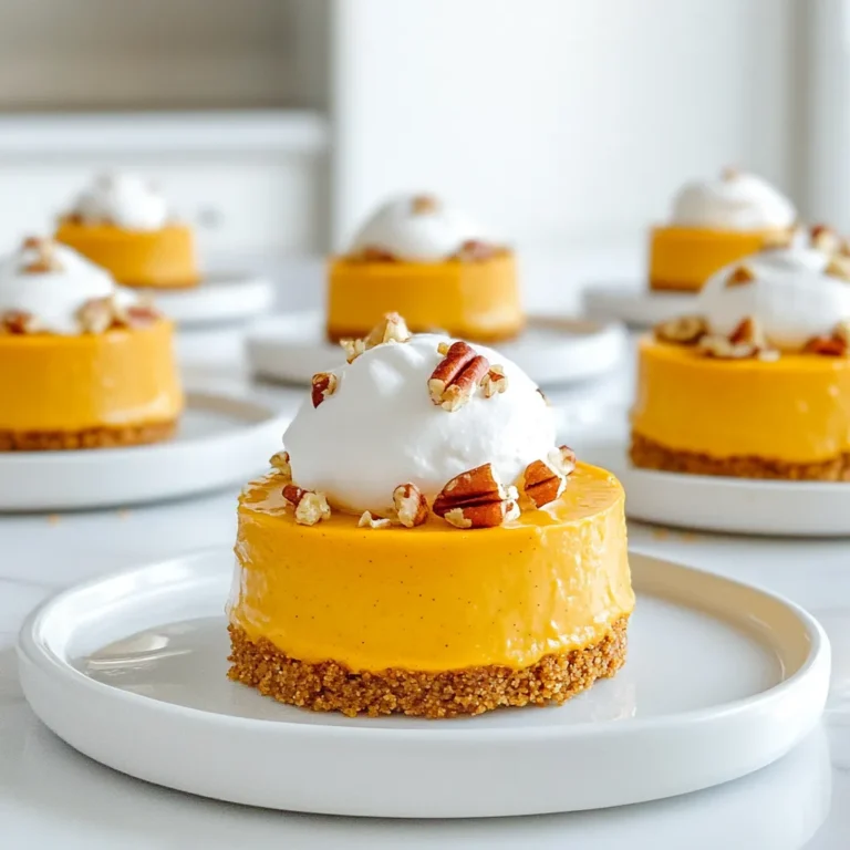 - 1 cup cream cheese, softened - 1/2 cup pumpkin puree - 1/4 cup powdered sugar - 1 teaspoon vanilla extract - 1 teaspoon pumpkin pie spice - 1/4 teaspoon ground cinnamon - 1/2 cup crushed graham crackers - 2 tablespoons melted butter - 1/4 cup chopped pecans (optional for topping) - Whipped cream (for serving) You need simple ingredients for these bites. Start with cream cheese. It gives a rich taste and smooth texture. Use softened cream cheese for easy mixing. Next, grab pumpkin puree. This adds flavor and moisture. Powdered sugar brings sweetness. It blends well without grittiness. Vanilla extract adds depth. Pumpkin pie spice gives that warm fall taste. A bit of ground cinnamon enhances the flavor. For the crust, crushed graham crackers are key. They provide a nice crunch. Melted butter helps bind the crumbs. Chopped pecans can add a lovely crunch on top. Finally, whipped cream is perfect for serving. Each ingredient plays a role in making these bites a delight. Start by gathering your ingredients. You need cream cheese, pumpkin puree, powdered sugar, and spices. In a medium mixing bowl, combine the softened cream cheese, pumpkin puree, powdered sugar, vanilla extract, pumpkin pie spice, and cinnamon. Use a hand mixer or a whisk to blend until smooth and creamy. This mixture should be thick and rich, perfect for our bites. Next, let’s make the crust. Take crushed graham crackers and mix them with melted butter in another bowl. Stir until the mixture looks like wet sand. This texture is key. It helps form a solid base for our cheesecake bites. Now, it’s time to assemble. Line a mini muffin tin with cupcake liners or spray it with non-stick cooking spray. Press about a teaspoon of the graham cracker mixture into the bottom of each muffin cup. This will be your crust layer. Then, spoon the pumpkin cheesecake mixture evenly over the crusts, filling each cup to the top. Smooth the tops with a spatula. If you like, sprinkle chopped pecans on top for a nice touch. Cover the muffin tin with plastic wrap and refrigerate for at least two hours or until firm. This chilling time is important for the bites to set well. Enjoy these tasty treats when they're ready! Start with softened cream cheese. This step is key for a smooth mix. Cold cream cheese makes lumps, which ruin the texture. Set your cream cheese out for about 30 minutes before mixing. For smooth blending, use a hand mixer or whisk. Mix until the mixture is creamy and well combined. If you notice lumps, keep mixing. This mixture should feel light and fluffy. Refrigerate the bites for at least 2 hours. This chilling time helps the bites set up nicely. You want them to be firm but not too hard. To check for firmness, gently press a bite with your finger. It should hold its shape without being too soft. If it feels too soft, let it chill a bit longer. Top each bite with a dollop of whipped cream. This adds a lovely touch and makes them look fancy. You can also sprinkle some chopped pecans on top for crunch. For presentation, use a nice plate or tray. Arrange the bites in a circle or in rows. This makes them fun to share at gatherings. {{image_2}} You can switch out pumpkin puree if you want. Try using sweet potato puree instead. It gives a similar texture and taste. Other good options include butternut squash or even mashed bananas for a fun twist. Adding spices can change the flavor too. If you want a bolder taste, try nutmeg or ginger. You can even mix in some cocoa powder for a chocolatey kick. These swaps let you create your own unique bites. For those who need dairy-free options, look for cream cheese made from nuts or soy. These can taste just as good as regular cream cheese. They still provide that creamy texture you want. If you need a gluten-free option, use crushed gluten-free cookies instead of graham crackers. Many brands offer tasty alternatives that work well for the crust. This way, everyone can enjoy your cheesecake bites. You can make these bites into a layered dessert. Just alternate layers of the crust and cheesecake mix in a small glass. This makes for a stunning presentation. When it comes to serving, think about how to plate them. Use colorful plates or add fresh fruit on the side. A drizzle of caramel or chocolate sauce can also make your bites look fancy. These small changes can impress your guests. To store leftovers, place the cheesecake bites in an airtight container. You can use a glass or plastic container with a lid. This way, they stay fresh and tasty. Make sure to keep them in the fridge. They will last for about 3 to 5 days. If you want to keep them longer, freezing is a good option. To freeze the bites, first chill them in the fridge for at least 2 hours. After that, gently pop them out of the muffin tin. Place them in a single layer on a baking sheet. Freeze them for 1 to 2 hours until they are firm. Then, transfer the bites into a freezer bag or container. Label it with the date. For thawing, move them from the freezer to the fridge. Let them thaw overnight. This keeps them creamy and delicious. You can also let them sit at room temperature for about 20 minutes before serving. Enjoy them with whipped cream on top! These bites can last up to five days in the fridge. Store them in an airtight container to keep them fresh. If you notice any moisture, it’s best to use paper towels to absorb it. This helps maintain their texture and flavor. Yes, you can make these bites a day or two in advance. Just prepare them, then cover and chill in the fridge. This allows the flavors to blend nicely. When it’s time to serve, simply top them with whipped cream and enjoy. You can use crushed cookies or cereal for the crust. Options like digestive biscuits or vanilla wafers work great. For those who need gluten-free options, try using almond flour or gluten-free cookies. They will provide a nice base for your cheesecake bites. In this blog post, I shared how to make No Bake Pumpkin Spice Cheesecake Bites. You learned about the key ingredients, like cream cheese and pumpkin puree. I walked you through the steps for mixing, crust making, and assembly. Tips for perfect texture and serving ideas helped round out the recipe. Remember to store leftovers correctly for freshness. These bites are easy, tasty, and perfect for any gathering. Enjoy your delicious treats and feel free to experiment with flavors or presentations!
