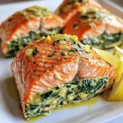 To create a delicious creamy garlic spinach stuffed salmon, gather these simple ingredients: - 4 salmon fillets (6 oz each) - 1 cup fresh spinach, chopped - 3 cloves garlic, minced - 1/2 cup cream cheese, softened - 1/4 cup grated Parmesan cheese - 1/4 teaspoon crushed red pepper flakes - 1 tablespoon lemon juice - Salt and pepper, to taste - 1 tablespoon olive oil - Lemon wedges, for garnish Each ingredient plays a key role in making this dish flavorful and creamy. The salmon fillets serve as a perfect base, while the spinach and garlic add depth. Cream cheese and Parmesan give the stuffing its rich texture. Seasonings like red pepper flakes bring a slight kick, and lemon juice brightens it all up. Don’t forget the olive oil for cooking and the lemon wedges for serving, which add a fresh touch to each bite. Enjoy preparing this dish with these fresh and tasty ingredients! {{ingredient_image_1}} Start by preheating your oven to 375°F (190°C). This step is key. A hot oven ensures even cooking. While the oven warms up, you can prepare the filling. In a medium skillet, heat 1 tablespoon of olive oil over medium heat. Add 3 minced garlic cloves and sauté them for about 1 minute. The garlic should smell great. Next, add 1 cup of chopped spinach. Cook it until it wilts, which should take 2 to 3 minutes. Once done, take it off the heat. In a mixing bowl, combine the cooked spinach mix with 1/2 cup of softened cream cheese and 1/4 cup of grated Parmesan cheese. Add 1/4 teaspoon of crushed red pepper flakes, 1 tablespoon of lemon juice, and salt and pepper to taste. Stir until everything is creamy and well mixed. Take your 4 salmon fillets and make a pocket in each. Slice them horizontally, but don’t cut all the way through. This pocket will hold the filling. Next, fill each salmon fillet with the creamy spinach mixture. Press gently to secure the filling inside. Place the stuffed salmon fillets on a baking sheet lined with parchment paper. Bake them in the preheated oven for 15 to 20 minutes. The salmon should be cooked through and flake easily with a fork. Once baked, remove them from the oven. Let them rest for a few minutes before serving. You can garnish with lemon wedges for a zesty touch. When picking salmon, look for bright, shiny skin. The flesh should be firm and spring back when pressed. Fresh salmon has a clean, ocean smell, not fishy. If you can, buy wild-caught salmon. It often has better taste and texture. To stuff salmon well, first cut a pocket in each fillet. Use a sharp knife and make the cut deep but not all the way through. This keeps your filling inside. Pack the creamy spinach mixture tightly for the best flavor. Use a spoon or your fingers to help push it in. Cooking time for salmon can vary. Bake stuffed salmon at 375°F for 15 to 20 minutes. It’s done when it flakes easily with a fork. If your fillets are thicker, add a few extra minutes. Always check the center; it should be opaque and moist. Pro Tips Fresh Spinach is Key: Always use fresh spinach for the best flavor and texture. Wilted spinach can lead to a mushy filling. Adjust the Heat: If you prefer a less spicy filling, reduce the amount of crushed red pepper flakes or omit them altogether. Check for Doneness: Salmon is perfectly cooked when it flakes easily with a fork. Use a meat thermometer for an internal temperature of 145°F (63°C). Experiment with Cheese: Feel free to substitute the Parmesan with feta or mozzarella for a different flavor profile! {{image_2}} You can change the stuffing to suit your taste. Try adding cooked shrimp for a seafood twist. Crumbled feta cheese gives a nice tang. Or, use sun-dried tomatoes for a burst of flavor. You can also mix in herbs like dill or basil. Each option brings its own unique taste. Experiment with what you like best! If you want to switch the fish, go ahead! Try using tilapia, cod, or trout. These fish also work well with the creamy spinach mix. Each fish has a different flavor and texture. Just adjust cooking time based on the fish you choose. This keeps the dish fresh and exciting. To enhance the taste, add spices or herbs to the filling. A pinch of smoked paprika brings depth. Fresh herbs like parsley or cilantro add brightness. A dash of Worcestershire sauce can give a savory kick. Feel free to mix and match flavors that you love. This way, every bite remains fun and surprising! To store your creamy garlic spinach stuffed salmon, let it cool first. Once cooled, place the salmon in an airtight container. Make sure to cover it well to keep it fresh. You can store it in the fridge for up to three days. If you have extra filling, store that in a separate container. To reheat your stuffed salmon, preheat the oven to 350°F (175°C). Place the salmon on a baking sheet. Cover it with foil to keep it moist. Heat for about 10-15 minutes or until warm. You can also use a microwave, but be careful. Heat on low power for 1-2 minutes. Check that it is warm all the way through. If you want to freeze stuffed salmon, do it before baking. Wrap each fillet tightly in plastic wrap and then in aluminum foil. This helps prevent freezer burn. Place them in a freezer-safe bag. You can freeze them for up to three months. When ready to eat, thaw the salmon in the fridge overnight. Bake it as you normally would for fresh salmon. You can tell salmon is cooked when it flakes easily with a fork. The inside should be a light pink color. Use a food thermometer if you have one. The safe internal temperature for salmon is 145°F (63°C). It is best to check it after about 15 minutes of baking. Yes, you can make the filling ahead of time. Just store it in the fridge for up to two days. This way, you save time when you are ready to cook. Just remember to bring it to room temperature before stuffing the salmon. Stuffed salmon goes well with many side dishes. I love serving it with steamed asparagus or a fresh salad. Roasted vegetables also make a great choice. You can even add rice or quinoa for a hearty meal. Yes, you can grill stuffed salmon! Just wrap the salmon in foil to keep the filling from falling out. Preheat your grill to medium heat and cook for about 10-15 minutes. Make sure to check for doneness as it cooks faster on the grill. In this blog post, we explored how to make delicious stuffed salmon. We covered the key ingredients, from salmon and spinach to cream cheese and seasonings. You learned step-by-step instructions to prepare, stuff, and bake the salmon perfectly. I also shared tips on choosing fresh salmon and ideas for variations. Remember, you can adjust the stuffing to suit your taste. Enjoy experimenting and make this dish your own! With the right methods, stuffed salmon can be a quick and tasty meal for any night.