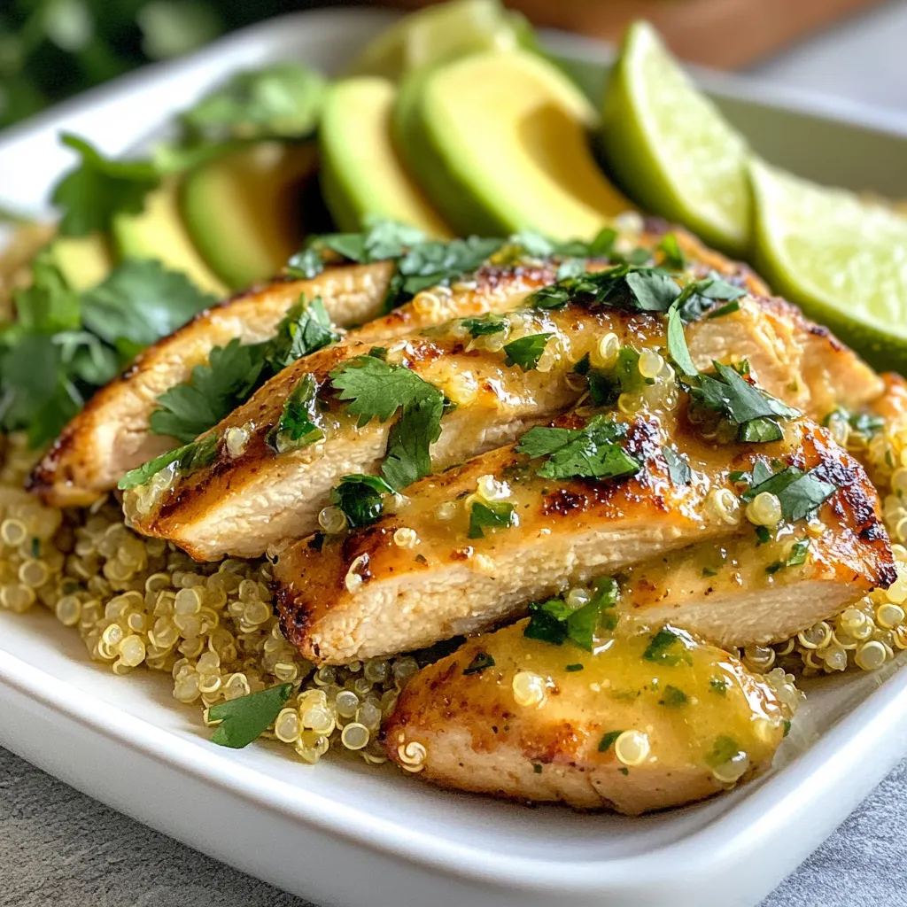 - 1 cup quinoa, rinsed - 2 cups chicken broth (or vegetable broth for a vegetarian option) - 1 lb chicken breast, boneless and skinless - 3 tablespoons olive oil - 1 bunch fresh cilantro, chopped - 2 limes, juiced and zested - 2 cloves garlic, minced - 1 teaspoon ground cumin - 1 teaspoon chili powder - Salt and pepper to taste - 1 avocado, sliced (for serving) - Optional: Cherry tomatoes or black beans for extra toppings Use fresh cilantro for the best flavor. Look for bright green leaves. When you buy limes, choose ones that feel heavy. They should be firm but have a slight give. This means they have more juice. For chicken, always check for a pinkish color and no strong odor. Rinse the quinoa well before cooking. This removes the bitter coating called saponin. If you want to make this dish vegetarian, swap chicken broth for vegetable broth. You can use chickpeas instead of chicken for protein. For a spicy kick, add jalapeños or red pepper flakes. If you don’t have cilantro, parsley works as a nice substitute. You can also try lime juice with lemon juice for a different twist. {{ingredient_image_1}} Start by rinsing 1 cup of quinoa under cold water. This step helps remove bitter flavors. Next, put the quinoa in a medium saucepan. Add 2 cups of chicken broth for great flavor. Bring this mixture to a boil over medium heat. Once it boils, lower the heat to low. Cover the pan and let it simmer for 15 to 20 minutes. The quinoa is ready when it absorbs all the liquid and looks fluffy. Use a fork to fluff it up before serving. While the quinoa cooks, take 1 pound of boneless, skinless chicken breast. Season it well with salt, pepper, ground cumin, and chili powder. Make sure to coat both sides. This step adds lots of flavor to the chicken. It will taste great when cooked. Heat 2 tablespoons of olive oil in a large skillet over medium-high heat. Once the oil is hot, add the seasoned chicken breast. Cook it for about 6 to 7 minutes on each side. You want it fully cooked, reaching an internal temperature of 165°F (75°C). When the chicken is done, remove it and let it rest for a few minutes. In the same skillet, lower the heat to medium. Add 2 minced cloves of garlic and sauté for about 30 seconds. Next, add the juice and zest of 2 limes, the remaining tablespoon of olive oil, and half of the chopped cilantro. Stir this mixture and let it simmer for 2 minutes. Slice the cooked chicken into strips. Add it back to the skillet along with the cooked quinoa. Toss everything together in the sauce. This step helps the chicken and quinoa soak up all the great flavors from the sauce. To serve, plate the quinoa and chicken mixture on serving plates. Top it with the rest of the chopped cilantro and sliced avocado. If you like, you can add cherry tomatoes or black beans for extra color and nutrition. Enjoy your tasty and fresh meal! To cook fluffy quinoa, start by rinsing it under cold water. This helps remove bitter outer coating. Use a medium saucepan and add one cup of rinsed quinoa and two cups of chicken broth. Bring the mixture to a boil over medium heat. Once boiling, lower the heat and cover it. Let it simmer for 15 to 20 minutes. You'll know it’s done when the liquid is absorbed. Fluff the quinoa with a fork for the best texture. Seasoning chicken is key for great flavor. First, pat the chicken breasts dry with a paper towel. Sprinkle salt and pepper on both sides. Then, add one teaspoon each of ground cumin and chili powder. This mix gives the chicken a delicious kick. Don't rush this step—let the spice blend sit for a few minutes. This allows the flavors to soak in before cooking. Fresh ingredients make this dish shine. Use fresh cilantro for a bright, herbal taste. Squeeze fresh lime juice for a zesty kick. Lime zest adds another layer of flavor that is hard to resist. When mixing garlic into the skillet, sauté it briefly to bring out its fragrance. Lastly, consider adding toppings like sliced avocado or cherry tomatoes for color and extra nutrition. Each of these fresh elements boosts the overall taste and makes the dish pop. Pro Tips Rinse the Quinoa: Rinsing the quinoa removes its natural coating called saponin, which can give a bitter taste. This step ensures a nutty flavor and fluffy texture. Let the Chicken Rest: After cooking, allow the chicken to rest for a few minutes before slicing. This helps retain its juices, making the meat more tender and flavorful. Adjust the Spice Level: Feel free to modify the chili powder amount to your desired spice level. You can also add other spices like paprika or cayenne for extra heat. Add Extra Toppings: Enhance your dish by including toppings like diced cherry tomatoes, black beans, or corn. These additions provide more color, texture, and nutrition. {{image_2}} You can easily make this dish vegetarian. Just swap the chicken for black beans or chickpeas. They add protein and a nice texture. Use vegetable broth instead of chicken broth. This keeps the flavor bright and fresh. You can still enjoy the lime and cilantro in every bite! If you want to change the protein, try shrimp or tofu. Both work great with the quinoa and sauce. Cook shrimp until they are pink and firm. For tofu, press it to remove water, then cube and sauté until golden. Each protein brings its own unique taste to the dish. To spice things up, add diced jalapeños or red pepper flakes. This gives a nice kick. For a sweet twist, add diced mango or pineapple. The sweet fruit balances the lime and cilantro. You can also drizzle some honey or agave syrup for a touch of sweetness. These fun twists make the dish even more exciting! Store leftover Cilantro Lime Quinoa Chicken in an airtight container. Place it in the fridge. It can stay fresh for 3 to 4 days. Ensure the quinoa and chicken are cooled before sealing. This helps prevent moisture build-up. To reheat, take your leftovers out of the fridge. Use a microwave-safe dish. Add a splash of water to keep it moist. Cover the dish with a microwave-safe lid or wrap. Heat in the microwave for about 1-2 minutes. Stir halfway through to ensure even heating. You can also reheat it on the stove. Just place it in a skillet over low heat. Stir often until it’s heated through. For longer storage, you can freeze Cilantro Lime Quinoa Chicken. Portion it into freezer-safe bags. Remove as much air as possible before sealing. Label the bags with the date. You can freeze it for up to 3 months. To thaw, place the bag in the fridge overnight before reheating. This keeps the flavors fresh and tasty. Yes, you can prepare this dish ahead of time. Cook the quinoa and chicken, then store them in the fridge. This dish stays tasty for up to three days in the fridge. Just reheat it when you are ready to eat. You can serve this dish with many sides. Here are some ideas: - Sliced avocado adds creaminess. - Cherry tomatoes bring a pop of color. - Black beans add protein and fiber. - A fresh green salad balances the meal. - Tortilla chips can give a crunchy texture. Yes, this recipe is gluten-free. Quinoa is a great grain option for those who avoid gluten. Ensure your broth is gluten-free too. This makes it safe for anyone with gluten sensitivities. To change the spice level, adjust the chili powder. For a milder dish, use less chili powder. If you like heat, add some cayenne pepper or diced jalapeños. Always taste as you go to find your perfect level of heat. This blog post covered key ingredients, step-by-step cooking, and useful tips. You now know how to cook fluffy quinoa, season chicken, and create a fresh sauce. There are ideas for vegetarian options and unique flavor twists too. I also shared how to store leftovers and answered common questions. Use this guide to make a tasty meal. Experiment with flavors and enjoy your cooking journey!