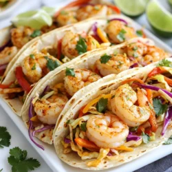 For these tasty shrimp tacos, you need: - 1 lb large shrimp, peeled and deveined - 1 red bell pepper, sliced - 1 yellow bell pepper, sliced - 1 red onion, sliced - 8 small taco-sized tortillas These fresh ingredients bring bright colors and great taste. The shrimp is the star, bringing a juicy bite. The peppers and onion add crunch and sweetness, making every taco amazing. The right seasoning makes all the difference. Here’s what you need: - 2 tablespoons olive oil - 1 teaspoon chili powder - 1 teaspoon cumin - 1 teaspoon garlic powder - ½ teaspoon paprika - ½ teaspoon salt - ¼ teaspoon black pepper Mix these spices with olive oil. This blend adds warmth and depth to the shrimp. It is simple yet flavorful. Toss the shrimp in this mix to coat evenly. Each bite will be full of flavor. Toppings add fun and freshness to your tacos. Here’s what you should use: - 1 cup shredded cabbage - ½ cup fresh cilantro, chopped - Lime wedges for serving - Salsa or your favorite sauce for topping Shredded cabbage gives a nice crunch. Fresh cilantro adds a burst of flavor. Lime juice brightens every bite, while salsa adds extra zest. These toppings make the tacos vibrant and delicious. {{ingredient_image_1}} First, you need to preheat your oven to 425°F (220°C). This heat cooks the shrimp and veggies fast. Next, gather all your ingredients. You will need shrimp, olive oil, spices, and veggies. Make sure your shrimp are peeled and deveined. Slice the red and yellow bell peppers and the red onion. In a large bowl, combine the shrimp, olive oil, chili powder, cumin, garlic powder, paprika, salt, and black pepper. Mix well until the shrimp are coated. Spread the shrimp evenly on a large sheet pan. Place the sliced bell peppers and onions around the shrimp. Bake the pan in the oven for about 10-12 minutes. Watch for the shrimp to turn pink. The veggies should be tender and a bit caramelized. While the shrimp and veggies cook, warm the tortillas in a dry skillet. Heat each side for about 30 seconds. This makes them soft and easy to fold. Once the shrimp and veggies are ready, take the pan out of the oven. Let it cool for a bit. Now, take a tortilla and add a spoonful of the shrimp and veggie mix. Top with shredded cabbage and fresh cilantro. Drizzle your favorite sauce on top. Serve with lime wedges for squeezing. Enjoy your tasty tacos! To make your shrimp tacos shine, focus on the seasoning. The spice blend is key. Use fresh spices for the best flavor. I love using chili powder, cumin, and garlic powder in this recipe. They bring warmth and depth. You can adjust the amounts to fit your taste. If you like heat, add more chili powder. Don't forget to mix the spices well with the shrimp. This ensures every bite is packed with flavor. The cooking time is crucial for perfect shrimp. Bake them at 425°F for 10-12 minutes. Watch closely. Shrimp cook quickly and can become tough if overcooked. If you use smaller shrimp, check them at 8 minutes. If you add more veggies, they may need a couple of extra minutes. Just make sure everything is tender and the shrimp are pink. This way, you get a great texture in every bite. Enhancing the flavor of your tacos can be fun. Start with fresh toppings like cilantro and lime. Shredded cabbage adds crunch and freshness. For an extra kick, try different salsas. Mango salsa or spicy avocado sauce can bring a new twist. You can also grill the tortillas slightly to add a smoky flavor. This simple step makes a big difference. These tips will help you create tasty, balanced, and vibrant tacos every time. Pro Tips Fresh Shrimp: Always use fresh or properly thawed shrimp for the best texture and flavor. Frozen shrimp should be thawed in the refrigerator overnight for optimal results. Customize Your Spices: Feel free to adjust the spices to your taste. If you prefer more heat, add cayenne pepper or use a spicy salsa as a topping. Vegetable Variations: You can substitute or add other vegetables like zucchini or corn for a colorful and nutritious twist on these tacos. Serving Tips: Serve the tacos immediately after assembling to keep the tortillas warm and prevent them from becoming soggy. {{image_2}} You can switch shrimp for other proteins. Try chicken or fish for a new taste. Use about 1 pound of chicken thighs or breasts. Season them the same way as the shrimp. Bake until the chicken reaches 165°F. Fish like tilapia or cod works well too. Just adjust cooking time to about 8-10 minutes. For a meat-free meal, use tofu or tempeh. Press and cube 1 pound of firm tofu. Marinate it in the same spices for great flavor. Roast it like the shrimp. You can also use canned black beans or chickpeas. Just heat them up with the spices for 10 minutes. Salsa can change the whole flavor of your tacos. Use mango salsa for a sweet twist. A pico de gallo adds freshness and crunch. For a spicy kick, try chipotle sauce or a green sauce. You can even make a creamy avocado sauce by blending avocado with lime and salt. To store leftovers, first let the shrimp and veggies cool down. Place them in an airtight container. You can keep them in the fridge for up to three days. Make sure to keep the tortillas separate. This keeps them from getting soggy. When you're ready to eat, reheat the shrimp and veggies in the oven. Set it to 350°F (175°C) and warm them for about 10 minutes. You can also use a microwave. Just heat in short bursts, stirring in between. Don’t forget to warm the tortillas too! A skillet works best for this. Heat each side for about 30 seconds. If you want to freeze leftovers, place the shrimp and veggies in a freezer-safe bag. Be sure to remove as much air as possible. You can freeze them for up to three months. To eat, thaw them overnight in the fridge before reheating. Keep in mind that tortillas do not freeze well. It’s best to make fresh tortillas for your next meal. Yes, you can use frozen shrimp. Just make sure to thaw them first. Place them in cold water for about 15-20 minutes. Once thawed, peel and devein if needed. The shrimp will cook just as well as fresh shrimp. You can add many vegetables. Some great options include zucchini, corn, or mushrooms. Feel free to get creative. You can also add chopped tomatoes or jalapeños for extra flavor. Just make sure to slice them thin so they cook well. To make this recipe gluten-free, choose gluten-free tortillas. Many stores offer great options. Check labels to ensure they are gluten-free. All other ingredients are naturally gluten-free. Enjoy your tasty tacos without worry! You learned about making easy sheet pan shrimp tacos. We covered key ingredients and their flavors. I shared steps for prep and cooking, along with tips for the best taste. You can try fun variations like different proteins or sauces. Store your leftovers safely, so nothing goes to waste. These tacos are quick to make and packed with flavor. Enjoy creating your own tasty meals!