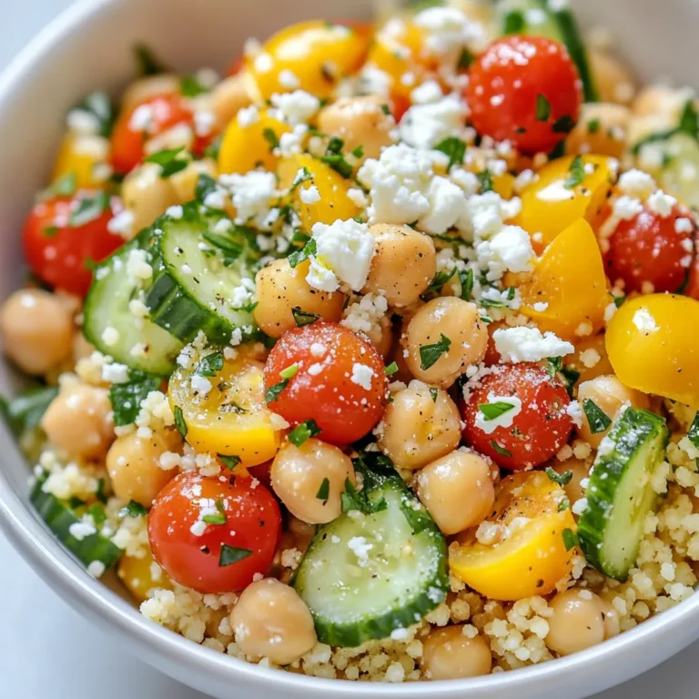 To make Lemon Herb Couscous Bowls, you need a few key items. Gather these essential ingredients: - 1 cup couscous - 1 ¼ cups vegetable broth - 1 tablespoon olive oil - 1 lemon (zest and juice) - 1 teaspoon garlic powder - ½ teaspoon cumin - ½ teaspoon salt - 1 cup cherry tomatoes, halved - 1 cucumber, diced - 1 cup chickpeas, drained and rinsed - ¼ cup fresh parsley, chopped - Black pepper to taste These ingredients create a bright and flavorful dish. The couscous absorbs the broth and lemon, making every bite delicious. You can make this dish even better with a few optional ingredients. Consider adding: - ¼ cup feta cheese, crumbled Feta adds a creamy texture and salty taste. You can also try different toppings like olives or nuts for crunch. Lemon Herb Couscous Bowls are not just tasty; they are good for you too. Here are some key nutritional facts: - Rich in fiber from chickpeas and veggies. - Provides vitamins from fresh tomatoes and cucumbers. - Offers healthy fats from olive oil. - Low in calories, making it a light meal option. This dish is perfect for a healthy lunch or dinner. It’s easy to prepare, packed with nutrients, and full of vibrant flavors. Enjoy every bite! {{ingredient_image_1}} Start by taking a medium saucepan. Pour in 1 ¼ cups of vegetable broth. Heat it over medium-high until it boils. The broth gives the couscous extra flavor. Boiling it first ensures the couscous cooks well in the next step. Once the broth is boiling, add 1 cup of couscous. Stir it quickly and remove the pan from heat. Cover it with a lid and let it sit for about 5 minutes. This allows the couscous to absorb all the broth. After 5 minutes, fluff the couscous with a fork. This step makes it light and fluffy. In a large mixing bowl, add the halved cherry tomatoes, diced cucumber, and drained chickpeas. Toss these together gently. Now, add the couscous mixture to the bowl. Stir in the olive oil, lemon zest, lemon juice, garlic powder, cumin, and salt. Mix everything well until it is combined. Taste it and adjust with black pepper or more lemon juice if needed. Enjoy your vibrant and tasty Lemon Herb Couscous Bowls! When making Lemon Herb Couscous Bowls, a few mistakes can pop up. One common error is overcooking the couscous. Follow the package instructions closely. Let it sit covered for just five minutes after adding broth. This helps it soak up the liquid perfectly. Another mistake is forgetting to fluff the couscous. Use a fork to fluff it gently. This keeps the grains from sticking together. Lastly, don’t skip the lemon zest. It brings a fresh, bright flavor that makes the dish shine. Couscous bowls are super flexible. You can add your favorite veggies. Try bell peppers, radishes, or spinach for more color and crunch. If you want extra protein, grilled chicken or shrimp works great. For a meatless option, add more chickpeas or some nuts. You can also change the cheese. Feta is tasty, but goat cheese or mozzarella can add a nice twist. Don’t be afraid to mix in different herbs too. Fresh basil or mint can change the flavor completely. Boosting the flavor of your couscous bowl is easy with seasonings. Besides garlic powder and cumin, consider adding smoked paprika or chili flakes for a kick. Fresh herbs like cilantro or dill can also brighten the dish. Try a splash of balsamic glaze or a drizzle of tahini for a creamy touch. You can even squeeze in more lemon juice if you love that citrus zing. Taste as you go, and adjust until it’s just right. Pro Tips Use Quality Broth: Using a high-quality vegetable broth enhances the flavor of your couscous. Opt for low-sodium options to control the saltiness. Customize Your Veggies: Feel free to add or substitute other vegetables like bell peppers or spinach for extra nutrition and flavor. Chill for a Refreshing Salad: If you prefer a cold dish, let the couscous cool and serve it chilled as a refreshing summer salad. Experiment with Herbs: Fresh herbs like mint or dill can add a unique twist to your couscous bowls. Don’t hesitate to get creative! {{image_2}} You can easily make this dish vegetarian or vegan. The base of couscous is already plant-based. Just skip the feta cheese for a vegan version. Instead, add more veggies for texture. You can use roasted red peppers, spinach, or even artichokes. These options add flavor and keep the meal bright. If you want a filling meal, add proteins. Grilled chicken or shrimp works well. You can also use tofu or tempeh for a vegan option. Cook them separately and toss them in with the couscous. This step will make your bowl more satisfying and give it a boost of protein. Changing the ingredients with the seasons can keep this dish fresh. In spring, add peas or asparagus for a pop of color. In summer, use zucchini or bell peppers for crunch. In fall, roasted butternut squash or sweet potatoes bring warmth. Using seasonal ingredients makes your meal tastier and supports local farms. To keep your Lemon Herb Couscous Bowls fresh, use an airtight container. Place the bowls in the fridge. Make sure they cool down first to avoid condensation inside the container. This helps keep the couscous from getting mushy. When reheating, add a splash of water or broth. This keeps the couscous moist. You can use the microwave or a stovetop pan. If using the microwave, cover the bowl with a damp paper towel. Heat in short bursts, stirring in between. On the stovetop, warm over low heat while stirring gently. If stored properly, these bowls last about three to four days in the fridge. After that, the flavor and texture may decline. Always check for any off smells or changes in color before eating. This way, you enjoy the best taste! Yes, you can use regular water. However, using vegetable broth adds more flavor. Broth gives the dish a rich taste. If you choose water, consider adding some herbs or spices to boost flavor. You can use quinoa, rice, or bulgur as substitutes. Quinoa is gluten-free and has a nice texture. Rice will work well if you want something more filling. Bulgur cooks quickly and is also a great choice. To make this dish gluten-free, choose quinoa instead of couscous. Quinoa is a fantastic base with a nutty flavor. Make sure to check that any broth you use is gluten-free. Lemon herb couscous bowls are simple to make and packed with flavor. We discussed key ingredients, prep steps, and common mistakes to avoid. You can customize your dish to fit your taste and diet. Don’t forget about storing leftovers for later. Experiment with variations to keep your meals exciting. Enjoy your cooking journey with this healthy, tasty dish!