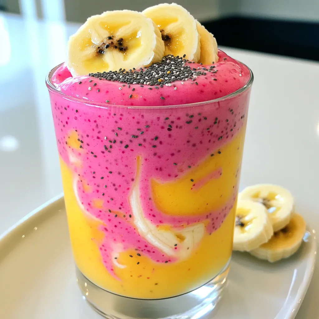 - 1 ripe mango, peeled and diced - 1 cup dragonfruit (fresh or frozen), cubed - 1 banana, sliced To start, you need fresh fruit. First, pick a ripe mango. It should feel soft when you press it gently. A bright yellow skin signals ripeness. Next, choose dragonfruit. You can use fresh or frozen. If using fresh, cut it in half and scoop out the flesh. Finally, grab a banana. A ripe banana adds sweetness and creaminess to your smoothie. - 1 cup coconut milk (or your preferred milk) - 1 tablespoon honey or agave syrup (optional) Now it’s time for the liquids. Coconut milk gives a rich flavor. You can swap it for any milk you like. Next, add honey or agave syrup if you want a sweeter taste. This step is optional, but it can enhance the flavor. - 1 tablespoon chia seeds - Ice cubes (optional, for a thicker smoothie) For a nutrition boost, add chia seeds. They are tiny but packed with health benefits. If you like your smoothie thick, toss in some ice cubes. This trick makes it cold and refreshing. You can adjust these ingredients to fit your taste. - Prepare the ingredients: Start by peeling and dicing the ripe mango. Next, cut the dragonfruit in half, scoop out the flesh, and chop it into cubes. Then, slice the banana. - Blend the base mixture: In a blender, combine the coconut milk, diced mango, dragonfruit cubes, and banana slices. Blend these ingredients until they form a smooth mixture. - Add sweetness to the blend: If you like your smoothie sweeter, drizzle in honey or agave syrup. Start with one tablespoon and add more if needed. - Incorporate superfoods: For a boost in nutrition, add chia seeds to the blender. These tiny seeds pack a punch of fiber and omega-3s. - Blend until smooth: Continue blending at high speed until the mixture is creamy. If you want a thicker smoothie, toss in a few ice cubes and blend again. - Taste and adjust consistency: After blending, taste your smoothie. Add more coconut milk if it’s too thick. Adjust sweetness to your liking. - Serve in chilled glasses: Pour the smoothie into chilled glasses. Enjoy it right away for the best flavor! Choosing ripe mangoes and dragonfruit is key. Look for mangoes that are slightly soft to the touch. This shows they are ripe and full of flavor. For dragonfruit, pick ones with bright pink skin. They should feel slightly soft, too. Both fruits should smell sweet. This means they are ready to eat. For milk alternatives, coconut milk works well. It adds a creamy texture and rich taste. You can also use almond milk or oat milk. Both are great options for a lighter feel. To achieve your desired thickness, add ice cubes. They help make the smoothie cold and thick. If you want a creamier texture, use less ice and more fruit. Freezing fruit is another smart tip. Freeze your mangoes and bananas ahead of time. This can make your smoothie colder and thicker. Just chop them first and store in bags. For the perfect glassware, choose tall, clear glasses. This shows off the bright colors of your smoothie. Garnishing ideas can elevate your drink. Try adding a slice of fresh mango on the rim. You can also sprinkle chia seeds on top. This adds a nice touch and a bit of crunch. {{image_2}} You can swap mango and dragonfruit for other fruits. Berries, peaches, or even pineapples work great. Each fruit brings its unique taste and color, making your smoothie fun. Seasonal fruits add freshness too. In summer, use ripe peaches. In winter, try frozen berries. Each choice creates a new flavor adventure. Want a dairy-free smoothie? Use almond milk or oat milk instead of coconut milk. This makes it creamy without dairy. If you follow a vegan diet, skip the honey. Use agave syrup for sweetness. For those watching sugar, try reducing the honey or using a natural sweetener like stevia. You can enjoy a tasty smoothie that fits your diet. Adding spices can make your smoothie extra special. A pinch of ginger gives a nice kick, while cinnamon adds warmth. These spices also boost health benefits. Want some greens? Toss in a handful of spinach or kale. They blend well and add nutrients without changing the taste. Your smoothie stays vibrant and delicious while packing a nutritious punch! To store leftovers in the fridge, pour the smoothie into a sealed glass or plastic container. Make sure to cover it well. This keeps air out and helps maintain freshness. Store it in the fridge for up to 24 hours. To keep your smoothie tasting fresh, give it a good shake or stir before drinking. The ingredients may separate, but it’s normal. You can freeze smoothie portions for later. Pour your smoothie into ice cube trays or silicone molds. This makes it easy to use just what you need. Freeze for up to three months. When you’re ready to enjoy, thaw your smoothie overnight in the fridge. You can also thaw it in the microwave on low power. Blend it up again if needed to get that creamy texture back. There are fun ways to use leftover smoothie! You can make popsicles by pouring the smoothie into molds and freezing them. This is a tasty treat for hot days. Another idea is to mix leftover smoothie into oatmeal or yogurt. This adds flavor and nutrients to your breakfast. You can even drizzle it over pancakes for a fruity kick. Enjoy being creative with your leftovers! A Mango Dragonfruit Smoothie is a bright, tasty drink. It combines ripe mango, dragonfruit, and banana. You blend these fruits with coconut milk to make a creamy base. Some people add honey for sweetness. This smoothie is not just pretty; it's packed with flavor. Mangoes are full of vitamins A and C. They help boost your immune system and skin health. Dragonfruit is low in calories but high in fiber. This fruit can aid digestion and help you feel full. Bananas add potassium, which is good for heart health. Together, these fruits make a healthy drink that tastes great. Yes, you can make this smoothie ahead of time. Blend all the ingredients and store it in the fridge. It’s best to drink it within 24 hours. If you want to keep it longer, freeze it in portions. Just blend again after thawing for a fresh taste. This blog post explored making a delicious mango dragonfruit smoothie. We covered fresh ingredients like mango, dragonfruit, and banana, along with creamy coconut milk and sweeteners. You learned the steps to blend and enhance flavors, plus tips for texture and serving. We also discussed variations, storage tips, and answered common questions. Enjoy creating your own smoothie masterpiece! Remember, experimenting with flavors can lead to delightful surprises. Happy blending!