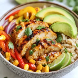 - 2 boneless, skinless chicken breasts - 1/4 cup honey - 2 tablespoons lime juice - 1 teaspoon lime zest - 1 teaspoon chili powder - 1 teaspoon cumin - 1 teaspoon garlic powder - 1 red bell pepper, sliced - 1 yellow bell pepper, sliced - 1 red onion, sliced - 1 tablespoon olive oil - Salt and pepper to taste - 1 cup cooked brown rice or quinoa - 1/2 cup corn (canned or frozen) - 1 avocado, sliced - Fresh cilantro, chopped, for garnish - Lime wedges, for serving The heart of this dish is the chicken. I use chicken breasts because they cook fast and stay juicy. The marinade brings the magic. Honey, lime juice, lime zest, and spices create a tasty mix. That honey lime flavor makes each bite shine. Next, the veggies add color and crunch. Sliced bell peppers and onions sauté beautifully. They become soft and sweet. Pair them with the marinated chicken for a great combo. For the base, I love using brown rice or quinoa. It fills you up and gives good texture. You can make this dish your own. Try adding black beans for extra protein. You can also use different toppings. Consider using shredded cheese or sour cream for a creamy touch. If you want more heat, add jalapeños. Each choice adds a new twist to your bowl. Have fun mixing and matching! {{ingredient_image_1}} To start, mix the honey-lime marinade. In a medium bowl, whisk together: - 1/4 cup honey - 2 tablespoons lime juice - 1 teaspoon lime zest - 1 teaspoon chili powder - 1 teaspoon cumin - 1 teaspoon garlic powder - Salt and pepper to taste This marinade gives the chicken a sweet and tangy mix that makes it special. Next, place the chicken breasts in a resealable bag or a shallow dish. Pour half of the marinade over the chicken. Let it sit in the fridge for at least 30 minutes. If you have more time, letting it marinate for two hours adds even more flavor. For cooking the chicken, heat a large skillet over medium heat. Add 1 tablespoon of olive oil. Once the oil is hot, add the marinated chicken breasts. Cook them for about 6-7 minutes on each side. Make sure the chicken reaches an internal temperature of 165°F or 75°C. After cooking, take the chicken out and let it rest for a few minutes. Resting is important because it keeps the chicken juicy. In the same skillet, add the sliced bell peppers and red onion. Sauté these for about 5-7 minutes. You want them to become tender and slightly caramelized. After that, pour in the remaining honey-lime marinade. Cook for another 1-2 minutes to warm it up. This extra step gives the veggies a burst of flavor. Now it’s time to build your fajita bowls! Start with a base of cooked brown rice or quinoa. On top of that, layer the sliced chicken, sautéed peppers, onions, corn, and avocado. For a final touch, garnish with chopped cilantro. Serve lime wedges on the side for an extra zing. Enjoy your fresh and colorful meal! For the best flavor, aim for at least 30 minutes of marinating time. You can marinate up to two hours for a deeper taste. Remember to flip the chicken halfway through. This helps it soak up the honey-lime goodness evenly. Always use a resealable bag for easy mixing and cleanup. To keep your chicken juicy, do not overcook it. Use a meat thermometer to check for doneness. The internal temperature should reach 165°F (75°C). Let the chicken rest for a few minutes after cooking. This helps the juices redistribute, making each bite tender. Get creative with your serving! Try adding black beans or a dollop of sour cream for extra flavor. You can also serve the bowls with crispy tortilla chips for a fun crunch. Pair your fajita bowls with a light salad or grilled corn on the side. Lime wedges add a fresh pop of flavor, so don't skip them! Pro Tips Marinate Longer for More Flavor: Allowing the chicken to marinate for at least 2 hours will enhance the flavor profile significantly. If you have time, marinate overnight for the best results. Perfectly Cooked Chicken: Use a meat thermometer to ensure the chicken reaches an internal temperature of 165°F (75°C). This guarantees that your chicken is safe to eat and perfectly juicy. Customize Your Veggies: Feel free to add or substitute any vegetables you like, such as zucchini or mushrooms, to make the dish your own. Just be sure to adjust cooking times accordingly. Serving Suggestions: These bowls are versatile! Serve with tortilla chips for a crunchy texture or top with salsa and Greek yogurt instead of sour cream for a healthier option. {{image_2}} You can switch chicken for shrimp or tofu. Shrimp cooks quickly and adds a nice touch. Use the same marinade for shrimp. Just marinate for about 15 minutes. For tofu, press it first to remove extra water. Cut it into cubes and marinate for 30 minutes. Spice it up with different spices! You could add smoked paprika for a smokier taste. Try cayenne pepper for heat. You can mix in other veggies like zucchini or mushrooms. They add texture and flavor to your bowls. Want a low-carb dish? Try cauliflower rice instead of brown rice. It adds fiber and cuts carbs. For a gluten-free option, check your marinade ingredients. Most should be safe, but always check labels. Enjoy a healthy meal without losing flavor! To keep your Honey Lime Chicken Fajita Bowls fresh, store them in an airtight container. This helps lock in flavor and moisture. Place the chicken, vegetables, and grains separately if possible. This way, everything stays crisp. In the fridge, they last about 3 to 4 days. If you want to keep them longer, consider freezing. They can last up to 3 months in the freezer. When it’s time to enjoy leftovers, reheat them gently. You can use a microwave or a skillet. If using a microwave, cover the bowl to keep moisture in. Heat in short bursts to avoid overheating. For the skillet, add a little olive oil. This keeps the chicken juicy and the veggies crisp. Avoid reheating too long to prevent sogginess. Enjoy your meal just as fresh as the first time! Yes, you can make these bowls ahead of time. Prepare the chicken and veggies, then store them separately. This keeps the flavors fresh. You can also cook the rice or quinoa in advance. Just warm everything before serving. Great sides include: - Black beans - Refried beans - Tortilla chips - A fresh salad - Guacamole These sides add variety and enhance the meal. To make this dish vegetarian, replace the chicken with: - Grilled tofu - Sautéed mushrooms - Chickpeas Use the same marinade for flavor. Just adjust cooking times for the new protein. Store leftovers in an airtight container in the fridge. They stay fresh for up to three days. Keep rice or quinoa separate to prevent sogginess. Absolutely! Grilling adds a nice smoky flavor. Preheat your grill and cook the marinated chicken until done. Grill the veggies in a grill basket for best results. Enjoy that outdoor taste! You can create tasty Honey Lime Chicken Fajita Bowls with just a few steps. We covered the key ingredients and how to marinate your chicken well. Remember to rest the chicken for juiciness. Sautéing fresh veggies adds great flavor, too. Explore variations by using different proteins or spices. Don't forget to store leftovers properly. With these tips, you can enjoy this dish any time! Try making it your own, and share your creations with others. Enjoy your cooking adventure!