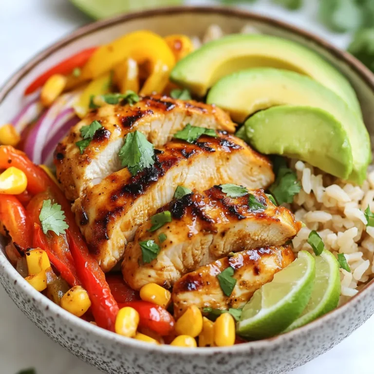 - 2 boneless, skinless chicken breasts - 1/4 cup honey - 2 tablespoons lime juice - 1 teaspoon lime zest - 1 teaspoon chili powder - 1 teaspoon cumin - 1 teaspoon garlic powder - 1 red bell pepper, sliced - 1 yellow bell pepper, sliced - 1 red onion, sliced - 1 tablespoon olive oil - Salt and pepper to taste - 1 cup cooked brown rice or quinoa - 1/2 cup corn (canned or frozen) - 1 avocado, sliced - Fresh cilantro, chopped, for garnish - Lime wedges, for serving The heart of this dish is the chicken. I use chicken breasts because they cook fast and stay juicy. The marinade brings the magic. Honey, lime juice, lime zest, and spices create a tasty mix. That honey lime flavor makes each bite shine. Next, the veggies add color and crunch. Sliced bell peppers and onions sauté beautifully. They become soft and sweet. Pair them with the marinated chicken for a great combo. For the base, I love using brown rice or quinoa. It fills you up and gives good texture. You can make this dish your own. Try adding black beans for extra protein. You can also use different toppings. Consider using shredded cheese or sour cream for a creamy touch. If you want more heat, add jalapeños. Each choice adds a new twist to your bowl. Have fun mixing and matching! {{ingredient_image_1}} To start, mix the honey-lime marinade. In a medium bowl, whisk together: - 1/4 cup honey - 2 tablespoons lime juice - 1 teaspoon lime zest - 1 teaspoon chili powder - 1 teaspoon cumin - 1 teaspoon garlic powder - Salt and pepper to taste This marinade gives the chicken a sweet and tangy mix that makes it special. Next, place the chicken breasts in a resealable bag or a shallow dish. Pour half of the marinade over the chicken. Let it sit in the fridge for at least 30 minutes. If you have more time, letting it marinate for two hours adds even more flavor. For cooking the chicken, heat a large skillet over medium heat. Add 1 tablespoon of olive oil. Once the oil is hot, add the marinated chicken breasts. Cook them for about 6-7 minutes on each side. Make sure the chicken reaches an internal temperature of 165°F or 75°C. After cooking, take the chicken out and let it rest for a few minutes. Resting is important because it keeps the chicken juicy. In the same skillet, add the sliced bell peppers and red onion. Sauté these for about 5-7 minutes. You want them to become tender and slightly caramelized. After that, pour in the remaining honey-lime marinade. Cook for another 1-2 minutes to warm it up. This extra step gives the veggies a burst of flavor. Now it’s time to build your fajita bowls! Start with a base of cooked brown rice or quinoa. On top of that, layer the sliced chicken, sautéed peppers, onions, corn, and avocado. For a final touch, garnish with chopped cilantro. Serve lime wedges on the side for an extra zing. Enjoy your fresh and colorful meal! For the best flavor, aim for at least 30 minutes of marinating time. You can marinate up to two hours for a deeper taste. Remember to flip the chicken halfway through. This helps it soak up the honey-lime goodness evenly. Always use a resealable bag for easy mixing and cleanup. To keep your chicken juicy, do not overcook it. Use a meat thermometer to check for doneness. The internal temperature should reach 165°F (75°C). Let the chicken rest for a few minutes after cooking. This helps the juices redistribute, making each bite tender. Get creative with your serving! Try adding black beans or a dollop of sour cream for extra flavor. You can also serve the bowls with crispy tortilla chips for a fun crunch. Pair your fajita bowls with a light salad or grilled corn on the side. Lime wedges add a fresh pop of flavor, so don't skip them! Pro Tips Marinate Longer for More Flavor: Allowing the chicken to marinate for at least 2 hours will enhance the flavor profile significantly. If you have time, marinate overnight for the best results. Perfectly Cooked Chicken: Use a meat thermometer to ensure the chicken reaches an internal temperature of 165°F (75°C). This guarantees that your chicken is safe to eat and perfectly juicy. Customize Your Veggies: Feel free to add or substitute any vegetables you like, such as zucchini or mushrooms, to make the dish your own. Just be sure to adjust cooking times accordingly. Serving Suggestions: These bowls are versatile! Serve with tortilla chips for a crunchy texture or top with salsa and Greek yogurt instead of sour cream for a healthier option. {{image_2}} You can switch chicken for shrimp or tofu. Shrimp cooks quickly and adds a nice touch. Use the same marinade for shrimp. Just marinate for about 15 minutes. For tofu, press it first to remove extra water. Cut it into cubes and marinate for 30 minutes. Spice it up with different spices! You could add smoked paprika for a smokier taste. Try cayenne pepper for heat. You can mix in other veggies like zucchini or mushrooms. They add texture and flavor to your bowls. Want a low-carb dish? Try cauliflower rice instead of brown rice. It adds fiber and cuts carbs. For a gluten-free option, check your marinade ingredients. Most should be safe, but always check labels. Enjoy a healthy meal without losing flavor! To keep your Honey Lime Chicken Fajita Bowls fresh, store them in an airtight container. This helps lock in flavor and moisture. Place the chicken, vegetables, and grains separately if possible. This way, everything stays crisp. In the fridge, they last about 3 to 4 days. If you want to keep them longer, consider freezing. They can last up to 3 months in the freezer. When it’s time to enjoy leftovers, reheat them gently. You can use a microwave or a skillet. If using a microwave, cover the bowl to keep moisture in. Heat in short bursts to avoid overheating. For the skillet, add a little olive oil. This keeps the chicken juicy and the veggies crisp. Avoid reheating too long to prevent sogginess. Enjoy your meal just as fresh as the first time! Yes, you can make these bowls ahead of time. Prepare the chicken and veggies, then store them separately. This keeps the flavors fresh. You can also cook the rice or quinoa in advance. Just warm everything before serving. Great sides include: - Black beans - Refried beans - Tortilla chips - A fresh salad - Guacamole These sides add variety and enhance the meal. To make this dish vegetarian, replace the chicken with: - Grilled tofu - Sautéed mushrooms - Chickpeas Use the same marinade for flavor. Just adjust cooking times for the new protein. Store leftovers in an airtight container in the fridge. They stay fresh for up to three days. Keep rice or quinoa separate to prevent sogginess. Absolutely! Grilling adds a nice smoky flavor. Preheat your grill and cook the marinated chicken until done. Grill the veggies in a grill basket for best results. Enjoy that outdoor taste! You can create tasty Honey Lime Chicken Fajita Bowls with just a few steps. We covered the key ingredients and how to marinate your chicken well. Remember to rest the chicken for juiciness. Sautéing fresh veggies adds great flavor, too. Explore variations by using different proteins or spices. Don't forget to store leftovers properly. With these tips, you can enjoy this dish any time! Try making it your own, and share your creations with others. Enjoy your cooking adventure!