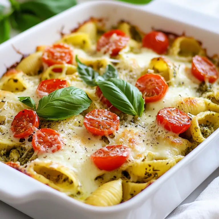 To make this creamy pesto chicken casserole, gather these items: - 2 cups cooked chicken, shredded - 1 cup uncooked pasta (shells or penne work well) - 1 cup heavy cream - 1 cup basil pesto (store-bought or homemade) - 1 cup cherry tomatoes, halved - 1 cup mozzarella cheese, shredded - 1/2 cup grated Parmesan cheese - 1 teaspoon garlic powder - 1/2 teaspoon black pepper - 1/4 teaspoon salt - 1 tablespoon olive oil - Fresh basil leaves for garnish (optional) You can swap some ingredients if needed. Use Greek yogurt instead of heavy cream for a lighter dish. If you want a nut-free option, look for nut-free pesto. You can also use cooked turkey instead of chicken for a tasty twist. For pasta, gluten-free options are available if you need them. Garnishes can make your dish look beautiful. Fresh basil leaves add a pop of color and flavor. You could also sprinkle a bit of extra Parmesan on top before serving. A few crushed red pepper flakes can add some heat for those who enjoy spicy food. {{ingredient_image_1}} First, heat your oven to 375°F (190°C). This step is key for baking the casserole evenly. While the oven warms up, boil a large pot of salted water. Add in 1 cup of uncooked pasta, like shells or penne. Cook the pasta until it is al dente, which usually takes about 8-10 minutes. When it’s done, drain the pasta and set it aside. In a big mixing bowl, combine 2 cups of shredded cooked chicken, 1 cup of heavy cream, and 1 cup of basil pesto. Add 1 teaspoon of garlic powder, 1/2 teaspoon of black pepper, and 1/4 teaspoon of salt. Mix well until everything is smooth. Next, gently fold in the cooked pasta and 1 cup of halved cherry tomatoes. Make sure you blend everything evenly for the best flavor. Now, grease a 9x13 inch casserole dish with 1 tablespoon of olive oil. Pour the chicken and pasta mixture into the dish and spread it out evenly. Sprinkle 1 cup of shredded mozzarella cheese and 1/2 cup of grated Parmesan cheese on top. Cover the dish with aluminum foil and place it in the preheated oven. Bake for 20 minutes. After that, take off the foil and bake for another 10-15 minutes. The cheese should be bubbly and golden. Once it’s done, let it cool a bit before serving. To cook chicken well, use a meat thermometer. The safe temperature is 165°F. If you shred the chicken, it holds onto flavor better in the casserole. You can use leftover chicken or rotisserie chicken for ease. Both options save time and add great taste. Cook your pasta just until it is al dente. This means it should still have a slight bite. If you overcook it, the pasta can become mushy in the casserole. Remember to salt your water before boiling the pasta. This adds flavor right from the start. For the best taste, use fresh mozzarella cheese. It melts nicely and gives a creamy texture. Pair it with grated Parmesan for a rich flavor boost. You can also try adding a sprinkle of feta for a tangy twist. Mixing different cheeses can make your casserole even tastier! Pro Tips Use Rotisserie Chicken: For a quicker preparation, use store-bought rotisserie chicken. It adds great flavor and saves you time on cooking and shredding. Experiment with Pasta: Feel free to use different types of pasta like farfalle or fusilli. Each shape holds the sauce differently and can change the texture of your casserole. Add More Vegetables: Enhance the nutritional value by adding spinach, zucchini, or bell peppers. Sauté them briefly before mixing into the casserole for extra flavor. Make Ahead: Prepare the casserole a day in advance and refrigerate it. Just add a few extra minutes to the baking time when you’re ready to serve. {{image_2}} You can make a tasty vegetarian version of the creamy pesto chicken casserole. Swap out the chicken for veggies. Use 2 cups of your favorite vegetables. Good choices are zucchini, bell peppers, or spinach. They add great flavor and nutrients. You can also add 1 can of chickpeas for protein. This keeps the dish filling and hearty. While I love using shells or penne, you can try other pasta types. Fusilli or farfalle work well, too. Both shapes hold the sauce nicely. You can even use whole wheat or gluten-free pasta if you prefer. Just cook it until it's al dente to get the best texture. Make this dish your own by swapping seasonal ingredients. In spring, add asparagus or peas for a fresh taste. In the fall, use butternut squash or kale. These changes can give the casserole a whole new vibe. Feel free to experiment with what you have on hand. It’s a great way to use up leftover veggies! To keep your creamy pesto chicken casserole fresh, let it cool first. Then, transfer it to an airtight container. You can store it in the fridge for up to three days. Make sure to cover it well to prevent drying out. If you want to enjoy it later, freezing is a great option! When you're ready to eat, you can reheat the casserole. Preheat your oven to 350°F (175°C). Place the casserole in an oven-safe dish. Cover it with foil to keep it moist. Heat for about 20-25 minutes. Check if it’s hot all the way through. You can also microwave single portions for about 2-3 minutes, stirring halfway. If you want to freeze the casserole, it’s best to do this before baking. Freeze it in a well-sealed container or wrap it tightly in foil. It can last up to three months in the freezer. When you’re ready to bake it, let it thaw in the fridge overnight. Then, bake it as per the original instructions. This way, you’ll enjoy a fresh meal anytime! Yes, you can use rotisserie chicken. It saves time and adds flavor. Just shred the chicken into small pieces. Mix it with the other ingredients as you would with cooked chicken. This makes the dish quick and easy for busy nights. To make basil pesto, blend fresh basil, garlic, pine nuts, and olive oil. Add Parmesan cheese and a pinch of salt. Blend until smooth. You can adjust the oil for your preferred consistency. Homemade pesto tastes fresh and bright. It makes your casserole even better. Yes, you can use gluten-free pasta. Options include rice pasta or chickpea pasta. Cook it according to the package instructions. This way, everyone can enjoy the dish. Just make sure to check the labels for gluten-free certification. This blog post covered key points to make a tasty casserole. We looked at the ingredients needed, how to prep and bake, and tips for perfect results. I also shared ways to customize your dish, store leftovers, and answered common questions. Remember, cooking is fun! Use these steps and enjoy your delicious meal. Don’t hesitate to experiment and make it your own. Happy cooking!