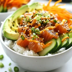 - 1 cup sushi rice - 1 ΒΌ cups water - 2 tablespoons rice vinegar - 1 tablespoon sugar - 1 teaspoon salt - 8 ounces sashimi-grade tuna, diced - 2 tablespoons spicy mayo (mix of mayo and sriracha) - 1 avocado, sliced - 1 cucumber, julienned - 1 small carrot, shredded - 2 green onions, finely chopped - 1 tablespoon soy sauce (or tamari for gluten-free) - 1 tablespoon sesame seeds - Seaweed sheets or nori, cut into strips (for garnish) - Pickled ginger - Additional vegetables How to choose fresh tuna Look for bright red color with no brown spots. Fresh tuna should smell like the ocean, not fishy. Ask your fishmonger for sashimi-grade tuna for safety. Best types of sushi rice Use short-grain or medium-grain rice for sushi. This rice becomes sticky when cooked, which is perfect for shaping and holding ingredients together. Brands like Koshihikari and Calrose are great options. {{ingredient_image_1}} 1. Rinsing the sushi rice: Start by rinsing 1 cup of sushi rice under cold water. Do this until the water runs clear. This helps remove extra starch and keeps the rice from getting sticky. 2. Cooking the rice: In a saucepan, add the rinsed rice and 1 ΒΌ cups of water. Bring this to a boil. Once boiling, lower the heat, cover, and let it simmer for 20 minutes. After that, remove it from the heat and let it sit for 10 more minutes with the lid on. 3. Seasoning the rice: In a small bowl, mix 2 tablespoons of rice vinegar, 1 tablespoon of sugar, and 1 teaspoon of salt until it dissolves. Gently fold this mixture into the cooked rice using a wooden spatula. Be careful not to mash the rice. Let it cool to room temperature. 1. Mixing the diced tuna with spicy mayo: In a medium bowl, combine 8 ounces of diced sashimi-grade tuna with 2 tablespoons of spicy mayo. To make spicy mayo, mix mayonnaise and sriracha to your taste. Stir well until the tuna is fully coated with the sauce. 1. Layering ingredients in serving bowls: Start by dividing the seasoned sushi rice among serving bowls. On top of the rice, spoon the spicy tuna mixture. Then, add sliced avocado, julienned cucumber, and shredded carrot. 2. Garnishing and serving: Finally, sprinkle chopped green onions and sesame seeds over each bowl. Add strips of nori around the sides. Serve with soy sauce and pickled ginger on the side for extra flavor. To avoid mushy rice, start by rinsing it well. Rinse the sushi rice under cold water until the water runs clear. This removes excess starch. Use the right water-to-rice ratio. For one cup of sushi rice, use 1 ΒΌ cups of water. This helps the rice cook evenly. Keeping the rice at the right temperature is key. After cooking, let the rice sit covered for 10 minutes. This keeps it warm and fluffy. Once you season it with vinegar, sugar, and salt, let it cool to room temperature. This texture is perfect for sushi bowls. You can adjust the spice levels to fit your taste. If you like mild flavors, add less sriracha. For a fiery kick, add more sriracha to the mayo. Mix it until you reach your desired heat. Try other sauces too. You can mix mayo with wasabi or sesame oil. These alternatives add unique flavors and keep the dish exciting. For a visually appealing bowl, layer your ingredients neatly. Start with sushi rice at the bottom. Then, add the spicy tuna mixture in the center. Arrange avocado slices, cucumber, and carrot around it. Garnish with green onions and sesame seeds on top. Use nori strips around the bowl for a nice touch. A colorful, well-arranged bowl makes the dish more inviting. Enjoy! Pro Tips Rinse the Rice: Always rinse sushi rice thoroughly under cold water until the water runs clear to remove excess starch for a better texture. Cool the Rice: Let the seasoned rice cool to room temperature before assembling your bowl to maintain the right temperature and texture. Fresh Tuna: Use the freshest sashimi-grade tuna available for the best flavor and quality in your spicy tuna mixture. Customize Your Toppings: Feel free to add other toppings like radishes, edamame, or pickled vegetables to enhance the flavor and texture of your bowl. {{image_2}} You can switch the tuna for salmon or tofu. Salmon has a rich taste and pairs well with spicy mayo. Tofu is a great choice for a plant-based meal. Just press it to remove extra water and cube it. Both options give you a new twist on the classic sushi bowl. If you want to change your base, try quinoa or brown rice. Quinoa is packed with protein and has a nice nutty flavor. Brown rice offers a hearty texture and extra fiber. Both bases are great for adding more nutrients to your meal. Just cook them like you would sushi rice. You can easily make gluten-free and vegan variations. For gluten-free, use tamari instead of soy sauce. To create a vegan bowl, replace tuna with marinated tofu or tempeh. You can also skip the spicy mayo or use a vegan mayo. These changes help fit different diets and keep the dish delicious. To keep your spicy tuna sushi bowls fresh, store them in airtight containers. Place the sushi rice in one container and the toppings in another. This helps prevent the rice from getting soggy. If you have extra spicy tuna, store it separately too. You can keep everything in the fridge for up to two days. When you want to eat the leftovers, reheat the sushi rice gently. Use the microwave on low power for about 30 seconds. Check the rice and stir it to heat evenly. Avoid overheating, or it will become dry. If you don't have a microwave, you can add a little water to the rice and warm it on the stove over low heat. - Sushi Rice: Once cooked, it lasts about 3 to 4 days in the fridge if stored well. - Sashimi-Grade Tuna: Use it within two days if it's already mixed with spicy mayo. If raw and not mixed, it can last up to three days. - Spicy Mayo: Homemade spicy mayo stays fresh for about a week in the fridge. - Vegetables: Avocados brown quickly, so use them within a day. Cucumbers and carrots can last up to 5 days when stored properly. - Seaweed Sheets: They can last for months if kept in a cool, dry place. You want to use sashimi-grade tuna. This tuna is safe to eat raw. Look for bright red color and firm texture. Freshness matters a lot. Buy it from a trusted fish market or grocery store. Ask if itβs sashimi-grade. This ensures you get the best quality for your spicy tuna bowls. Yes, you can prepare sushi rice ahead of time. Cook it and let it cool, then store it. Keep the rice in an airtight container. It can stay fresh in the fridge for up to a day. When ready to use, let it warm to room temperature or microwave it briefly. You can easily change the spice level. Start with less sriracha in your spicy mayo. Mix mayonnaise and sriracha to your taste. If you want more heat, add more sriracha. For a milder flavor, use a little wasabi or leave out the spicy mayo. This lets you customize your bowls to fit your taste. Youβve learned how to make a tasty spicy tuna sushi bowl from scratch. We covered the essential ingredients, like sushi rice and sashimi-grade tuna, plus how to customize with veggies. I shared tips for cooking the rice right and assembling the bowl. You can also explore alternatives for proteins and bases. When it comes to storage and reheating, keep your sushi fresh for longer. With these steps, youβre ready to create a delicious and personalized meal. Enjoy your cooking journey!