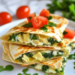 For a great cheesy spinach artichoke quesadilla, you need: - 1 cup fresh spinach, chopped - 1 cup canned artichoke hearts, drained and chopped - 4 flour tortillas (8-inch) - Optional: Fresh diced tomatoes and cilantro for garnish Fresh spinach adds a nice crunch, and artichoke hearts give a unique flavor. Always use fresh spinach for the best taste. You want it bright green and free of wilt. Canned artichokes are fine, but drain them well to avoid extra moisture. The right cheeses make this dish creamy and flavorful. We use: - 1 cup cream cheese, softened - 1 cup shredded mozzarella cheese - 1/2 cup grated Parmesan cheese Cream cheese gives a rich base. It blends smoothly with the other ingredients. Mozzarella melts beautifully, making your quesadillas gooey. Parmesan adds a salty bite and depth. Feel free to mix and match cheeses if you like! Seasoning is key for flavor. You will need: - 1 teaspoon garlic powder - 1 teaspoon onion powder - Salt and pepper to taste Garlic powder and onion powder enhance the taste without being too strong. Adjust salt and pepper to your liking. These simple seasonings let the cheese and veggies shine. {{ingredient_image_1}} First, grab a large bowl. Add 1 cup of fresh spinach and 1 cup of artichoke hearts. Make sure the artichokes are drained and chopped. Next, mix in 1 cup of softened cream cheese. Then, add 1 cup of shredded mozzarella and 1/2 cup of grated Parmesan. Sprinkle in 1 teaspoon of garlic powder and 1 teaspoon of onion powder. Finally, season with salt and pepper. Stir well until you have a creamy, smooth filling. Heat 1 tablespoon of olive oil in a large skillet over medium heat. Place one tortilla in the pan. Spread half of the spinach-artichoke mixture on one half of the tortilla. Fold the tortilla over to cover the filling. Press down gently. Cook for 3-4 minutes until the bottom is golden brown. Carefully flip it over. Add another tablespoon of olive oil if you need it. Cook for another 3-4 minutes until the second side is golden and the cheese melts. Remove it from the skillet and let it cool a bit. Cut it into wedges. Repeat with the rest of the tortillas and filling. For the best golden quesadillas, use medium heat. This way, the cheese melts without burning the tortilla. Make sure to press down gently while cooking. This helps the filling stay inside. If you want extra crispiness, add more olive oil. You can also use a lid to trap steam, which helps melt the cheese faster. Enjoy your delicious cheesy spinach artichoke quesadillas! To make your cheesy spinach artichoke quesadillas pop, focus on fresh herbs. I love adding fresh cilantro or basil. These herbs brighten the dish. You can also try adding a splash of lemon juice. This adds a nice zing. If you want some heat, add jalapeños or crushed red pepper. These tweaks bring the flavors to life. For a crispier quesadilla, use a hot skillet. Preheat it before adding oil. You can also try baking them. Preheat your oven to 400°F. Place the stuffed quesadillas on a baking sheet, then bake for 10 to 12 minutes. This method makes them even crispier and is perfect for larger batches. Don't forget to flip them halfway through for even cooking. Make your quesadillas look stunning! Cut them into wedges and arrange them on a plate. Add a dollop of sour cream or guacamole on the side. You can also sprinkle chopped tomatoes and cilantro on top for color. A squeeze of lime juice right before serving adds freshness. These simple steps make your quesadillas more inviting. Pro Tips Use Fresh Ingredients: Fresh spinach and artichokes will provide a brighter flavor and better texture than canned or frozen options. Adjust the Cheese: Feel free to experiment with different types of cheese such as feta or pepper jack for a unique twist. Keep the Heat Moderate: Cooking on medium heat ensures that the tortillas get crispy without burning while allowing the cheese to melt thoroughly. Customize Your Fillings: Add other ingredients like cooked chicken, mushrooms, or bell peppers to enhance the flavor and nutrition of your quesadillas. {{image_2}} You can easily swap some ingredients in these cheesy spinach artichoke quesadillas. For a twist, use kale instead of spinach. Kale gives a nice crunch and a different flavor. You can also try using different cheeses. Swap mozzarella for cheddar or pepper jack for a spicy kick. If you want a lighter option, use Greek yogurt instead of cream cheese. It adds a tangy taste and cuts some calories too. If you're following a special diet, this recipe can adjust to fit your needs. For a vegan version, use dairy-free cream cheese and vegan mozzarella. Make sure your tortillas are also vegan-friendly. If you avoid gluten, use gluten-free tortillas. You can still enjoy all the cheesy goodness with these easy swaps. Always check labels to ensure they meet your dietary needs. These quesadillas are great for many occasions. Serve them as a fun snack during movie night or as a quick lunch. Pair them with salsa or guacamole for extra flavor. You can also add a fresh salad on the side for a healthy crunch. Feel free to top with fresh diced tomatoes and cilantro for a pop of color. Each bite becomes a tasty treat! To keep your cheesy spinach artichoke quesadillas fresh, store them in the fridge. Place them in an airtight container. You can also wrap them tightly in plastic wrap. This helps prevent them from drying out. They stay good in the fridge for up to 3 days. When ready to eat, you can reheat them right away. You can freeze quesadillas for later. First, let them cool completely. Wrap each quesadilla in plastic wrap. Then, place them in a freezer bag or container. Be sure to squeeze out all the air to prevent freezer burn. They can stay frozen for up to 3 months. When you want to eat them, thaw them overnight in the fridge. To reheat quesadillas, you have a few options. The best way is in a skillet. Heat a non-stick skillet over medium heat. Place the quesadilla in the skillet and cook for 2-3 minutes on each side until warm. You can also use a microwave for quick reheating. Just place it on a plate and heat for 1-2 minutes. If you want a crispy texture, stick with the skillet method. Enjoy your delicious quesadillas! Yes, you can use many cheese types in these quesadillas. Cream cheese gives a nice base. Try adding cheddar for a sharp taste. Gouda or pepper jack can add a fun twist. Mix and match to find your favorite combo. Cheese melts well, so it will work! To make these quesadillas gluten-free, choose gluten-free tortillas. Many brands offer good options. Check the label to ensure they are gluten-free. The filling is already gluten-free, so you are all set. Enjoy a tasty meal without the gluten! Dipping sauces can enhance your quesadilla experience. I recommend salsa for a fresh taste. Guacamole adds creaminess and flavor. Sour cream can cool down spicy bites. You might even try a yogurt dip for a twist. Find your favorite and enjoy! This blog post covered how to make great quesadillas. We explored key ingredients, like fresh veggies and cheese. I shared step-by-step instructions that lead to a tasty result. Helpful tips enhanced cooking and serving. We also discussed variations to fit tastes and diets, plus how to store your quesadillas. I hope you feel ready to try making these delicious meals. With the right ingredients and methods, you can impress anyone at the table! Enjoy your cooking adventure, and always have fun with your meals.