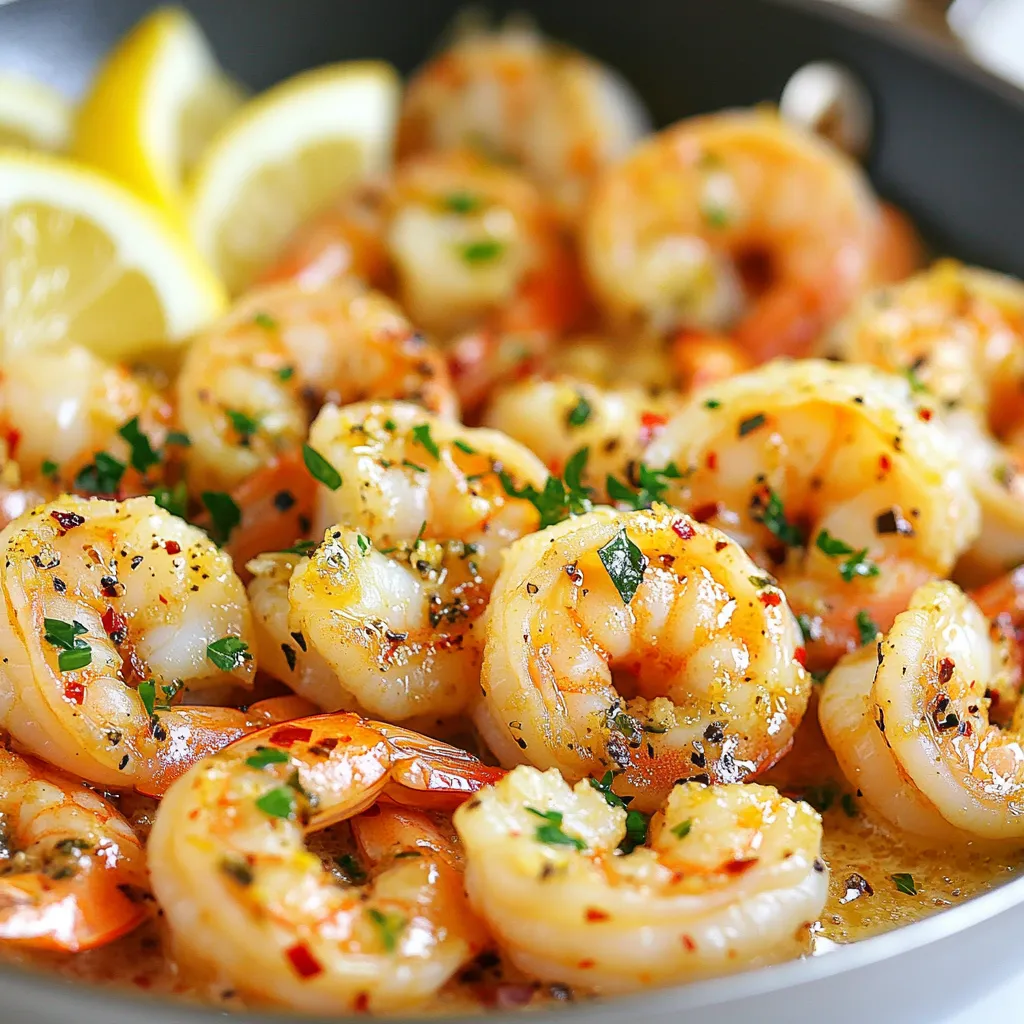- 1 pound large shrimp, peeled and deveined - 4 cloves garlic, minced - 2 tablespoons olive oil - 1 tablespoon unsalted butter - Juice and zest of 1 lemon - 1 teaspoon red pepper flakes (adjust to taste) - 1 teaspoon dried Italian herbs (oregano, thyme, and basil) - Salt and pepper to taste - Fresh parsley, chopped (for garnish) - Lemon wedges (for serving) When I make Lemon Garlic Shrimp Skillet, I use fresh ingredients for the best taste. The shrimp should be large and firm. I always peel and devein them for a clean bite. Garlic adds a great flavor. I use four cloves, minced finely, to get a nice punch. I heat two tablespoons of olive oil in a skillet. The oil needs to be hot but not smoking. I add the garlic first. It cooks for about 30 seconds until it smells great. Then, I toss in the shrimp. One pound of shrimp fills the skillet nicely. For seasoning, I add the juice and zest of one lemon. It brings a bright taste. I sprinkle in red pepper flakes too. This adds some heat. I use one teaspoon, but you can adjust it to your liking. A mix of dried Italian herbs gives the dish depth. I use one teaspoon of this blend. Don't forget salt and pepper. These are key for flavor. Finally, I chop fresh parsley for garnish. It adds color and freshness. I serve the shrimp with lemon wedges on the side. This dish comes together fast, and the flavors shine through. {{ingredient_image_1}} 1. First, get your large skillet and heat 2 tablespoons of olive oil over medium-high heat. 2. Once the oil is hot, add 4 cloves of minced garlic. Sauté for about 30 seconds. You want it fragrant, but not brown. 1. Next, add 1 pound of peeled and deveined shrimp to the skillet. 2. Sprinkle in 1 teaspoon of red pepper flakes, 1 teaspoon of dried Italian herbs, and salt and pepper to taste. Cook for about 2-3 minutes on one side. You’ll see the shrimp start to turn pink. 3. Flip the shrimp for even cooking. 1. Now, add 1 tablespoon of unsalted butter, the juice, and zest of 1 lemon to the skillet. 2. Stir everything together and cook for another 2-3 minutes. The shrimp should be opaque and fully cooked. 3. Finally, remove the skillet from heat. Toss fresh chopped parsley over the shrimp for a burst of color. Serve it right away with lemon wedges on the side for an extra zing. How to choose fresh shrimp When picking shrimp, look for bright shells. The shrimp should smell like the sea, not fishy. If possible, buy shrimp that is still in the shell. This helps keep it fresh. Check for any black spots or discoloration. These can show that the shrimp is old. Ideal cooking time for shrimp Shrimp cooks quickly. Each side takes about 2-3 minutes. You want them to turn pink and opaque. Overcooking will make them tough. So, keep an eye on the time. Substitutions for ingredients You can swap olive oil for butter for a richer taste. If you don’t have red pepper flakes, use fresh chili instead. For the herbs, any mix of oregano, thyme, or basil works well. You can even use fresh herbs if you have them. Adjusting spice levels to taste Want more heat? Add extra red pepper flakes. If you prefer less spice, use half the amount. Taste as you cook. This way, you can adjust the flavors to your liking. Pro Tips Fresh Shrimp is Key: Always use fresh shrimp for the best flavor and texture. If using frozen shrimp, make sure to thaw them completely before cooking. Adjust Spice Levels: Feel free to adjust the amount of red pepper flakes based on your spice preference. Start with less if you're unsure! Don't Overcook the Shrimp: Shrimp cook quickly. Watch them closely; they are done when they turn pink and opaque. Overcooked shrimp can become rubbery. Serving Suggestions: Serve this dish over a bed of rice or pasta to soak up the delicious lemon garlic sauce. It also pairs well with a fresh green salad. {{image_2}} You can make your Lemon Garlic Shrimp Skillet even better by adding veggies. Some great choices are: - Bell peppers - Zucchini - Spinach - Asparagus To add these vegetables, chop them into bite-size pieces. Sauté them in the olive oil before adding the garlic. Cook for about 2-3 minutes until they soften. Then, add the shrimp and continue with the recipe. This boosts nutrition and adds color. If you want to switch things up, try using chicken or fish. Chicken breast works well. Cut it into small pieces and cook it until golden brown. This will take about 6-8 minutes. For fish, use firm types like cod or salmon. Cook them for about 4-5 minutes on each side. Adjust your cooking times to ensure everything is fully cooked. Presentation matters, especially with a dish like this. Serve the shrimp on a large plate. Top with fresh parsley for a pop of green. Place lemon wedges on the side for extra zing. For side dishes, consider serving it with: - A light salad - Steamed rice - Garlic bread These pair nicely with the flavors and make your meal complete. To store your lemon garlic shrimp, let it cool first. Place it in an airtight container. This keeps the shrimp fresh and tasty. You can store it in the fridge for up to three days. If you want to keep it longer, freeze it. It will last in the freezer for about one month. When reheating shrimp, choose gentle methods. The microwave works, but it can overcook shrimp. Instead, use a skillet on low heat. Add a splash of water or broth to keep it moist. Stir often to ensure even heating. This method helps keep the shrimp tender and juicy. Enjoy your shrimp as if it were fresh! It takes about 5 to 6 minutes to cook shrimp. You want them to turn pink and opaque. Cooking shrimp too long makes them tough. Yes, you can use frozen shrimp for this recipe. Just thaw them first under cold water. Pat them dry before cooking. This helps them sear nicely. You can serve lemon garlic shrimp with various sides. Some great options include: - Rice or quinoa - Pasta or noodles - Steamed vegetables - A fresh salad These pair well and soak up the tasty flavors. You know shrimp are done when they turn pink and curl slightly. They should also be opaque and firm to the touch. If they are still translucent, keep cooking them a bit longer. Yes, you can make this recipe ahead of time. Cook the shrimp and store them in the fridge. Reheat gently before serving. However, shrimp taste best fresh. This blog post covered how to make lemon garlic shrimp. You learned about key ingredients, simple steps, and helpful tips. The recipe is easy to follow and offers great flavor. Using fresh shrimp and adjusting spices makes it your own. Try adding veggies or different proteins for variety. Storing and reheating shrimp ensures you enjoy it later. Now, you can impress yourself and others with this dish. Enjoy exploring all the ways to make it your own!