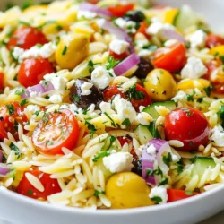 - 1 cup orzo pasta - 1 cup cherry tomatoes, halved - 1 cucumber, diced - 1/2 red onion, finely chopped - 1/2 cup Kalamata olives, pitted and sliced - 1/2 cup feta cheese, crumbled - 1/4 cup fresh parsley, chopped - 1/4 cup olive oil - 2 tablespoons lemon juice - 1 teaspoon dried oregano - Salt and pepper to taste - Orzo pasta: This small pasta is a good source of carbs. It gives energy and fills you up. - Cherry tomatoes: These are low in calories and high in vitamins. They contain antioxidants that help your body. - Cucumber: This veggie is hydrating and low in calories. It keeps you cool and fresh. - Red onion: Packed with vitamins, red onion adds flavor. It has compounds that may help heart health. - Kalamata olives: These olives provide healthy fats. They can help lower bad cholesterol. - Feta cheese: Feta is a good source of protein and calcium. It adds creaminess and flavor. - Fresh parsley: This herb is rich in vitamins. It adds color and freshness to your dish. - Olive oil: A healthy fat, olive oil supports heart health. It gives the salad a rich flavor. - Lemon juice: This adds brightness and flavor. It also helps with digestion. - Dried oregano: This herb is full of antioxidants. It gives a warm, earthy taste. - Salt and pepper: These enhance flavors. They make every bite pop. - Orzo pasta: You can use quinoa or rice for a gluten-free option. - Cherry tomatoes: Grape tomatoes or diced bell peppers work well too. - Cucumber: Zucchini or radishes can add crunch. - Red onion: Green onions or shallots can give a milder taste. - Kalamata olives: Any black olives can be used in a pinch. - Feta cheese: Goat cheese or a dairy-free feta can be good swaps. - Fresh parsley: Cilantro or basil can offer a new flavor twist. - Olive oil: Avocado oil can replace olive oil if needed. - Lemon juice: Lime juice can be a zesty alternative. - Dried oregano: Italian seasoning can add a nice mix of herbs. - Salt and pepper: Season to your taste with any favorite spices. {{ingredient_image_1}} To start, bring a large pot of salted water to a boil. Add 1 cup of orzo pasta and cook it according to the package instructions. You want it to be al dente, which means it should be firm but cooked through. Once done, drain the orzo and rinse it under cold water. This step stops the cooking process and helps cool the pasta. Set it aside to cool completely. While the orzo cooks, you can prepare your fresh veggies. Take 1 cup of cherry tomatoes and cut them in half. Next, dice 1 cucumber into small pieces. Finely chop 1/2 of a red onion. Slice 1/2 cup of Kalamata olives, pitting them first if needed. Finally, chop 1/4 cup of fresh parsley. Keep all these chopped vegetables in a bowl to combine later. Now, let’s make a quick dressing. In a small bowl, combine 1/4 cup of olive oil, 2 tablespoons of lemon juice, and 1 teaspoon of dried oregano. Add salt and pepper to taste. Whisk the mixture until it blends well. This dressing will give your salad a bright flavor. In a large mixing bowl, add the cooled orzo. Then, toss in the chopped cherry tomatoes, diced cucumber, red onion, sliced olives, and crumbled feta cheese. Pour the dressing over the top. Gently toss everything together until well coated. Be careful not to mash the feta cheese. For the best taste, let the salad chill in the refrigerator for about 30 minutes. This allows the flavors to blend nicely. When you’re ready to serve, give it another light toss. You can serve it in a large bowl or on individual plates. For a nice touch, add extra feta cheese and parsley on top. Enjoy this fresh and flavorful dish! To cook orzo just right, start with salted boiling water. Cook the orzo until it is al dente. This means it should be firm but not hard. After cooking, drain the orzo. Rinse it under cold water to stop cooking. This step keeps it from getting mushy. Fresh ingredients make this salad shine. Always choose ripe cherry tomatoes and crisp cucumbers. Look for firm Kalamata olives and creamy feta cheese. Fresh parsley adds a bright touch. If possible, buy these ingredients from a local market. They often have the best quality. For a beautiful presentation, serve this salad in a large bowl. You can also use individual plates. Top each serving with extra feta cheese and parsley. Add a few whole olives for a nice touch. Pair the salad with grilled chicken or fish for a full meal. Enjoy the fresh flavors! Pro Tips Tip Title: Use Fresh Ingredients: Opt for the freshest vegetables and herbs to enhance the flavor and texture of your salad. Tip Title: Customize Your Olives: Experiment with different types of olives, such as green or stuffed ones, for a unique twist on the classic flavor. Tip Title: Add Protein: For a heartier meal, consider adding grilled chicken, chickpeas, or shrimp to the salad for added protein. Tip Title: Make It Ahead: Prepare the salad a few hours in advance or the day before. This allows the flavors to meld beautifully. {{image_2}} You can easily boost your Mediterranean Orzo Salad with protein. Grilled chicken or shrimp works well. To add grilled chicken, just slice it into strips and toss it in. You can also grill shrimp until they turn pink. This adds texture and makes the dish more filling. Feel free to use leftover rotisserie chicken for a quick option. If you want a vegetarian or vegan salad, replace the feta cheese. You can use tofu or chickpeas instead. These options give you protein while keeping the salad fresh. For a creamy texture, try using avocado. It adds richness and pairs well with the other flavors. Change up the salad by using seasonal vegetables. In summer, add bell peppers and zucchini. In fall, try roasted butternut squash or Brussels sprouts. These veggies bring new tastes and colors to your dish. Using seasonal produce can make the salad more vibrant and exciting. Enjoy experimenting with what you find at the market! To store your leftover Mediterranean Orzo Salad, first, let it cool completely. Then, scoop it into a container with a tight lid. This will keep the salad fresh and tasty. It is best to store the salad in the fridge. Avoid leaving it out at room temperature for long. This helps prevent spoilage. Use a glass or plastic container that seals well. A container with a lid keeps air and moisture out. This helps maintain the salad's texture and flavor. You can also use a bowl covered with plastic wrap. Just make sure it fits snugly. Your Mediterranean Orzo Salad will last about three to four days in the fridge. After that, the veggies may become limp, and the flavors might fade. Always check for any signs of spoilage before eating leftovers. If it smells off or looks strange, it’s best to throw it away. Yes, you can make this salad ahead. It tastes even better the next day. Just prepare it and store it in the fridge. The flavors will blend nicely. When you are ready to serve, give it a quick toss. This makes it a great dish for parties or meal prep. No, orzo is not gluten-free. It is made from wheat, which contains gluten. If you need a gluten-free option, look for gluten-free orzo made from rice or other grains. Many brands offer this alternative now. Always check the label to be sure. This salad pairs well with many dishes. You can serve it with grilled chicken, fish, or even lamb. It also goes great with pita bread and hummus. For a light meal, enjoy it with a side of tzatziki sauce. The fresh flavors complement each other perfectly. To add some heat, try adding red pepper flakes or diced jalapeños. You can also use spicy olives or a spicy dressing. For more flavor, mix in garlic or capers. Fresh herbs like basil or mint can also boost the taste. Experiment to find your favorite spice level! This blog post covered how to make a delicious Mediterranean Orzo Salad. We discussed the key ingredients, their benefits, and tasty substitutes. I provided step-by-step instructions to ensure great results. We also shared tips for the best texture and freshness. You can customize this salad with proteins and seasonal veggies. Plus, I included storage tips to keep leftovers fresh. Enjoy creating your own variations, and don’t hesitate to get creative!