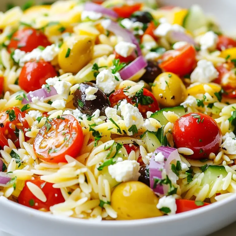 - 1 cup orzo pasta - 1 cup cherry tomatoes, halved - 1 cucumber, diced - 1/2 red onion, finely chopped - 1/2 cup Kalamata olives, pitted and sliced - 1/2 cup feta cheese, crumbled - 1/4 cup fresh parsley, chopped - 1/4 cup olive oil - 2 tablespoons lemon juice - 1 teaspoon dried oregano - Salt and pepper to taste - Orzo pasta: This small pasta is a good source of carbs. It gives energy and fills you up. - Cherry tomatoes: These are low in calories and high in vitamins. They contain antioxidants that help your body. - Cucumber: This veggie is hydrating and low in calories. It keeps you cool and fresh. - Red onion: Packed with vitamins, red onion adds flavor. It has compounds that may help heart health. - Kalamata olives: These olives provide healthy fats. They can help lower bad cholesterol. - Feta cheese: Feta is a good source of protein and calcium. It adds creaminess and flavor. - Fresh parsley: This herb is rich in vitamins. It adds color and freshness to your dish. - Olive oil: A healthy fat, olive oil supports heart health. It gives the salad a rich flavor. - Lemon juice: This adds brightness and flavor. It also helps with digestion. - Dried oregano: This herb is full of antioxidants. It gives a warm, earthy taste. - Salt and pepper: These enhance flavors. They make every bite pop. - Orzo pasta: You can use quinoa or rice for a gluten-free option. - Cherry tomatoes: Grape tomatoes or diced bell peppers work well too. - Cucumber: Zucchini or radishes can add crunch. - Red onion: Green onions or shallots can give a milder taste. - Kalamata olives: Any black olives can be used in a pinch. - Feta cheese: Goat cheese or a dairy-free feta can be good swaps. - Fresh parsley: Cilantro or basil can offer a new flavor twist. - Olive oil: Avocado oil can replace olive oil if needed. - Lemon juice: Lime juice can be a zesty alternative. - Dried oregano: Italian seasoning can add a nice mix of herbs. - Salt and pepper: Season to your taste with any favorite spices. {{ingredient_image_1}} To start, bring a large pot of salted water to a boil. Add 1 cup of orzo pasta and cook it according to the package instructions. You want it to be al dente, which means it should be firm but cooked through. Once done, drain the orzo and rinse it under cold water. This step stops the cooking process and helps cool the pasta. Set it aside to cool completely. While the orzo cooks, you can prepare your fresh veggies. Take 1 cup of cherry tomatoes and cut them in half. Next, dice 1 cucumber into small pieces. Finely chop 1/2 of a red onion. Slice 1/2 cup of Kalamata olives, pitting them first if needed. Finally, chop 1/4 cup of fresh parsley. Keep all these chopped vegetables in a bowl to combine later. Now, let’s make a quick dressing. In a small bowl, combine 1/4 cup of olive oil, 2 tablespoons of lemon juice, and 1 teaspoon of dried oregano. Add salt and pepper to taste. Whisk the mixture until it blends well. This dressing will give your salad a bright flavor. In a large mixing bowl, add the cooled orzo. Then, toss in the chopped cherry tomatoes, diced cucumber, red onion, sliced olives, and crumbled feta cheese. Pour the dressing over the top. Gently toss everything together until well coated. Be careful not to mash the feta cheese. For the best taste, let the salad chill in the refrigerator for about 30 minutes. This allows the flavors to blend nicely. When you’re ready to serve, give it another light toss. You can serve it in a large bowl or on individual plates. For a nice touch, add extra feta cheese and parsley on top. Enjoy this fresh and flavorful dish! To cook orzo just right, start with salted boiling water. Cook the orzo until it is al dente. This means it should be firm but not hard. After cooking, drain the orzo. Rinse it under cold water to stop cooking. This step keeps it from getting mushy. Fresh ingredients make this salad shine. Always choose ripe cherry tomatoes and crisp cucumbers. Look for firm Kalamata olives and creamy feta cheese. Fresh parsley adds a bright touch. If possible, buy these ingredients from a local market. They often have the best quality. For a beautiful presentation, serve this salad in a large bowl. You can also use individual plates. Top each serving with extra feta cheese and parsley. Add a few whole olives for a nice touch. Pair the salad with grilled chicken or fish for a full meal. Enjoy the fresh flavors! Pro Tips Tip Title: Use Fresh Ingredients: Opt for the freshest vegetables and herbs to enhance the flavor and texture of your salad. Tip Title: Customize Your Olives: Experiment with different types of olives, such as green or stuffed ones, for a unique twist on the classic flavor. Tip Title: Add Protein: For a heartier meal, consider adding grilled chicken, chickpeas, or shrimp to the salad for added protein. Tip Title: Make It Ahead: Prepare the salad a few hours in advance or the day before. This allows the flavors to meld beautifully. {{image_2}} You can easily boost your Mediterranean Orzo Salad with protein. Grilled chicken or shrimp works well. To add grilled chicken, just slice it into strips and toss it in. You can also grill shrimp until they turn pink. This adds texture and makes the dish more filling. Feel free to use leftover rotisserie chicken for a quick option. If you want a vegetarian or vegan salad, replace the feta cheese. You can use tofu or chickpeas instead. These options give you protein while keeping the salad fresh. For a creamy texture, try using avocado. It adds richness and pairs well with the other flavors. Change up the salad by using seasonal vegetables. In summer, add bell peppers and zucchini. In fall, try roasted butternut squash or Brussels sprouts. These veggies bring new tastes and colors to your dish. Using seasonal produce can make the salad more vibrant and exciting. Enjoy experimenting with what you find at the market! To store your leftover Mediterranean Orzo Salad, first, let it cool completely. Then, scoop it into a container with a tight lid. This will keep the salad fresh and tasty. It is best to store the salad in the fridge. Avoid leaving it out at room temperature for long. This helps prevent spoilage. Use a glass or plastic container that seals well. A container with a lid keeps air and moisture out. This helps maintain the salad's texture and flavor. You can also use a bowl covered with plastic wrap. Just make sure it fits snugly. Your Mediterranean Orzo Salad will last about three to four days in the fridge. After that, the veggies may become limp, and the flavors might fade. Always check for any signs of spoilage before eating leftovers. If it smells off or looks strange, it’s best to throw it away. Yes, you can make this salad ahead. It tastes even better the next day. Just prepare it and store it in the fridge. The flavors will blend nicely. When you are ready to serve, give it a quick toss. This makes it a great dish for parties or meal prep. No, orzo is not gluten-free. It is made from wheat, which contains gluten. If you need a gluten-free option, look for gluten-free orzo made from rice or other grains. Many brands offer this alternative now. Always check the label to be sure. This salad pairs well with many dishes. You can serve it with grilled chicken, fish, or even lamb. It also goes great with pita bread and hummus. For a light meal, enjoy it with a side of tzatziki sauce. The fresh flavors complement each other perfectly. To add some heat, try adding red pepper flakes or diced jalapeños. You can also use spicy olives or a spicy dressing. For more flavor, mix in garlic or capers. Fresh herbs like basil or mint can also boost the taste. Experiment to find your favorite spice level! This blog post covered how to make a delicious Mediterranean Orzo Salad. We discussed the key ingredients, their benefits, and tasty substitutes. I provided step-by-step instructions to ensure great results. We also shared tips for the best texture and freshness. You can customize this salad with proteins and seasonal veggies. Plus, I included storage tips to keep leftovers fresh. Enjoy creating your own variations, and don’t hesitate to get creative!
