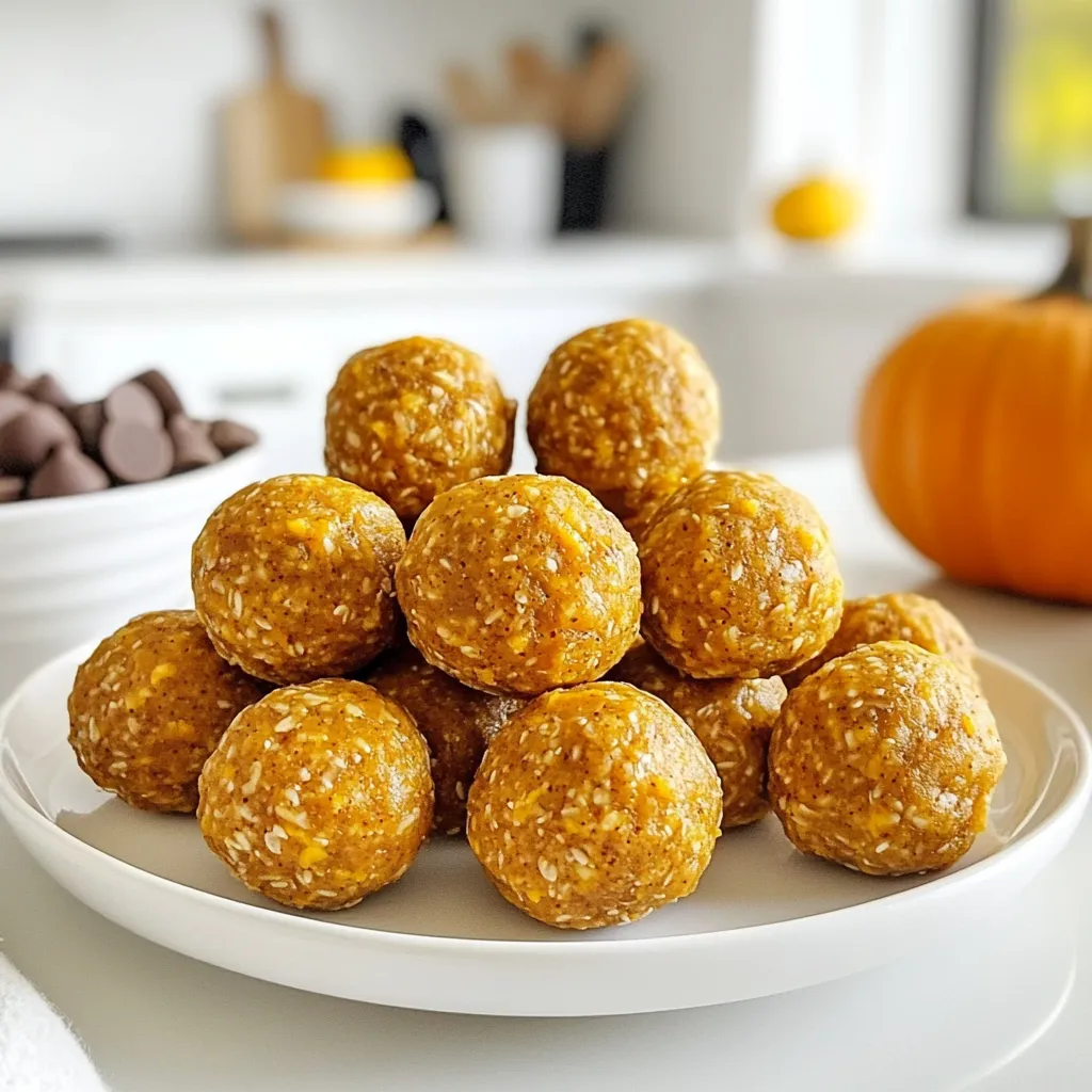 To make Pumpkin Spice Energy Bites, you need simple and wholesome ingredients. Here’s what you will need: - 1 cup rolled oats - 1/2 cup almond butter - 1/2 cup pumpkin puree - 1/4 cup honey or maple syrup - 1 teaspoon pumpkin pie spice - 1/2 teaspoon vanilla extract - 1/4 cup ground flaxseeds - 1/4 cup mini chocolate chips (optional) - A pinch of salt Each ingredient plays an important role. Rolled oats provide fiber and energy. Almond butter adds healthy fats and protein. Pumpkin puree gives moisture and flavor. Honey or maple syrup sweetens the bites naturally. Pumpkin pie spice adds a warm, cozy taste. Vanilla extract enhances the overall flavor. Ground flaxseeds bring omega-3s and help bind the mixture. Mini chocolate chips, if you choose to add them, offer a delightful treat. Finally, a pinch of salt balances the flavors. Gather these ingredients and get ready for a fun and tasty treat! {{ingredient_image_1}} To make Pumpkin Spice Energy Bites, start by gathering your ingredients. In a large mixing bowl, combine the rolled oats, almond butter, and pumpkin puree. Add honey or maple syrup for sweetness. Sprinkle in the pumpkin pie spice and vanilla extract. Mix everything well until you see a smooth blend. This step is key to getting the flavors just right. Once your mixture is ready, it’s time to shape the bites. Take a small amount of the mixture, about a tablespoon. Use your hands to roll it into a ball, about 1 inch in diameter. This part is fun! Place each ball on a baking sheet lined with parchment paper. Keep going until you form all the energy bites. If you want, you can fold in mini chocolate chips for a sweet surprise. After forming the bites, it's important to chill them. Place the baking sheet in the fridge for at least 30 minutes. This helps them hold their shape and become firmer. Once chilled, your energy bites are ready to eat! Enjoy them as a quick snack or a boost before exercise. Store any leftovers in an airtight container in the fridge for up to a week. You can easily swap some ingredients in this recipe. Here are a few ideas: - Nut Butters: Use peanut butter if you prefer it over almond butter. - Sweeteners: Maple syrup can replace honey for a vegan option. - Flours: Instead of ground flaxseeds, try chia seeds for a different texture. - Oats: Quick oats work well if you don’t have rolled oats. These swaps keep the flavor but change the texture or taste slightly. Make these energy bites your own! Here are some fun ideas: - Add-ins: Toss in some chopped nuts or dried fruit for extra crunch. - Spices: Mix in cinnamon or nutmeg for a flavor boost. - Chocolate: Use dark chocolate chips or white chocolate for a sweet twist. - Protein: Add protein powder for a post-workout snack. These customizations let you cater to your taste and diet needs. Enjoy these energy bites in many ways: - Snack Time: Grab a few when you need a quick energy boost. - Breakfast: Pair them with yogurt and fruit for a filling breakfast. - On-the-go: Pack them for travel or hikes for a healthy treat. - Party Snack: Serve them at gatherings for a fun shareable bite. These bites make healthy eating easy and enjoyable for any occasion. Pro Tips Chill Before Rolling: Refrigerate the mixture for about 10-15 minutes before rolling into balls. This makes it easier to handle and shape. Customize Your Flavors: Feel free to add other spices like cinnamon or nutmeg for an extra flavor kick, or swap out the chocolate chips for dried fruit or nuts. Perfect Portion Size: For uniform energy bites, use a small cookie scoop or tablespoon to measure out each ball, ensuring even sizes for consistent nutrition. Store Properly: Keep your energy bites in an airtight container in the fridge. They also freeze well for longer storage, so you can enjoy them later! {{image_2}} You can easily make these energy bites vegan. Just swap honey for maple syrup. Maple syrup adds a nice sweetness without any animal products. All other ingredients are already vegan. So, you can enjoy this treat guilt-free! If you need a gluten-free version, use certified gluten-free oats. These oats taste just as good but fit your diet. The almond butter and pumpkin puree are gluten-free too. This way, everyone can enjoy these tasty bites! Feel free to get creative with flavors. Adding nuts like walnuts or pecans gives extra crunch. You can also mix in dried fruits like cranberries or raisins. These add sweetness and chewiness. Try mini chocolate chips for a treat or coconut flakes for a tropical twist. Each choice makes your energy bites unique and fun! To keep your Pumpkin Spice Energy Bites fresh, place them in an airtight container. This helps prevent moisture and keeps the flavors intact. Store them in the fridge, where they can stay cool and tasty. You can also layer parchment paper between the bites to avoid sticking. This works well if you stack them. If you want to enjoy these bites later, freezing is a great option. First, roll the bites and place them on a baking sheet. Freeze them for about 1 hour until they are firm. Next, transfer the bites to a freezer-safe bag or container. Remove as much air as you can to avoid freezer burn. They can last up to three months in the freezer. In the fridge, your Pumpkin Spice Energy Bites will stay good for about a week. After that, they may lose some flavor and texture. If you freeze them, they last much longer. Just remember to thaw them in the fridge before you eat them. This keeps them soft and ready to enjoy! Yes, you can use peanut butter. It will give a different taste. Almond butter is smooth and mild. Peanut butter adds a rich, nutty flavor. Both options work well in this recipe. Choose what you like best! You can keep these energy bites in the fridge for up to a week. Store them in an airtight container. This keeps them fresh and tasty. If you want them to last longer, try freezing them! Yes, Pumpkin Spice Energy Bites are healthy! They use rolled oats, which are full of fiber. Almond butter adds healthy fats and protein. Pumpkin puree is low in calories and high in vitamins. Flaxseeds also provide omega-3 fatty acids. Enjoy these bites as a nutritious snack! These pumpkin spice energy bites are tasty and easy to make. We covered the ingredients, mixing, and chilling process. I shared tips to customize your bites and variations for different diets. Remember to store them properly to maintain freshness. Overall, these bites are a fun treat that fits various tastes. Enjoy making your own version, and feel free to share these with friends!