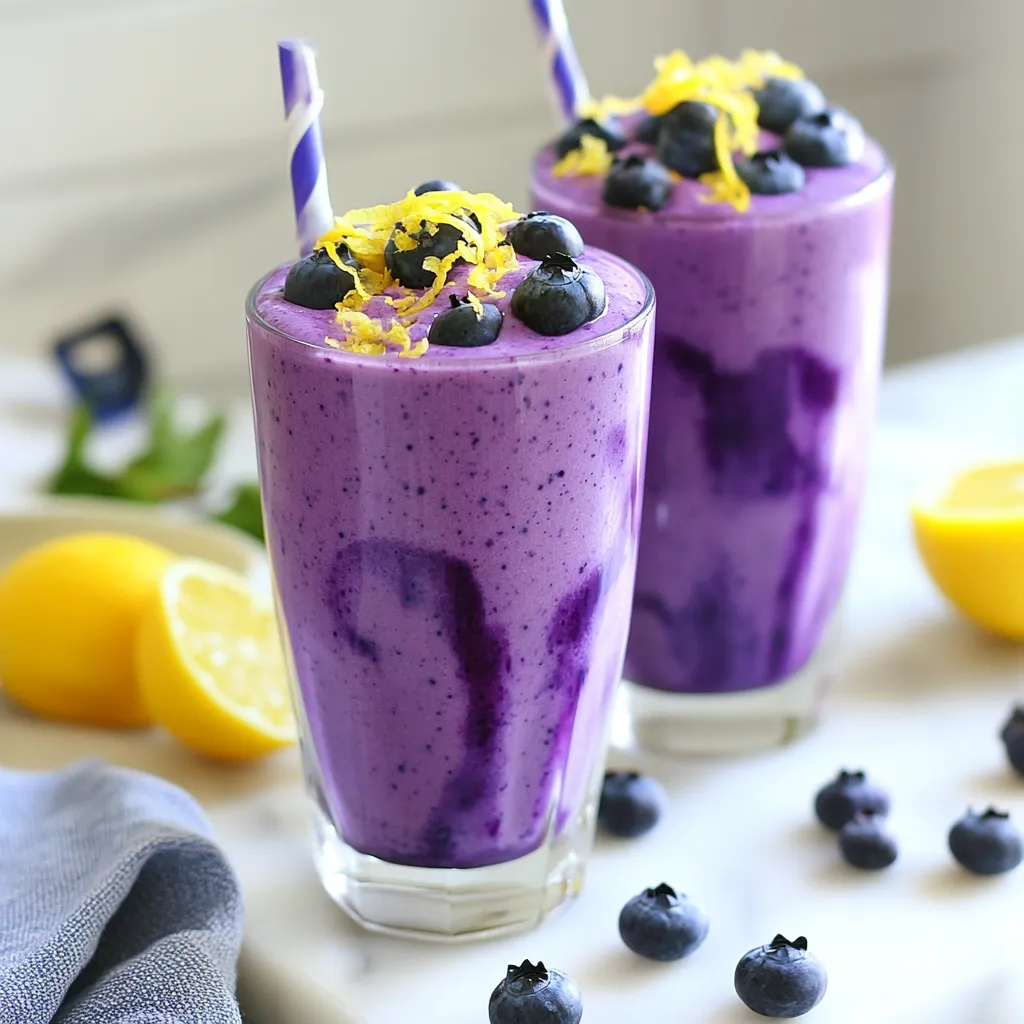 You can use fresh or frozen blueberries in this smoothie. Fresh blueberries taste bright and juicy. They give a nice texture and flavor. If you pick fresh ones, wash them well before blending. Frozen blueberries are great for a cold, creamy drink. They save time and can make your smoothie thicker without ice. Both options work well, so choose what you have. Plain Greek yogurt is my favorite for this recipe. It adds creaminess and protein. You can also use regular yogurt if you prefer a lighter taste. If you want a dairy-free option, try coconut yogurt. It gives a nice flavor and texture too. Just remember to check the sugar levels in flavored yogurts. Honey adds natural sweetness to your smoothie, but you can switch it out. Maple syrup is a great choice if you want a vegan option. Agave nectar works well too. For the milk, almond milk is light and tasty. If you have other milks at home, like oat or soy, use those. Each will give the smoothie a unique twist! {{ingredient_image_1}} Start by washing your blueberries well if they are fresh. If you use frozen blueberries, you can skip this. Next, peel the ripe banana and chop it into pieces. Gather your other ingredients: Greek yogurt, honey, lemon juice, almond milk, and lemon zest. Make sure you have everything ready. This makes blending easier. Now it’s time to blend! Add the blueberries, banana, Greek yogurt, honey, lemon juice, almond milk, and lemon zest to your blender. Make sure to put the lid on tight. Blend on high speed until smooth and creamy. You want a nice, thick texture. If you like your smoothie thicker, toss in a handful of ice cubes. Blend again until you reach your desired consistency. After blending, taste your smoothie. Do you like the sweetness? If you want it sweeter, add more honey. Blend again for a quick mix. If you find it too thick, add a splash more almond milk. Blend once more until it’s just right. Now your smoothie is ready to pour into glasses! Blueberry and lemon work well together. You can add spinach for a green boost. Try mint for a fresh taste. If you like it sweet, use maple syrup instead of honey. For a tropical twist, add mango or pineapple. These flavors make your smoothie unique and fun. Each ingredient in this smoothie brings health perks. Blueberries are full of antioxidants. They help protect your cells. Greek yogurt adds protein, which keeps you full. Bananas give you energy and potassium. Lemon juice is great for digestion and adds vitamin C. Almond milk is low in calories and dairy-free. Together, these ingredients create a nutritious drink. Serving matters, so make it fun! Use tall glasses to show off the color. Add colorful straws for a playful touch. You can sprinkle lemon zest on top for a pop of color. Whole blueberries on top look pretty too. If you want, add a lemon slice on the rim for extra flair. These small touches make your smoothie feel special! Pro Tips Use Frozen Blueberries: If fresh blueberries are out of season, frozen ones work perfectly and can make your smoothie extra cold and refreshing. Adjust Sweetness: Depending on the ripeness of your banana, you may need more or less honey. Always taste before serving. Thicker Smoothie: For a thicker consistency, add more Greek yogurt or a handful of oats for added nutrition. Experiment with Flavors: Feel free to add other fruits, like strawberries or spinach, to customize your smoothie and boost the nutrient profile. {{image_2}} If you want a dairy-free smoothie, try coconut yogurt. It adds a creamy texture. You can also use almond or soy yogurt. Both choices keep the taste smooth and rich. Choose unsweetened options to control the sugar level. Adding greens is a great way to boost nutrition. Spinach is mild and blends well. It won’t change the taste much. Kale gives a slightly earthy flavor. Use a small handful for the best results. Remember, the key is to blend until smooth. Want to add more flavor? Ginger adds a spicy kick. Use a small piece, about half an inch. Just peel and chop it before blending. Mint gives a cool taste. Add a few fresh leaves for a refreshing twist. Both options make your smoothie unique! After making your blueberry lemon yogurt smoothie, you may have some left. Store your smoothie in an airtight container. This helps keep it fresh. Place it in the fridge and enjoy within 1-2 days. Be sure to give it a good shake before drinking. This mixes the ingredients again for the best taste. Want to save some smoothies for later? Freezing is a great option! Pour your smoothie into ice cube trays or silicone molds. This allows you to freeze small portions. Once frozen, pop the cubes into a zip-top bag. You can store them for up to 3 months. When you want one, just blend a few cubes with milk or yogurt for a quick treat. If your smoothie sits for a while, it may separate. This is normal. To fix this, simply re-blend it! Pour the smoothie back into the blender. Blend until smooth again. You can add a splash of milk if it feels too thick. This restores the creamy texture and flavor you love. Yes, you can make this smoothie ahead of time. Just blend all the ingredients and store it in a sealed container. The best way is to store it in the fridge. It will stay fresh for up to 24 hours. If you want to keep it longer, consider freezing it. Just pour it into ice cube trays. Then, you can blend the cubes later for a quick treat. To make this smoothie vegan, swap the Greek yogurt for plant-based yogurt. You can use coconut, almond, or soy yogurt. Replace honey with maple syrup or agave nectar for sweetness. These swaps keep the smoothie creamy and delicious without any dairy. Many fruits work well with blueberries and lemon. Here are some great options: - Strawberries add a sweet touch. - Raspberries bring a tart flavor. - Peaches add a juicy sweetness. - Mangoes give a tropical twist. - Spinach adds greens without changing the taste much. Feel free to mix and match these fruits for fun new flavors! This blog post covers how to make a healthy blueberry smoothie. We discussed the best ingredients, including fresh versus frozen blueberries, the right yogurt types, and sweetener alternatives. You learned step-by-step instructions for preparation and blending, along with tips for flavor and health benefits. We also explored variations like dairy-free options and adding greens. Finally, I shared storage tips for leftovers and answered common questions. Now you are armed with everything needed to create a delicious smoothie. Enjoy the process, and have fun experimenting with flavors!