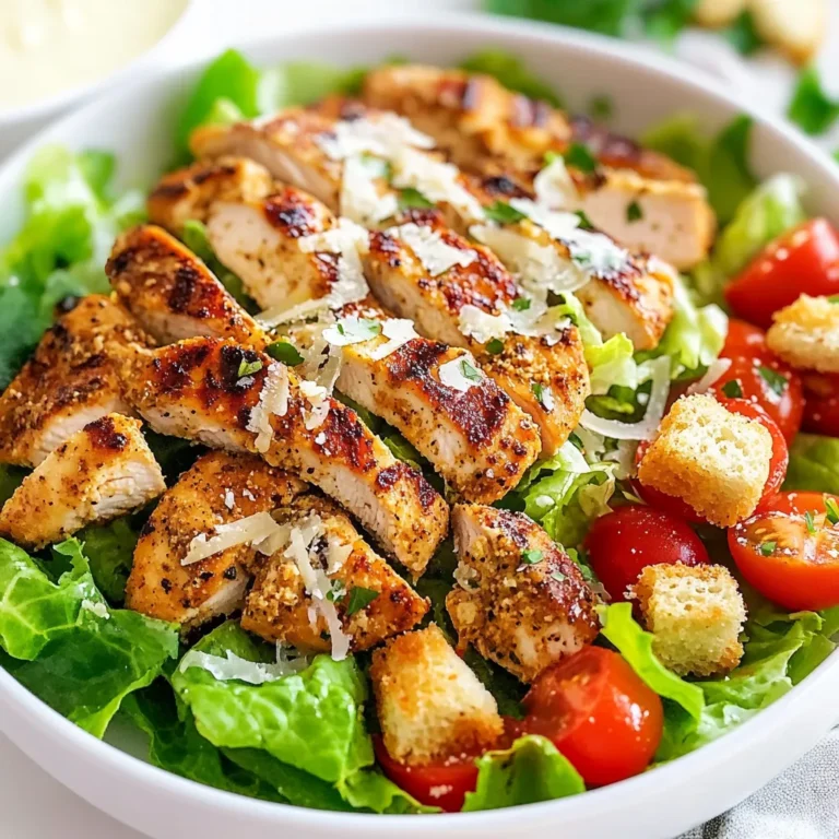 For my Cajun Chicken Caesar Salad, I use these key items: - 2 chicken breasts, boneless and skinless - 2 teaspoons Cajun seasoning - 1 tablespoon olive oil - 4 cups romaine lettuce, chopped - 1 cup cherry tomatoes, halved - ½ cup croutons - ¼ cup grated Parmesan cheese - ¼ cup Caesar dressing - Salt and pepper to taste - Fresh parsley, chopped (for garnish) These ingredients work together to create a fresh and tasty salad. The Cajun seasoning adds a bold flavor to the chicken. You can add more fun to your salad with these extras: - Avocado slices for creaminess - Red onion, thinly sliced for a bite - Bell peppers, diced for crunch - Extra cheese, like feta or blue cheese - A squeeze of lemon for brightness These choices give you more options. Feel free to mix and match to suit your taste. When you shop for your ingredients, focus on quality: - Choose fresh chicken breasts. They should feel firm and not slimy. - Get bright green romaine lettuce. It should be crisp and free of brown spots. - Use ripe cherry tomatoes. They should be plump and fragrant. - Select good-quality olive oil for a rich flavor. - Pick freshly grated Parmesan cheese. It melts better and tastes richer. Using fresh, high-quality ingredients makes a big difference. They enhance the flavor and ensure your salad is delicious and satisfying. {{ingredient_image_1}} Start by preheating your grill or skillet over medium-high heat. This will give your chicken a nice sear. While it warms up, season the chicken breasts. Use 2 teaspoons of Cajun seasoning along with salt and pepper. Rub the spices into the chicken, so the flavor goes deep. Next, add 1 tablespoon of olive oil to your grill or skillet. Place the seasoned chicken breasts on the hot surface. Cook them for about 6 to 7 minutes on each side. The chicken should reach an internal temperature of 165°F (75°C). Once done, take the chicken off the heat and let it rest for 5 minutes. This helps keep it juicy. While the chicken rests, prepare the salad base. Grab a large bowl and add 4 cups of chopped romaine lettuce. Toss in 1 cup of halved cherry tomatoes for a burst of color and flavor. Once the chicken has rested, slice it into strips. Add the chicken strips to your salad bowl. Now, it’s time to bring in some crunch. Toss in ½ cup of croutons to give your salad a nice texture. Then, sprinkle ¼ cup of grated Parmesan cheese on top. This adds a rich, cheesy flavor that pairs well with the chicken. Drizzle ¼ cup of Caesar dressing over the salad. Gently toss everything together to ensure the dressing coats all the ingredients. For that final pop of color, garnish the salad with freshly chopped parsley. This not only looks nice but also adds freshness. Serve the salad on plates, and enjoy your flavorful and fresh Cajun Chicken Caesar Salad! To cook chicken right, start with fresh, boneless breasts. Season them with Cajun seasoning, salt, and pepper. This mix gives great flavor. Heat your grill or skillet to medium-high. Add olive oil before the chicken. Cook each side for 6-7 minutes. Use a meat thermometer to check for 165°F (75°C). Let the chicken rest for five minutes. This step keeps it juicy. For extra flavor, consider adding garlic powder or paprika. A pinch of cayenne pepper can add a nice kick. These spices work well with Cajun seasoning. You can also marinate the chicken in the dressing for more depth. Just a few hours will do. This method infuses flavors deep into the meat. To make your salad look fancy, use a large, white bowl. This helps the colors pop. Place the romaine and tomatoes at the bottom. Slice the chicken and arrange it on top. Sprinkle croutons and Parmesan evenly. Drizzle Caesar dressing carefully, allowing it to coat the salad. Finish with fresh parsley for a bright touch. A well-presented salad makes it more tempting to eat! Pro Tips Marinate for Extra Flavor: For an even more flavorful chicken, marinate the chicken breasts in the Cajun seasoning and olive oil for at least 30 minutes before grilling. Use Fresh Ingredients: Always opt for fresh romaine lettuce and ripe cherry tomatoes to enhance the taste and presentation of your salad. Perfect Croutons: For homemade croutons, toss cubed bread in olive oil, garlic powder, and Italian herbs, then bake until golden brown for added texture. Temperature Check: To ensure your chicken is perfectly cooked, use a meat thermometer to check that the internal temperature reaches 165°F (75°C). {{image_2}} You can make a vegetarian version of this salad. Replace the chicken with marinated tofu or chickpeas. Use Cajun spices to season them. This keeps the bold flavor while making it meat-free. You can also add grilled veggies like bell peppers or zucchini. These add great taste and texture. If you want to switch up your proteins, consider shrimp or salmon. These seafood options pair well with the salad. Simply season them with Cajun spice and grill. You can also try adding hard-boiled eggs for extra protein. They add creaminess and flavor. Try different dressings to keep things fresh. You can mix Greek yogurt with lemon juice and garlic for a lighter option. Or blend avocado with olive oil for a creamy twist. A spicy chipotle dressing can also give a kick. Feel free to experiment with flavors to find your favorite! To store leftovers of your Cajun Chicken Caesar Salad, use an airtight container. Let the salad cool to room temperature before sealing it. Keep the dressing separate to avoid sogginess. This way, you enjoy fresh flavors when you eat it again. Place the container in the fridge. When reheating the chicken, keep it juicy. Use a microwave or oven. If using a microwave, cover the chicken with a damp paper towel. Heat it for 30 seconds, then check if it's hot. For the oven, preheat to 350°F (175°C), and place the chicken in a dish. Heat for about 10 minutes. Most ingredients stay fresh for a good while, but here's a quick guide: - Grilled Chicken: 3-4 days in the fridge. - Romaine Lettuce: Best used within 3 days for crispness. - Cherry Tomatoes: Last about 5-7 days when stored properly. - Croutons: Can sit for 1-2 weeks if sealed well. - Caesar Dressing: Check the label, but typically lasts 1-2 weeks once opened. By storing items correctly, you can enjoy your meal longer! Yes, you can make this salad ahead of time. Prepare the salad base by washing and chopping the romaine lettuce and halving the cherry tomatoes. Store these in the fridge. Grill the chicken and slice it, then keep it separate. This helps keep the salad fresh. Add the croutons, cheese, and dressing just before serving. This way, the salad stays crisp. The best way to grill chicken breasts is to start with even thickness. Use a meat mallet to pound them gently. Season the chicken with Cajun seasoning, salt, and pepper. Preheat your grill or skillet to medium-high heat. Add a little olive oil to prevent sticking. Grill each side for 6-7 minutes. Check the internal temperature; it should reach 165°F (75°C). Let it rest for five minutes before slicing. To make homemade Caesar dressing, mix these simple ingredients. Start with 1/2 cup mayonnaise. Add 1 tablespoon of Dijon mustard, 1 tablespoon of lemon juice, and 1 tablespoon of Worcestershire sauce. Then, stir in 1/4 cup grated Parmesan cheese. Finally, season with salt and pepper to taste. Blend until smooth. This dressing adds a creamy, rich flavor to the salad. In this blog post, we explored how to make a tasty Cajun Chicken Caesar Salad. We looked at key ingredients, step-by-step cooking instructions, and helpful tips for a great dish. You can adjust the recipe with fun variations and learn how to store it well. Keep these tips in mind to ensure your salad turns out perfect every time. Enjoy making it for meals or gatherings. This salad is sure to impress everyone!
