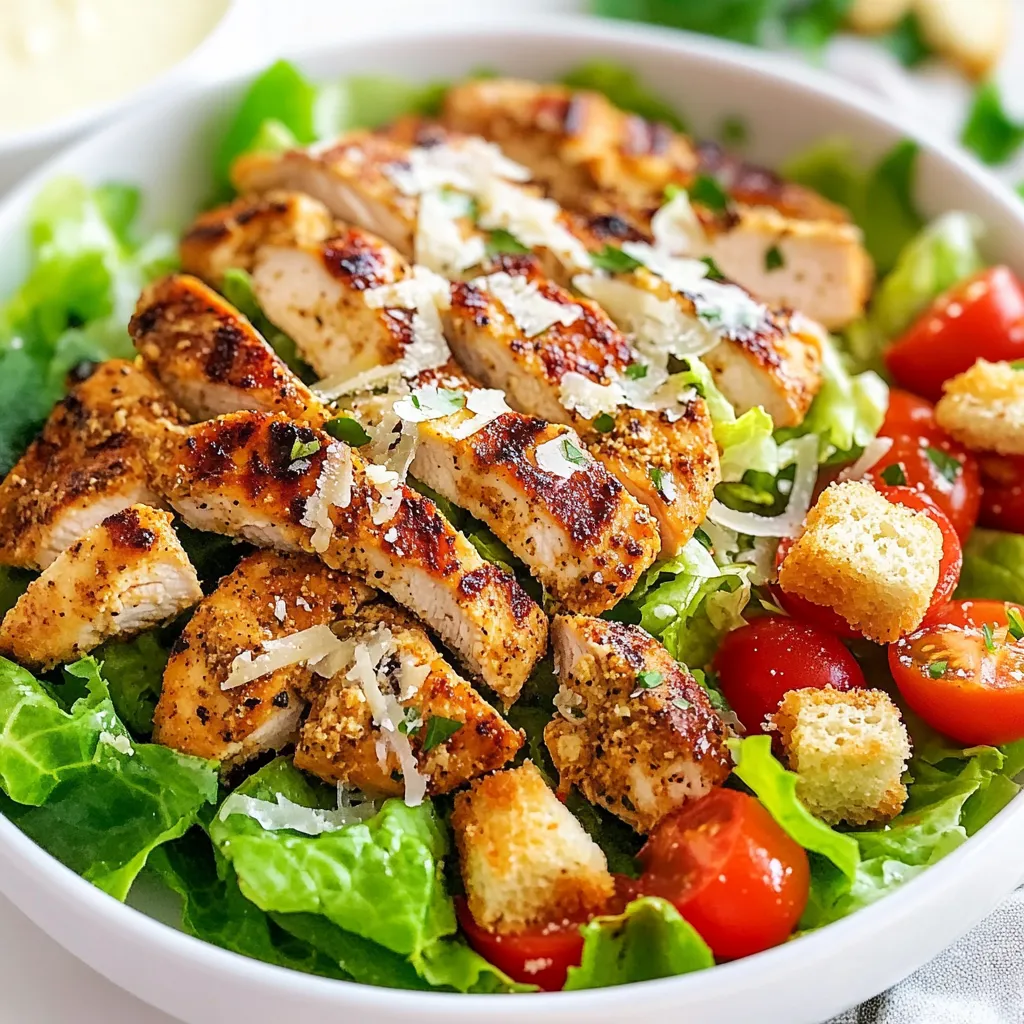 For my Cajun Chicken Caesar Salad, I use these key items: - 2 chicken breasts, boneless and skinless - 2 teaspoons Cajun seasoning - 1 tablespoon olive oil - 4 cups romaine lettuce, chopped - 1 cup cherry tomatoes, halved - ½ cup croutons - ¼ cup grated Parmesan cheese - ¼ cup Caesar dressing - Salt and pepper to taste - Fresh parsley, chopped (for garnish) These ingredients work together to create a fresh and tasty salad. The Cajun seasoning adds a bold flavor to the chicken. You can add more fun to your salad with these extras: - Avocado slices for creaminess - Red onion, thinly sliced for a bite - Bell peppers, diced for crunch - Extra cheese, like feta or blue cheese - A squeeze of lemon for brightness These choices give you more options. Feel free to mix and match to suit your taste. When you shop for your ingredients, focus on quality: - Choose fresh chicken breasts. They should feel firm and not slimy. - Get bright green romaine lettuce. It should be crisp and free of brown spots. - Use ripe cherry tomatoes. They should be plump and fragrant. - Select good-quality olive oil for a rich flavor. - Pick freshly grated Parmesan cheese. It melts better and tastes richer. Using fresh, high-quality ingredients makes a big difference. They enhance the flavor and ensure your salad is delicious and satisfying. {{ingredient_image_1}} Start by preheating your grill or skillet over medium-high heat. This will give your chicken a nice sear. While it warms up, season the chicken breasts. Use 2 teaspoons of Cajun seasoning along with salt and pepper. Rub the spices into the chicken, so the flavor goes deep. Next, add 1 tablespoon of olive oil to your grill or skillet. Place the seasoned chicken breasts on the hot surface. Cook them for about 6 to 7 minutes on each side. The chicken should reach an internal temperature of 165°F (75°C). Once done, take the chicken off the heat and let it rest for 5 minutes. This helps keep it juicy. While the chicken rests, prepare the salad base. Grab a large bowl and add 4 cups of chopped romaine lettuce. Toss in 1 cup of halved cherry tomatoes for a burst of color and flavor. Once the chicken has rested, slice it into strips. Add the chicken strips to your salad bowl. Now, it’s time to bring in some crunch. Toss in ½ cup of croutons to give your salad a nice texture. Then, sprinkle ¼ cup of grated Parmesan cheese on top. This adds a rich, cheesy flavor that pairs well with the chicken. Drizzle ¼ cup of Caesar dressing over the salad. Gently toss everything together to ensure the dressing coats all the ingredients. For that final pop of color, garnish the salad with freshly chopped parsley. This not only looks nice but also adds freshness. Serve the salad on plates, and enjoy your flavorful and fresh Cajun Chicken Caesar Salad! To cook chicken right, start with fresh, boneless breasts. Season them with Cajun seasoning, salt, and pepper. This mix gives great flavor. Heat your grill or skillet to medium-high. Add olive oil before the chicken. Cook each side for 6-7 minutes. Use a meat thermometer to check for 165°F (75°C). Let the chicken rest for five minutes. This step keeps it juicy. For extra flavor, consider adding garlic powder or paprika. A pinch of cayenne pepper can add a nice kick. These spices work well with Cajun seasoning. You can also marinate the chicken in the dressing for more depth. Just a few hours will do. This method infuses flavors deep into the meat. To make your salad look fancy, use a large, white bowl. This helps the colors pop. Place the romaine and tomatoes at the bottom. Slice the chicken and arrange it on top. Sprinkle croutons and Parmesan evenly. Drizzle Caesar dressing carefully, allowing it to coat the salad. Finish with fresh parsley for a bright touch. A well-presented salad makes it more tempting to eat! Pro Tips Marinate for Extra Flavor: For an even more flavorful chicken, marinate the chicken breasts in the Cajun seasoning and olive oil for at least 30 minutes before grilling. Use Fresh Ingredients: Always opt for fresh romaine lettuce and ripe cherry tomatoes to enhance the taste and presentation of your salad. Perfect Croutons: For homemade croutons, toss cubed bread in olive oil, garlic powder, and Italian herbs, then bake until golden brown for added texture. Temperature Check: To ensure your chicken is perfectly cooked, use a meat thermometer to check that the internal temperature reaches 165°F (75°C). {{image_2}} You can make a vegetarian version of this salad. Replace the chicken with marinated tofu or chickpeas. Use Cajun spices to season them. This keeps the bold flavor while making it meat-free. You can also add grilled veggies like bell peppers or zucchini. These add great taste and texture. If you want to switch up your proteins, consider shrimp or salmon. These seafood options pair well with the salad. Simply season them with Cajun spice and grill. You can also try adding hard-boiled eggs for extra protein. They add creaminess and flavor. Try different dressings to keep things fresh. You can mix Greek yogurt with lemon juice and garlic for a lighter option. Or blend avocado with olive oil for a creamy twist. A spicy chipotle dressing can also give a kick. Feel free to experiment with flavors to find your favorite! To store leftovers of your Cajun Chicken Caesar Salad, use an airtight container. Let the salad cool to room temperature before sealing it. Keep the dressing separate to avoid sogginess. This way, you enjoy fresh flavors when you eat it again. Place the container in the fridge. When reheating the chicken, keep it juicy. Use a microwave or oven. If using a microwave, cover the chicken with a damp paper towel. Heat it for 30 seconds, then check if it's hot. For the oven, preheat to 350°F (175°C), and place the chicken in a dish. Heat for about 10 minutes. Most ingredients stay fresh for a good while, but here's a quick guide: - Grilled Chicken: 3-4 days in the fridge. - Romaine Lettuce: Best used within 3 days for crispness. - Cherry Tomatoes: Last about 5-7 days when stored properly. - Croutons: Can sit for 1-2 weeks if sealed well. - Caesar Dressing: Check the label, but typically lasts 1-2 weeks once opened. By storing items correctly, you can enjoy your meal longer! Yes, you can make this salad ahead of time. Prepare the salad base by washing and chopping the romaine lettuce and halving the cherry tomatoes. Store these in the fridge. Grill the chicken and slice it, then keep it separate. This helps keep the salad fresh. Add the croutons, cheese, and dressing just before serving. This way, the salad stays crisp. The best way to grill chicken breasts is to start with even thickness. Use a meat mallet to pound them gently. Season the chicken with Cajun seasoning, salt, and pepper. Preheat your grill or skillet to medium-high heat. Add a little olive oil to prevent sticking. Grill each side for 6-7 minutes. Check the internal temperature; it should reach 165°F (75°C). Let it rest for five minutes before slicing. To make homemade Caesar dressing, mix these simple ingredients. Start with 1/2 cup mayonnaise. Add 1 tablespoon of Dijon mustard, 1 tablespoon of lemon juice, and 1 tablespoon of Worcestershire sauce. Then, stir in 1/4 cup grated Parmesan cheese. Finally, season with salt and pepper to taste. Blend until smooth. This dressing adds a creamy, rich flavor to the salad. In this blog post, we explored how to make a tasty Cajun Chicken Caesar Salad. We looked at key ingredients, step-by-step cooking instructions, and helpful tips for a great dish. You can adjust the recipe with fun variations and learn how to store it well. Keep these tips in mind to ensure your salad turns out perfect every time. Enjoy making it for meals or gatherings. This salad is sure to impress everyone!