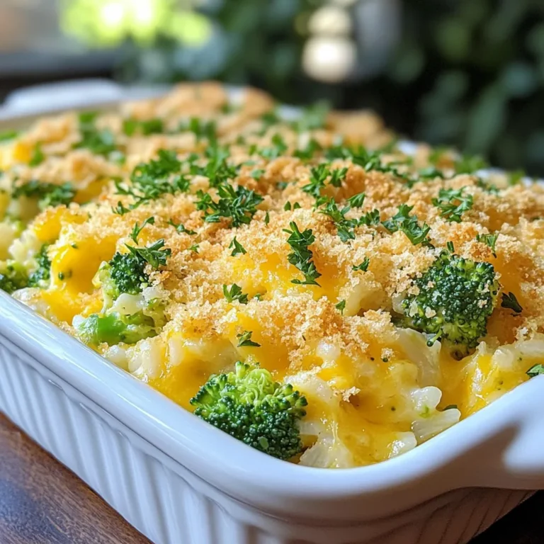 To make a tasty Cheesy Broccoli Rice Casserole, gather these ingredients: - 1 cup uncooked brown rice - 2 cups vegetable broth - 3 cups fresh broccoli florets - 1 cup shredded sharp cheddar cheese - 1 cup sour cream - 1 cup milk - 1/2 cup diced onion - 2 cloves garlic, minced - 1 teaspoon onion powder - 1 teaspoon garlic powder - 1/2 teaspoon black pepper - 1/4 teaspoon salt - 1/2 cup breadcrumbs - 2 tablespoons olive oil - Cooking spray Using the right measurements is key. Here’s how to measure each item: - For rice, use a dry measuring cup. - Measure broth in a liquid measuring cup. - Use a standard cup for cheese, sour cream, and milk. - Dice onion finely for even mixing. - Mince garlic into small pieces for full flavor. - Measure spices with measuring spoons for accuracy. - Breadcrumbs should be packed gently in the cup. You can easily adjust this recipe to fit your needs: - Swap out brown rice for white rice or quinoa for a gluten-free option. - Use vegetable broth for a vegan-friendly dish or chicken broth for extra flavor. - Change sharp cheddar for mozzarella or a dairy-free cheese. - Replace sour cream with Greek yogurt for a healthier choice. - If you don’t have fresh broccoli, frozen broccoli works as well. - For a lower-fat version, use low-fat milk and cheese. {{ingredient_image_1}} First, set your oven to 350°F (175°C). This heat helps cook the casserole evenly. Next, take a 9x13 inch casserole dish and spray it with cooking spray. This step prevents sticking and makes cleaning easier later. Now, grab a medium saucepan and add 1 cup of uncooked brown rice and 2 cups of vegetable broth. Bring this to a boil over high heat. Once it bubbles, lower the heat to low, cover it, and let it simmer for about 45 minutes. This will make the rice tender and absorb the broth. While the rice cooks, fill a large pot with salted water and bring it to a boil. Add 3 cups of fresh broccoli florets to the pot. Blanch the broccoli for about 3 minutes. It should turn bright green. After that, drain the broccoli and quickly place it in a bowl of ice water. This stops the cooking and keeps it crisp. Once it's cool, drain the broccoli again and set it aside. In a large mixing bowl, combine the cooked rice, blanched broccoli, 1 cup of shredded sharp cheddar cheese, 1 cup of sour cream, and 1 cup of milk. Add in 1/2 cup of diced onion, 2 cloves of minced garlic, 1 teaspoon of onion powder, 1 teaspoon of garlic powder, 1/2 teaspoon of black pepper, and 1/4 teaspoon of salt. Stir all the ingredients until they are well mixed. Pour the mixture into the prepared casserole dish. Spread it out evenly. In a small bowl, mix 1/2 cup of breadcrumbs with 2 tablespoons of olive oil until the breadcrumbs are coated. Sprinkle this mixture evenly over the top of the casserole. Now, bake it in the preheated oven for 30 to 35 minutes. It’s ready when the top is golden brown and bubbly. After baking, let it cool for a few minutes before serving. To cook brown rice well, rinse it first. This removes extra starch. Use a pot with a tight lid. Combine one cup of rice with two cups of vegetable broth. Bring it to a boil, then cover it. Lower the heat and let it simmer. This will take about 45 minutes. The rice should be tender and all broth absorbed. For a great cheese melt, choose sharp cheddar. Shred it fresh for the best texture. Add the cheese to the rice and broccoli mix while it's still warm. This helps it melt evenly. Do not add it too soon; it may clump. For extra cheesy goodness, add a bit more cheese on top before baking. Blanching broccoli is key. Boil it for just three minutes. It should be bright green and crisp. Then, quickly transfer it to ice water. This stops the cooking right away. Drain it well before adding to the casserole. This keeps the broccoli from getting mushy. Serve the casserole warm for the best taste. A sprinkle of fresh parsley adds color and flavor. For extra richness, drizzle melted cheese on top before serving. Pair it with a light salad or crusty bread. This adds balance and makes the meal feel complete. Pro Tips Use Fresh Broccoli: Fresh broccoli florets provide a vibrant color and crunch that frozen broccoli cannot match, enhancing the texture of the casserole. Cheese Variations: Experiment with different types of cheese such as Monterey Jack or Gouda for a unique flavor twist. Make Ahead: Prepare the casserole a day in advance and refrigerate it. Just pop it in the oven when ready to serve for an easy meal. Breadcrumb Topping: For extra crunch, consider adding grated Parmesan cheese to the breadcrumb mixture before sprinkling it over the casserole. {{image_2}} If you want a vegetarian twist, you can add more veggies. Try mixing in bell peppers, carrots, or mushrooms. These options add bright colors and flavors. You could also use a cream of mushroom soup instead of sour cream. This change keeps the dish creamy and rich without meat. For a heartier meal, chicken or ham works great. Cooked and diced chicken breast adds protein and makes it more filling. If you prefer ham, use diced leftovers or pre-cooked ham. Both options blend well with cheese and broccoli. Just mix them in with the other ingredients before baking. You can switch up the cheese for new flavors. Try using mozzarella for a milder taste. If you want a bit of spice, pepper jack cheese is a fun option. Mixing different cheeses can also create a unique flavor profile. Feel free to experiment with your favorite cheeses to find the perfect combo. After you enjoy your Cheesy Broccoli Rice Casserole, let it cool. Place leftovers in an airtight container. This helps keep the flavors fresh. Store it in the fridge for up to 3 days. Make sure to cover the dish well if you keep it in the original pan. When you are ready to eat your leftovers, preheat your oven to 350°F (175°C). Place the casserole in an oven-safe dish. Add a splash of milk to keep it moist. Cover it with foil to prevent drying out. Heat for about 20 minutes or until it’s hot. You can also reheat slices in the microwave. Heat for 1-2 minutes, checking every 30 seconds. If you want to save it for later, freezing is a great option. Use a freezer-safe container or wrap it tightly in plastic wrap. Be sure to label the container with the date. The casserole can last in the freezer for up to 3 months. When you are ready to eat it, thaw in the fridge overnight. Then, reheat as mentioned above for the best taste. Yes, you can make this casserole ahead of time. Prepare it up to the baking step. Cover it and store it in the fridge. When you're ready to eat, just bake it. You might need to add a few extra minutes to the baking time. Leftovers of Cheesy Broccoli Rice Casserole can last in the fridge for about 3 to 5 days. Make sure to store it in an airtight container. This keeps it fresh and tasty for your next meal. This casserole pairs well with many dishes. I love serving it with a fresh salad or grilled chicken. You can also add some crusty bread. These sides balance the flavors and add texture. Yes, you can use frozen broccoli. Just thaw it before adding it to the casserole. You can skip the blanching step. Frozen broccoli is convenient and will still taste great in the dish. This blog post shared all you need to know about making Cheesy Broccoli Rice Casserole. We covered the ingredients, cooking steps, and helpful tips for success. I provided variations for different diets and clear storage info to keep leftovers tasty. My final thoughts? This dish is flexible and enjoyable for everyone. With a bit of prep, you can create a warm, cheesy meal that satisfies all tastes. Enjoy cooking and share it with others!