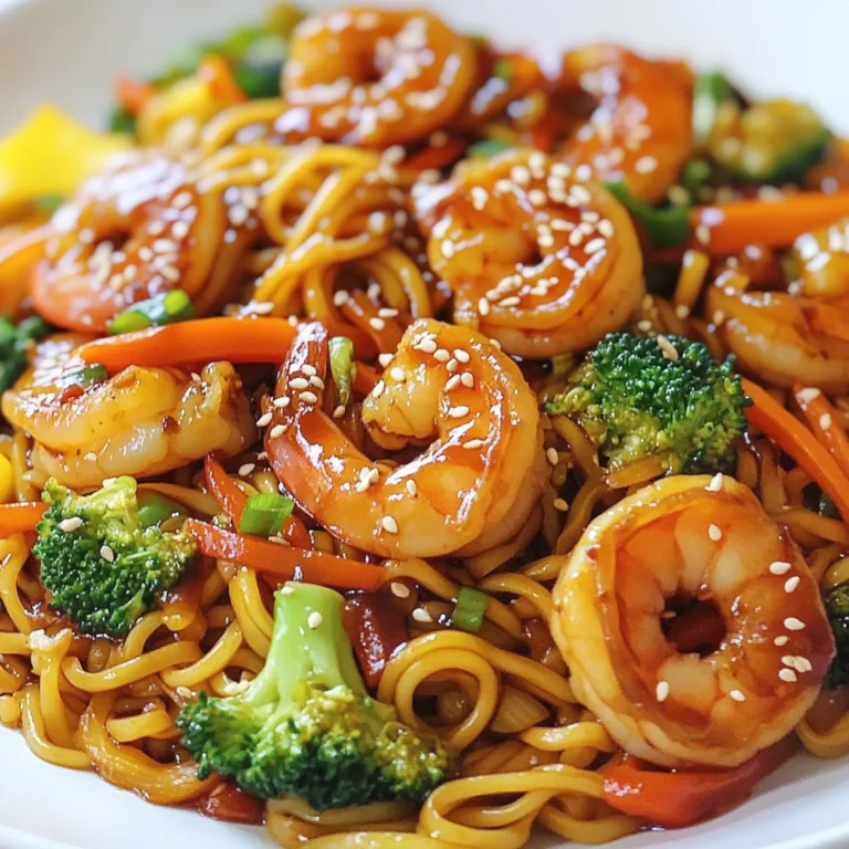 To make Teriyaki Shrimp Yakisoba, gather these ingredients: - 8 oz yakisoba noodles - 1 lb shrimp, peeled and deveined - 1 tablespoon sesame oil - 1 cup bell peppers, sliced (red, yellow, and green) - 1 cup carrots, julienned - 1 cup broccoli florets - 3 green onions, chopped - 3 cloves garlic, minced - 1 inch ginger, grated - 1/4 cup teriyaki sauce (no alcohol) - 2 tablespoons soy sauce (low-sodium) - 1 tablespoon honey or maple syrup - Sesame seeds for garnish - Salt and pepper to taste You can change this dish to fit your taste. Here are some ideas: - Add snap peas or mushrooms for extra crunch. - Use chicken or tofu instead of shrimp for a different protein. - Try adding chili flakes for some heat. - Swap teriyaki sauce for a sweet chili sauce if you like spice. This recipe serves four people. Each serving has about: - Calories: 350 - Protein: 25g - Carbohydrates: 45g - Fat: 10g - Fiber: 5g - Sugar: 6g This dish is a great option for a quick meal. It is tasty and packed with nutrients. {{ingredient_image_1}} First, bring a pot of water to a boil. Once it bubbles, add the yakisoba noodles. Cook them for about 3-4 minutes, or follow the package directions. After cooking, drain the noodles. Toss them in a bit of sesame oil to stop them from sticking. Next, grab a large skillet or wok. Heat 1 tablespoon of sesame oil over medium-high heat. Add the peeled and deveined shrimp. Sauté them for 2-3 minutes, or until they turn pink and opaque. Once done, take the shrimp out and set them aside. In the same skillet, add minced garlic and grated ginger. Stir-fry for about 30 seconds until you smell their nice scent. Now, toss in the sliced bell peppers, julienned carrots, and broccoli florets. Cook these for 4-5 minutes, so they get tender but stay crisp. Return the shrimp to the skillet with the veggies. Add the cooked yakisoba noodles, teriyaki sauce, soy sauce, and honey or maple syrup. Toss everything gently to mix well. Heat it through for about 2-3 minutes. Taste your dish. Adjust the flavor with salt, pepper, or more sauce if you want. Remove from heat and top with chopped green onions and sesame seeds. Now your Teriyaki Shrimp Yakisoba is ready to enjoy! To cook shrimp just right, start with fresh shrimp. Make sure they are peeled and deveined. Heat your skillet or wok to medium-high. Add sesame oil and let it warm. When the oil shimmers, add the shrimp. Cook them for 2-3 minutes until they turn pink. Remove them from the pan quickly. Overcooking makes shrimp tough. For vibrant, crisp veggies, cut them into small, even pieces. This helps them cook at the same rate. Heat the pan before adding oil. Use high heat for stir-frying. Start with garlic and ginger for flavor. Then add harder veggies like carrots and broccoli first. Stir-fry for about 4-5 minutes. Add softer veggies later for the best texture. Adjust the teriyaki sauce to match your taste. If you like it sweeter, add more honey or maple syrup. For a salty kick, increase the soy sauce a little. Want a spicy twist? Add a touch of chili sauce or red pepper flakes. Always taste as you go. This makes the sauce just right for you. Pro Tips Perfectly Cooked Shrimp: Make sure not to overcook the shrimp; they should only be sautéed until they turn pink and opaque, which usually takes about 2-3 minutes. Vegetable Crunch: For the best texture, stir-fry the vegetables until they are bright and slightly tender but still crisp, ensuring they retain their vibrant color and nutrients. Flavor Balance: Taste your dish before serving; you can adjust the flavors by adding more soy sauce, teriyaki sauce, or a pinch of sugar if it needs more sweetness. Garnish for Presentation: A sprinkle of sesame seeds and chopped green onions not only adds flavor but also enhances the visual appeal of your dish, making it more appetizing. {{image_2}} You can easily swap shrimp for chicken or tofu. Chicken thighs or breasts work well. Cook them just like the shrimp. Tofu brings a different texture. Use firm tofu and cut it into cubes. Sauté it until golden. Both options add great flavor. Feel free to mix your veggies. Try snap peas, mushrooms, or bok choy. Each brings a unique taste. You can also add baby corn or spinach for a twist. Just make sure to cook them until tender but still crisp. This keeps every bite exciting! To make this dish gluten-free, use rice noodles instead of yakisoba noodles. Check the labels on your teriyaki sauce and soy sauce. Look for gluten-free versions. This way, everyone can enjoy a tasty meal without worry. To keep your teriyaki shrimp yakisoba fresh, put leftovers in an airtight container. This helps seal in flavor and moisture. Store it in the fridge for up to three days. Make sure it cools down before sealing it to prevent condensation. When you are ready to eat, reheat your yakisoba on the stove. Pour it into a pan over medium heat. Add a splash of water or soy sauce to help steam it. Stir often until it's hot. You can also use the microwave. Place it in a microwave-safe bowl, cover it with a damp paper towel, and heat for 1-2 minutes. Stir halfway through for even heating. If you want to save some for later, you can freeze teriyaki shrimp yakisoba. Place it in a freezer-safe bag or container. Remove as much air as you can before sealing. It can last up to three months. When ready to eat, thaw it in the fridge overnight before reheating. Yakisoba is a popular Japanese noodle dish. It uses stir-fried wheat noodles, often with meat and vegetables. The noodles are soft and chewy, making them fun to eat. Traditional yakisoba includes a sweet and savory sauce. This sauce gives the dish a unique flavor that many love. Yes, you can make Teriyaki Shrimp Yakisoba in advance. Cook the noodles and shrimp, then store them separately. Keep the vegetables fresh until you're ready to eat. When you want to serve, just stir-fry the mix together. This makes it easy to enjoy your meal later. You can serve Teriyaki Shrimp Yakisoba with a variety of sides. Here are some ideas: - Steamed edamame - A simple cucumber salad - Miso soup for warmth - Pickled vegetables for a tangy bite These sides will balance the flavors and make your meal more filling. Yes, many teriyaki sauces are safe for those avoiding alcohol. Look for brands that state "no alcohol" on the label. You can also make your own at home. Just mix soy sauce, honey, and some ginger. This way, you control what goes in your sauce. This blog post covered how to make Teriyaki Shrimp Yakisoba. We went through the ingredients, step-by-step instructions, and helpful tips. You learned about customizing the dish with different proteins and vegetables. Also, I shared storage tips for leftovers. In the end, Teriyaki Shrimp Yakisoba is easy and fun to make. Enjoy the flavors and share with friends. Your kitchen adventures will impress everyone!