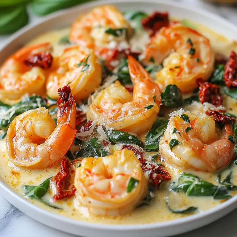 To make Creamy Sun-Dried Tomato Shrimp, gather these simple ingredients: - 1 pound large shrimp, peeled and deveined - 1 cup sun-dried tomatoes, packed in oil, drained and chopped - 2 cloves garlic, minced - 1 cup heavy cream - 1 cup fresh spinach - 1/2 cup grated Parmesan cheese - 2 tablespoons olive oil - Salt and pepper to taste - 1/2 teaspoon red pepper flakes (optional) - Fresh basil leaves for garnish Each ingredient plays a key role in building flavor. The shrimp adds protein, while sun-dried tomatoes bring a rich, tangy taste. Garlic enhances the dish with its aroma, and heavy cream offers a smooth texture. Fresh spinach adds color and nutrition, while Parmesan cheese gives it a cheesy finish. Olive oil is essential for cooking, and salt, pepper, and red pepper flakes allow you to adjust the taste to your liking. Finally, fresh basil leaves make for a lovely garnish, adding a pop of freshness. {{ingredient_image_1}} Start by heating 2 tablespoons of olive oil in a large skillet over medium-high heat. Season 1 pound of large shrimp with salt, pepper, and optional red pepper flakes. Add the shrimp to the hot skillet. Cook for 2-3 minutes on each side until the shrimp turn pink and opaque. Remove the shrimp from the skillet and set them aside. This step lays a tasty base for our dish. In the same skillet, add 2 cloves of minced garlic and 1 cup of chopped sun-dried tomatoes. Sauté them for about 1 minute until they smell amazing. Garlic and sun-dried tomatoes add a rich flavor to the sauce. The fragrance you create here makes your dish even more inviting. Next, pour in 1 cup of heavy cream. Bring it to a gentle simmer. This is key for a smooth sauce. Stir in 1/2 cup of grated Parmesan cheese. Mix it until the cheese melts and blends well with the cream. You want the sauce to be thick and creamy, coating every bite. Now, gradually add 1 cup of fresh spinach to the sauce. Cook until the spinach wilts, which takes about 2 minutes. The spinach gives a nice color and boost of nutrients to your dish. Plus, it makes everything look fresh and vibrant. Reintroduce the cooked shrimp to the skillet. Gently stir to coat the shrimp in the creamy sauce. Heat everything through for another 2-3 minutes. This step brings all the flavors together, ensuring every shrimp is delicious. Taste your dish and adjust the seasoning if needed. Serve hot, garnished with fresh basil leaves for a pop of color. Basil adds a fresh note that pairs perfectly with the rich sauce. Enjoy your lovely meal! To cook shrimp just right, avoid overcooking. Shrimp can turn tough and rubbery if left too long. Cook them for only 2-3 minutes per side until they are pink and opaque. You can choose between fresh or frozen shrimp. Fresh shrimp has a better taste and texture, but frozen shrimp is a great option too. If using frozen shrimp, thaw them in the fridge overnight. This keeps them juicy and tender. When making the creamy sauce, aim for the right consistency. You want it thick enough to coat the shrimp but not too thick. If it gets too thick, add a splash of water or more cream. For cheese, while Parmesan is great, you can use alternatives. Cream cheese or goat cheese also work well. Each will give a different taste, so experiment to find your favorite. To boost the flavors, add spices and herbs. Red pepper flakes give a nice kick, while fresh basil adds aroma. You can also try oregano or thyme for a different twist. Pair this dish with sides like rice or crusty bread. They soak up the creamy sauce well. A fresh salad can also balance the richness of the shrimp. Pro Tips Fresh Shrimp: Always use fresh or properly thawed shrimp for the best texture and flavor. Quality Cream: Opt for high-quality heavy cream to achieve a rich and creamy sauce. Customize Heat: Adjust the amount of red pepper flakes according to your spice preference. Garnish Wisely: Fresh basil not only adds color but enhances the dish's aroma and flavor profile. {{image_2}} You can add some heat to your creamy sun-dried tomato shrimp. Just toss in red pepper flakes or fresh jalapeños. Start with half a teaspoon of red pepper flakes. You can adjust to your heat level. This twist makes the dish more exciting. The spice pairs well with the creamy sauce. Adding veggies can enhance your dish. Bell peppers and zucchini work great in this recipe. Chop them up and sauté with the garlic for extra flavor. If you want a vegetarian option, swap shrimp for mushrooms or chickpeas. These add texture and soak up the sauce. Want to turn this into a pasta meal? It's easy! Cook your favorite pasta, like fettuccine or penne. Drain and mix it into the creamy sauce with shrimp. The pasta will absorb all the flavors. It makes a hearty dinner that is sure to please everyone. To keep your creamy sun-dried tomato shrimp fresh, place leftovers in an airtight container. Let the dish cool down first. Refrigerate within two hours of cooking for best results. Properly stored, it stays good for up to three days. When you’re ready to eat, check for any signs of spoilage. Reheat your shrimp gently to avoid overcooking. The best method is to use a skillet on low heat. Add a splash of cream or broth to keep the sauce creamy. Stir often until heated through. You can also use a microwave; just cover the dish to prevent splatters and heat in short bursts. Yes, you can freeze this dish! However, the texture may change slightly after thawing. To freeze, let it cool completely. Pack it in a freezer-safe container, leaving some space for expansion. It keeps well for up to three months. When ready to eat, thaw it in the fridge overnight before reheating. Yes, you can use frozen shrimp. First, thaw the shrimp in the fridge overnight. If you're short on time, place them in a bowl of cold water for about 15-20 minutes. Once thawed, peel and devein them if needed. This ensures they cook evenly and stay tender. If you need a substitute for heavy cream, try coconut cream. It adds a rich flavor and works well in this dish. You can also use canned evaporated milk. It’s lighter but still creamy. Just be aware that the flavor will be a bit different. This dish stays fresh in the fridge for up to three days. Store it in an airtight container. To keep it tasting great, reheat gently on the stove. Avoid microwaving, as this can make the shrimp tough. Absolutely! You can use mozzarella for a milder flavor or feta for a tangy twist. If you're dairy-free, try nutritional yeast or a plant-based cheese. Each option changes the taste a bit, so pick one that you enjoy. This recipe is simple yet flavorful. You learned how to sauté shrimp and make a creamy sauce. We discussed tips for avoiding overcooked shrimp and used fresh ingredients. Variations allow you to spice things up or add veggies. Don’t forget to store leftovers properly. This dish provides flexibility and taste for any meal. Enjoy creating your version, and happy cooking!