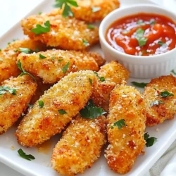 - 1 lb chicken tenders - 1 cup breadcrumbs (panko preferred for extra crunch) - ½ cup grated Parmesan cheese - 3 cloves garlic, minced - 2 large eggs - ½ cup all-purpose flour - Salt and pepper to taste I choose chicken tenders for this recipe because they cook fast and stay juicy. Panko breadcrumbs give a light, crispy texture. I use grated Parmesan for a rich, cheesy flavor. Fresh garlic adds a nice kick. Eggs help the coating stick, while flour gives an extra layer. - 2 teaspoons dried Italian herbs (oregano, basil, thyme) - 1 teaspoon paprika I love using dried Italian herbs for depth in flavor. Oregano, basil, and thyme work perfectly together. Paprika adds a mild warmth and a lovely color to the dish. Don’t forget to adjust salt and pepper to your taste. They help round out the flavors nicely. - Cooking spray or olive oil for drizzling Cooking spray helps the tenders crisp up without adding too much fat. Olive oil also works well to enhance flavor and texture. A light drizzle before baking promotes even browning. {{ingredient_image_1}} First, gather all your ingredients. This makes cooking easier. Preheat your oven to 400°F (200°C). Line a baking sheet with parchment paper or a silicone mat. This helps with cleanup later. Next, measure out your breadcrumbs, Parmesan cheese, and spices. Mince the garlic, as fresh garlic adds great flavor. Set each ingredient in bowls, so they are easy to reach. Create a dredging station. Place flour in one bowl. In another bowl, beat the two eggs until mixed well. Take a chicken tender and coat it in the flour. Shake off any extra flour. Next, dip the chicken in the egg wash. Make sure it’s fully coated. Now, roll the chicken in the breadcrumb mix. Press down lightly to help it stick. This step is key for that crispy texture. Place the coated chicken on your baking sheet. Lightly spray or drizzle olive oil on top. This helps with browning and adds flavor. Bake the chicken tenders for 15 to 20 minutes. Flip them halfway through for even cooking. The chicken should be cooked through and the coating golden brown. Once done, let them cool for a few minutes. Serve your chicken tenders warm. Arrange them on a platter and garnish with fresh parsley. Pair with marinara sauce or creamy ranch for dipping. Enjoy your tasty and crispy meal! To make your chicken tenders extra crispy, use panko breadcrumbs. They are lighter and create a crunchier crust than regular breadcrumbs. Ensure you coat each tender well. Press the breadcrumb mixture firmly onto the chicken. This helps the coating stick. Also, a light spray of olive oil before baking gives them a golden finish. Flip the tenders halfway through cooking. This ensures both sides get crispy and brown. If you need to swap ingredients, here are some easy options. For chicken tenders, you can use chicken breasts cut into strips. If you don't have panko, regular breadcrumbs work too, but the texture changes. For Parmesan cheese, try using Pecorino Romano for a sharper taste. No garlic? Use garlic powder instead, but adjust the amount to taste. You can also replace Italian herbs with your favorite dried herbs. Avoid skipping the flour step. Coating the chicken in flour helps the egg and breadcrumbs stick. Don't overcrowd the baking sheet. This can cause steam, making the tenders soggy. Make sure your oven is fully preheated to 400°F. A hot oven helps the chicken cook evenly and stay crispy. Finally, resist the urge to open the oven door too often. Each time you do, heat escapes, which can affect cooking time and crispiness. Pro Tips Use Panko Breadcrumbs: For an extra crunch, always opt for panko breadcrumbs instead of regular ones. They provide a lighter and crispier texture. Don’t Skip the Resting Time: After baking, let the chicken tenders rest for a few minutes before serving. This allows the juices to redistribute, keeping them moist. Experiment with Seasonings: Feel free to customize the seasoning blend to your taste. Adding a pinch of cayenne pepper can give your tenders an extra kick! Perfect Dipping Sauce: Pair these tenders with a homemade dipping sauce like garlic aioli or a classic honey mustard for a delicious contrast. {{image_2}} If you love heat, make spicy garlic parmesan chicken tenders. Just add cayenne pepper or red pepper flakes to the breadcrumb mix. Start with half a teaspoon. Taste the mix, and add more if needed. This small change gives your tenders a kick without losing the garlic and cheese flavor. Pair them with a cool ranch dip for balance. For a fresh twist, use different herbs. Try fresh parsley, cilantro, or dill. You can mix dried herbs too. Adding fresh or dried rosemary enhances the flavor profile. The key is to balance the herbs with the garlic and cheese. This makes the dish bright and aromatic. Experiment until you find your favorite combination. You can easily make these chicken tenders gluten-free. Use gluten-free breadcrumbs instead of regular panko. Almond flour or chickpea flour works well too. Just coat the chicken tenders with your choice of flour before dipping in eggs. Seasoning remains the same. These adjustments keep the tenders crispy and delicious while catering to gluten-free diets. After cooking your Garlic Parmesan chicken tenders, let them cool completely. Place them in an airtight container. Store in the fridge for up to three days. Make sure to use parchment paper between layers to keep them crisp. When ready to eat, check for any signs of spoilage. To freeze, first let the chicken tenders cool. Arrange them in a single layer on a baking sheet. Flash freeze for about one hour. Once frozen, transfer them to a freezer-safe bag. Label the bag with the date. They can stay fresh for up to three months. This method helps maintain their crispy texture. When reheating, aim for the best texture. Preheat your oven to 375°F (190°C). Place the chicken tenders on a baking sheet. Bake for about 10 to 15 minutes. This ensures they regain their crispiness. You can use an air fryer too! Set it to 375°F and heat for about 5 to 7 minutes. Enjoy your tasty meal! Garlic Parmesan Chicken Tenders last about three days in the fridge. Store them in an airtight container. Make sure they cool before you seal them up. If you want them to last longer, you can freeze them. They will stay good for up to three months in the freezer. Just remember to reheat them well before serving. Yes, you can use chicken breasts instead of tenders. Just cut the breasts into strips. Make sure the strips are about the same size as the tenders. This way, they cook evenly. You may need to adjust the cooking time to ensure they are cooked through. Several dipping sauces go great with Garlic Parmesan Chicken Tenders. Here are a few favorites: - Marinara sauce for a classic touch - Creamy ranch dressing for a cool dip - Honey mustard for a sweet and tangy flavor - Barbecue sauce for a smoky kick These sauces enhance the taste and make your meal even more fun! This blog post covered making Garlic Parmesan Chicken Tenders, from ingredients to tips. We explored essential items, seasonings, and cooking oils. The step-by-step guide ensured you could cook and serve delicious tenders. We shared tips for crispiness and ingredient substitutes to enhance your dish. Different variations, like spicy and gluten-free options, offer tasty twists. Lastly, storage tips help you keep leftovers fresh. Enjoy your homemade chicken tenders with these insights and watch your cooking skills shine!