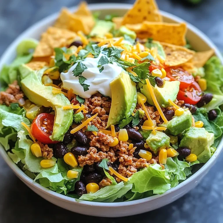 Here is the list of ingredients you will need for a tasty loaded taco salad: - 1 lb ground turkey or beef - 1 packet taco seasoning - 1 can black beans, drained and rinsed - 1 cup corn kernels (fresh or frozen) - 1 large head romaine lettuce, chopped - 1 cup cherry tomatoes, halved - 1 avocado, diced - 1 cup shredded cheese (cheddar or a Mexican blend) - 1/2 cup sour cream or Greek yogurt - 1/4 cup fresh cilantro, chopped - 1 lime, juiced - Tortilla chips for crunch - Salt and pepper to taste These ingredients bring bright colors and great flavors to the salad. Ground turkey or beef adds protein. Taco seasoning gives it that classic taco taste. Black beans and corn add fiber and sweetness. Romaine lettuce serves as a crisp base, while cherry tomatoes and avocado add freshness. Shredded cheese creates creaminess and richness. Sour cream or Greek yogurt as dressing gives a tangy kick. Fresh cilantro adds a pop of flavor, and lime juice brightens every bite. Finally, tortilla chips give a satisfying crunch. With this mix of ingredients, you will create a salad that is both delightful and nutritious! {{ingredient_image_1}} First, heat a large skillet over medium heat. Add 1 pound of ground turkey or beef. Cook it until it turns brown. This process takes about 5 to 7 minutes. Once it's brown, drain any excess fat from the skillet. Next, open your taco seasoning packet. Add it to the meat along with about 2/3 cup of water. Stir the mix well and let it simmer for about 5 minutes. This lets all the flavors blend. Set the meat aside when done. In a large bowl, chop 1 head of romaine lettuce into bite-sized pieces. Add 1 can of black beans that you drained and rinsed. Then, add 1 cup of corn kernels. You can use fresh or frozen corn. Next, cut 1 cup of cherry tomatoes in half and add them to the bowl. Finally, dice 1 avocado and toss it in. This mix makes a colorful and tasty salad base. Now it’s time to bring it all together. Take the seasoned meat and add it to the salad base. Gently mix it in so everything combines. Next, sprinkle 1 cup of shredded cheese over the top. You can choose cheddar or a Mexican blend for extra flavor. In a small bowl, mix together 1/2 cup of sour cream or Greek yogurt with the juice of 1 lime. Season this mix with a pinch of salt and pepper. Drizzle the dressing over the salad and toss everything gently to combine. Serve immediately, and enjoy! To spice up your Loaded Taco Salad, adjust the spice levels to fit your taste. If you like it hot, add some chili powder or diced jalapeños. For milder flavors, use less seasoning or opt for a mild taco mix. You can enhance flavors by adding fresh lime juice or chopped cilantro. When serving, use large salad bowls to show off the colorful layers. Top each serving with extra avocado slices for creaminess. A sprinkle of tortilla chips adds a nice crunch. Consider adding a lime wedge on the side for a zesty touch. You can prep many ingredients in advance. Chop your lettuce, tomatoes, and avocado, and store them in airtight containers. Cook the meat and season it beforehand, then keep it in the fridge. For the best taste, store the dressing separately to keep everything fresh and crisp. Pro Tips Use Lean Meat: Opt for lean ground turkey to reduce fat content while still enjoying a hearty flavor in your salad. Fresh Ingredients: Always use fresh vegetables for the best taste and texture. Fresh cilantro and ripe avocados can elevate the flavor profile. Spice It Up: Feel free to add jalapeños or hot sauce to the meat mixture for an extra kick of heat that complements the salad. Prep Ahead: You can prepare the meat and chop the veggies in advance for a quick assembly when ready to serve. This makes for an easy weeknight dinner! {{image_2}} You can easily change the meat in your taco salad. Shredded chicken or turkey works great. Both options add lean protein and flavor. If you want to skip meat, try grilled vegetables. Bell peppers, zucchini, and onions pair well with taco spices. They give your salad a tasty, smoky flavor. The right dressing can elevate your taco salad. You can make a simple vinaigrette. Mix olive oil, vinegar, and a bit of lime juice. This adds a fresh touch. For toppings, think beyond the usual. Olives and jalapeños add extra zest. You can also sprinkle fresh herbs like cilantro for flavor. Taco salad makes a perfect main dish. It is filling and packed with nutrients. Serve it as is or with sides. Guacamole brings creaminess and richness. Salsa adds a nice kick. Both sides complement the salad well. Enjoy this delicious, nutritious meal any day! To keep your loaded taco salad fresh, store it in an airtight container. This way, it won’t dry out or pick up smells from your fridge. It’s best to separate the components. Keep the salad base and meat apart from the toppings. This helps all the flavors stay fresh and tasty. In the fridge, your loaded taco salad lasts about 3 to 4 days. After that, the ingredients may spoil. Check for signs of spoilage, such as a sour smell or slimy texture on the veggies. If anything looks off, it's best to toss it out. When warming up the meat, do it gently. Use a microwave-safe dish and cover it to keep moisture in. Heat in short intervals until hot. If you try to reheat the whole salad, be careful. Fresh greens don’t warm well, and you might lose their crunch. It's best to serve the salad cold or at room temperature. If you want a meatless taco salad, try these options: - Use black beans or chickpeas for protein. - Try lentils for a hearty texture. - Use quinoa for a grain-based salad. - Crumble tofu or tempeh for a plant-based choice. These alternatives still give you great flavor and texture. You can season them like you would ground meat. Mix in taco seasoning to keep the taste familiar. Yes, you can make parts of this recipe ahead. Here are some tips: - Cook the meat and let it cool. Store in the fridge for up to three days. - Chop the veggies and keep them in a sealed container. They stay fresh for a day. - Prepare the dressing and store it separately. Assemble everything just before serving. This keeps the salad fresh and crunchy. To boost protein, consider these ideas: - Add a can of drained and rinsed black beans. - Mix in cooked chicken or turkey. - Use Greek yogurt instead of sour cream for the dressing. - Sprinkle nuts or seeds on top for extra crunch. These options make your salad filling and nutritious. Enjoy your loaded taco salad with even more protein! This blog post covers a tasty taco salad recipe packed with flavors and textures. We shared ingredient lists, step-by-step cooking, tips for seasoning, and storage advice. You can play with meat options and dressings, tailoring the salad to your taste. Enjoy making this fresh dish for yourself or loved ones. This salad offers a fun mix of flavors and can be a healthy meal choice. Happy cooking!