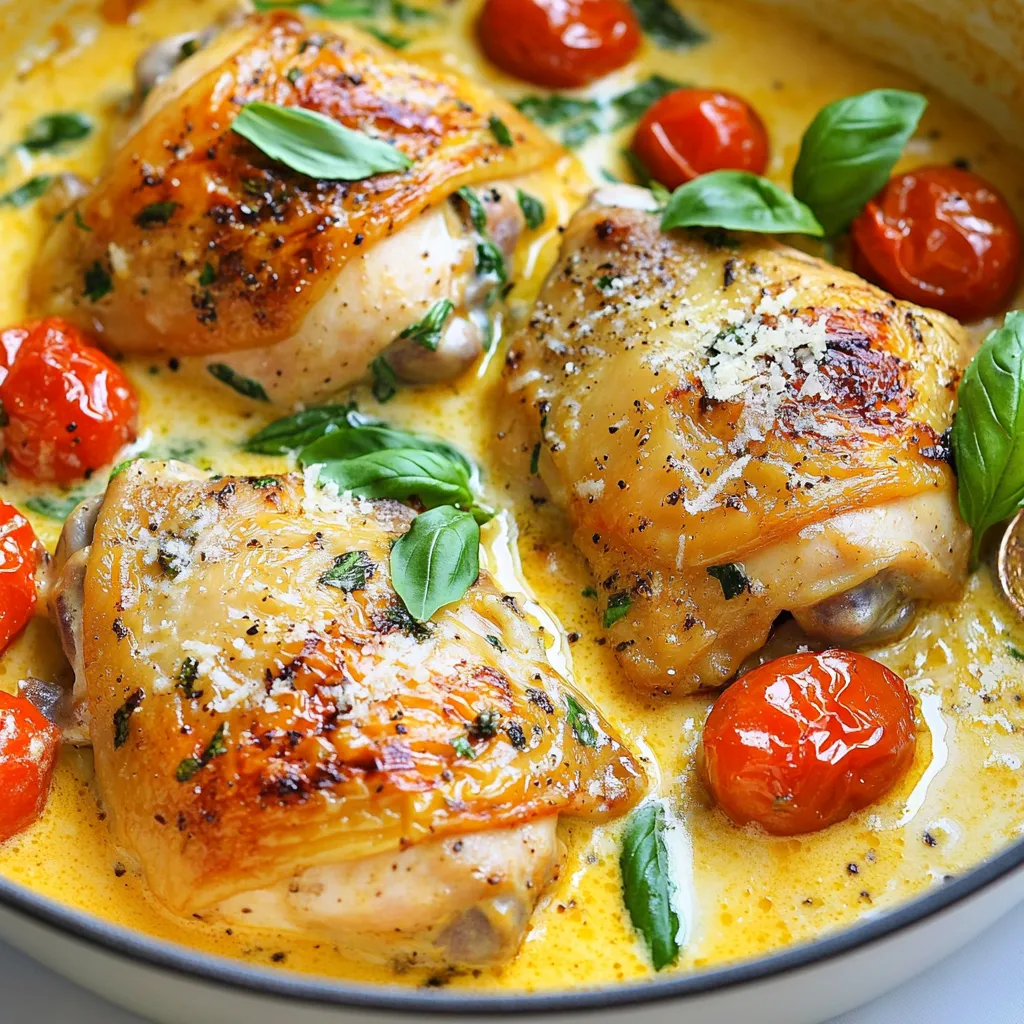 - 4 boneless, skinless chicken thighs - 2 tablespoons olive oil - 1 cup cherry tomatoes, halved - 3 cloves garlic, minced - 1 cup heavy cream In this dish, boneless chicken thighs are the star. They stay juicy and tender. I prefer them over chicken breasts for this recipe. Next, I use olive oil to sear the chicken. It adds flavor and helps with browning. Cherry tomatoes bring a burst of sweetness. Their halved form cooks quickly and blends well. Garlic adds a savory kick. The heavy cream makes the sauce rich and creamy. - 1 teaspoon dried basil - 1 teaspoon dried oregano - Salt and pepper to taste - Fresh basil leaves for garnishing - Grated Parmesan cheese for serving For seasonings, dried basil and oregano add depth. They complement the tomatoes nicely. I always use salt and pepper to enhance flavor. Fresh basil leaves are my go-to for garnishing. They add color and freshness. Finally, I sprinkle grated Parmesan cheese on top when serving. It adds a salty richness that ties the dish together. {{ingredient_image_1}} 1. Heating the olive oil: Start by placing a large skillet on the stove. Set the heat to medium-high. Pour in 2 tablespoons of olive oil. Let it heat until it shimmers. This takes just a minute or two. 2. Searing the chicken thighs: Take 4 boneless, skinless chicken thighs and season them with salt and pepper. Carefully add the chicken to the hot skillet. Cook each side for about 5 to 7 minutes. Look for a nice golden brown color. Once cooked, remove the chicken and set it aside on a plate. 1. Sautéing garlic and tomatoes: In the same skillet, add 3 cloves of minced garlic. Sauté it for about 30 seconds. You want it to smell great! Next, add 1 cup of halved cherry tomatoes. Cook these for 3 to 4 minutes until they soften and blister. 2. Mixing in heavy cream and herbs: Lower the heat to medium. Pour in 1 cup of heavy cream and stir well. Add in 1 teaspoon of dried basil and 1 teaspoon of dried oregano. Let this simmer for 3 to 5 minutes. It should thicken up nicely. 1. Combining chicken with sauce: Take the seared chicken thighs and return them to the skillet. Spoon the creamy tomato sauce over each piece. Let it simmer for another 2 to 3 minutes. This warms the chicken and blends the flavors. 2. Serving suggestions: Plate the chicken thighs and drizzle the creamy sauce generously over the top. For a fresh touch, add some fresh basil leaves. You can also sprinkle grated Parmesan cheese for an extra flavor boost. Enjoy your cozy dinner! To get a golden brown color, start with hot oil. Heat the olive oil in your skillet over medium-high heat. Once the oil shimmers, add the seasoned chicken thighs. Sear each side for about 5-7 minutes. Look for that nice, crispy exterior before removing them from the pan. To ensure the chicken is cooked through, use a meat thermometer. The internal temperature should reach 165°F (75°C). If you don't have a thermometer, cut into the thigh. The juices should run clear, not pink. Adding acidity or sweetness can bring your dish to life. A splash of balsamic vinegar or a pinch of sugar can balance the flavors. You can also try a squeeze of lemon juice just before serving for a fresh twist. For alternative herbs and spices, feel free to experiment. Thyme or rosemary can add a different dimension. You can also swap dried basil and oregano for fresh ones if you have them. Fresh herbs can elevate the dish even more. Garnishing approaches can make your meal pop. Add fresh basil leaves on top for a burst of color. A sprinkle of grated Parmesan cheese can make it look elegant and tasty. For plating the dish, consider using shallow bowls. This helps keep the sauce around the chicken, making it look delicious. Place the chicken in the center and drizzle the creamy sauce over it for an appealing finish. Pro Tips Perfectly Sear the Chicken: Make sure the oil is hot enough before adding the chicken. This ensures a nice golden crust and locks in moisture. Fresh Herbs for Flavor: For an extra burst of flavor, use fresh basil and oregano instead of dried. Add them at the end of cooking to preserve their vibrant taste. Adjust Creaminess: If you prefer a lighter sauce, substitute half of the heavy cream with chicken broth. This will keep the dish creamy but reduce the richness. Customize the Veggies: Feel free to add other vegetables like spinach or bell peppers for added nutrition and color. Just sauté them along with the garlic. {{image_2}} You can easily change the protein in this dish. If you want a lighter meal, swap chicken for turkey. Turkey thighs work great and keep the dish juicy. Another fun option is shrimp. Cook it quickly in the skillet for a tasty seafood twist. For a vegetarian version, use firm tofu. Cut it into cubes and sauté until golden. This adds a nice texture and taste. To spice things up, add red pepper flakes. Just a pinch will give your dish a nice kick. You can also mix in fresh veggies. Try adding spinach or bell peppers. These not only add color but also boost nutrition. Sauté them with the garlic and tomatoes for a bright flavor. Pair this creamy dish with pasta or rice for extra comfort. Both soak up the sauce well and make a filling meal. You can also serve it over mixed greens. This adds freshness and a nice crunch. It’s a great way to lighten the dish while keeping it delicious. Creamy Tomato Chicken Skillet lasts in the fridge for up to three days. Store it in an airtight container to keep it fresh. Glass containers work well because they do not absorb odors. Make sure to let the dish cool before sealing it. This helps prevent moisture buildup. Yes, you can freeze Creamy Tomato Chicken Skillet. Place it in a freezer-safe container. It will keep well for up to three months. When ready to eat, thaw it in the fridge overnight. Reheat on the stove over low heat. Stir gently to avoid breaking up the chicken. You can prepare the chicken and sauce in advance. Cook the chicken and let it cool. Store it separately from the sauce. This keeps the chicken juicy. For reheating, use a skillet over medium heat. Add a splash of cream to the sauce to restore its texture. You can enjoy this dish with some tasty sides. Here are a few ideas: - Garlic bread: Perfect for soaking up the creamy sauce. - Steamed vegetables: Broccoli or green beans add nice color and crunch. - Rice or pasta: Both are great options to fill out the meal. - Salad: A fresh salad adds a crisp touch to the dish. For wine, I suggest a light white wine. A Pinot Grigio or Sauvignon Blanc works well. Their crispness matches the richness of the chicken. Yes, you can make this recipe dairy-free. Here are some easy swaps: - Substitutions for heavy cream: Use coconut cream or cashew cream instead. Both give a rich texture. - Dairy-free cheese recommendations: Look for plant-based cheese that melts well. Brands like Daiya or Violife are good choices. To make sure your chicken is safe to eat, check the internal temperature. It should reach 165°F (75°C). - Checking internal temperature: Use a meat thermometer for the best results. Insert it into the thickest part of the thigh. - Other visual indicators: The chicken should be golden brown and the juices should run clear. If the juices are pink, it needs more cooking. These tips will help you serve a perfect Creamy Tomato Chicken Skillet every time! This blog post covered how to make a creamy tomato chicken skillet. We explored the main ingredients, step-by-step instructions, tips, variations, storage info, and FAQs to help you succeed. You can create a delicious dish with simple steps and flexible ingredients. Remember, you can mix and match flavors or proteins to suit your taste. Enjoy making this dish for family and friends. It’s a sure way to impress everyone at the table.