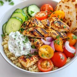 For the base of your Greek Chicken Gyro Bowls, gather these key ingredients: - 2 boneless, skinless chicken breasts - 1 cup cooked quinoa - 1 cup cherry tomatoes, halved - 1 cucumber, diced - ½ red onion, thinly sliced - 1 cup Greek yogurt - Fresh parsley, chopped (for garnish) - Pita bread, warmed (for serving) These ingredients come together to create a bright and tasty dish. The chicken provides protein, while the quinoa adds a healthy grain base. The veggies add crunch and freshness. To make the chicken flavorful, use the following marinade ingredients: - 2 tablespoons olive oil - 2 cloves garlic, minced - 1 teaspoon dried oregano - 1 teaspoon ground cumin - 1 teaspoon smoked paprika - ½ teaspoon salt - ¼ teaspoon black pepper This mix gives the chicken a rich taste. The olive oil keeps it moist, while the spices bring bold flavors. Garlic and herbs meld beautifully, making each bite delicious. Finish your bowls with these toppings and garnishes: - 1 tablespoon lemon juice - Feta cheese, crumbled (optional) The tzatziki sauce made from Greek yogurt and lemon juice adds creaminess and zest. Adding feta cheese gives a salty bite that complements the dish. Feel free to mix in your favorite toppings for extra flair! {{ingredient_image_1}} First, grab a bowl. Add 2 tablespoons of olive oil. Then, add 2 cloves of minced garlic. Next, sprinkle in 1 teaspoon of dried oregano, 1 teaspoon of ground cumin, and 1 teaspoon of smoked paprika. Now, add ½ teaspoon of salt and ¼ teaspoon of black pepper. Whisk all the ingredients well until they mix nicely. This marinade brings out great flavor in the chicken. Take the chicken breasts and coat them in the marinade. Make sure every part is covered. Cover the bowl and let it sit in the fridge for at least 30 minutes. If you have time, let it marinate for up to 2 hours for better taste. When you're ready, heat the grill or grill pan to medium-high. Place the chicken on the grill. Cook each side for about 6-7 minutes. Use a meat thermometer to check if it’s done. The chicken should reach 165°F (75°C). After cooking, let it rest for 5 minutes before slicing. While the chicken rests, let’s make the tzatziki sauce. In a new bowl, mix 1 cup of Greek yogurt with 1 tablespoon of lemon juice. Add in some diced cucumber and a pinch of salt. Stir it all together until it’s smooth. This sauce adds a creamy touch to the meal. Keep it in the fridge until you are ready to serve. Now, it’s time to build your bowls. Start with a base of 1 cup of cooked quinoa in each bowl. Next, add the sliced grilled chicken on top. Then, layer in halved cherry tomatoes, diced cucumber, and thinly sliced red onion. Drizzle the tzatziki sauce generously over everything. For a beautiful finish, sprinkle fresh parsley on top and add crumbled feta cheese if you like. Serve with warm pita bread on the side for a complete meal. To grill chicken well, start with a good marinade. I like to mix olive oil, garlic, oregano, cumin, paprika, salt, and pepper. Let the chicken soak in this mix for at least 30 minutes. This helps the flavors seep in. Preheat your grill or grill pan to medium-high heat. Grill the chicken for 6-7 minutes on each side. You want it cooked to 165°F (75°C). Let the chicken rest for 5 minutes after grilling. This keeps it juicy. A great tzatziki is simple to make. Start with Greek yogurt, which is thick and creamy. Add some lemon juice for tanginess. Then, mix in diced cucumber and a pinch of salt. Stir it well and chill it in the fridge. This helps the flavors blend. You can leave some cucumber aside for garnish. It adds a nice touch to your bowl. When you put together your gyro bowl, start with a base of quinoa. Then, add the sliced chicken on top. Next, pile on halved cherry tomatoes, diced cucumber, and red onion. Drizzle the tzatziki sauce generously over everything. Finish with fresh parsley and crumbled feta cheese if you want. Serve with warmed pita bread on the side. This makes a complete and tasty meal. Pro Tips Marinate for Maximum Flavor: Allow the chicken to marinate for the full 2 hours if possible. This will enhance the flavor and tenderness, making each bite irresistible. Perfectly Grilled Chicken: Use a meat thermometer to ensure your chicken reaches an internal temperature of 165°F (75°C). This guarantees it's cooked through but still juicy. Customize Your Toppings: Feel free to add other toppings like olives, bell peppers, or avocado for extra flavor and texture in your gyro bowls. Make-Ahead Tzatziki: Prepare the tzatziki sauce a day in advance to allow the flavors to meld together. It will taste even better the next day! {{image_2}} You can easily make a vegetarian version of Greek Chicken Gyro Bowls. Instead of chicken, try using marinated tofu or tempeh. These options soak up flavor well. Use the same marinade from the chicken recipe, and grill them until golden. Chickpeas are another great choice. Roast them with spices to add crunch and protein. Mix in some grilled veggies, like zucchini or bell peppers, for extra flavor. While quinoa is a great base, you can explore other grains. Brown rice offers a nutty taste and chewy texture. Couscous cooks quickly and absorbs flavors nicely. If you want something gluten-free, try using farro or millet. Each grain adds a unique twist to your gyro bowl. Feel free to mix grains for added texture and taste. To boost flavors, consider adding olives or sun-dried tomatoes. They bring a salty punch that pairs well with the other ingredients. Fresh herbs like dill or mint can also add brightness. For a spicy kick, sliced jalapeños or a drizzle of hot sauce works well. You can even swap the tzatziki for hummus for a different creamy texture. Let your creativity shine and customize your bowls to match your taste! After your Greek Chicken Gyro Bowls, store any leftovers in an airtight container. Keep them in the fridge. They will stay fresh for up to three days. Make sure to separate the chicken from the veggies and sauces. This helps keep everything fresh. To reheat, you can use the microwave or a skillet. If using the microwave, place the chicken and quinoa in a bowl. Heat for about one to two minutes, stirring halfway. If using a skillet, warm over low heat until hot. This keeps the flavors intact. You can freeze the grilled chicken for up to three months. Wrap it well in plastic wrap and then in foil. When ready to eat, thaw it in the fridge overnight. Reheat it as mentioned above. However, avoid freezing the veggies and tzatziki sauce. They do not freeze well. Yes, you can use chicken thighs. They stay juicy and tender. Thighs have more fat, which gives extra flavor. Just make sure to cook them until they reach 165°F. The cooking time may be a little longer. You can use dairy-free yogurt instead of Greek yogurt. Look for coconut or almond yogurt. Mix it with lemon juice and diced cucumber. This keeps the fresh taste without dairy. Adjust the salt to your liking. You can add many tasty options! Try bell peppers, olives, or avocado. You could also mix in some spinach or arugula for a green boost. Get creative with what you love! The marinade lasts up to 2 days in the fridge. Make sure the chicken is well coated. If you want to prep ahead, marinate the chicken the night before. This will enhance the flavor. No, quinoa is just one option. You can use brown rice, couscous, or farro. Each grain adds a different taste and texture. Choose what suits your meal best! Greek chicken gyro bowls are easy to make and packed with flavor. I covered the key ingredients, marinade, and toppings. I walked you through the preparation of the chicken and tzatziki. You learned useful tips for grilling and serving. I also shared tasty variations and storage ideas. These bowls are fun for any meal. Try different grains and toppings for variety. Now, get cooking and enjoy a delicious Greek feast!