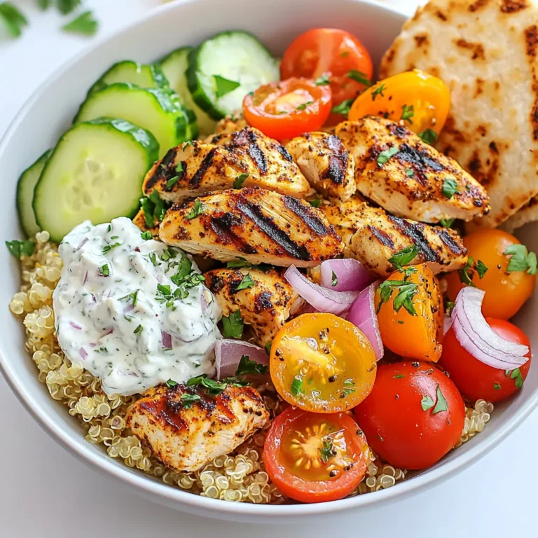 For the base of your Greek Chicken Gyro Bowls, gather these key ingredients: - 2 boneless, skinless chicken breasts - 1 cup cooked quinoa - 1 cup cherry tomatoes, halved - 1 cucumber, diced - ½ red onion, thinly sliced - 1 cup Greek yogurt - Fresh parsley, chopped (for garnish) - Pita bread, warmed (for serving) These ingredients come together to create a bright and tasty dish. The chicken provides protein, while the quinoa adds a healthy grain base. The veggies add crunch and freshness. To make the chicken flavorful, use the following marinade ingredients: - 2 tablespoons olive oil - 2 cloves garlic, minced - 1 teaspoon dried oregano - 1 teaspoon ground cumin - 1 teaspoon smoked paprika - ½ teaspoon salt - ¼ teaspoon black pepper This mix gives the chicken a rich taste. The olive oil keeps it moist, while the spices bring bold flavors. Garlic and herbs meld beautifully, making each bite delicious. Finish your bowls with these toppings and garnishes: - 1 tablespoon lemon juice - Feta cheese, crumbled (optional) The tzatziki sauce made from Greek yogurt and lemon juice adds creaminess and zest. Adding feta cheese gives a salty bite that complements the dish. Feel free to mix in your favorite toppings for extra flair! {{ingredient_image_1}} First, grab a bowl. Add 2 tablespoons of olive oil. Then, add 2 cloves of minced garlic. Next, sprinkle in 1 teaspoon of dried oregano, 1 teaspoon of ground cumin, and 1 teaspoon of smoked paprika. Now, add ½ teaspoon of salt and ¼ teaspoon of black pepper. Whisk all the ingredients well until they mix nicely. This marinade brings out great flavor in the chicken. Take the chicken breasts and coat them in the marinade. Make sure every part is covered. Cover the bowl and let it sit in the fridge for at least 30 minutes. If you have time, let it marinate for up to 2 hours for better taste. When you're ready, heat the grill or grill pan to medium-high. Place the chicken on the grill. Cook each side for about 6-7 minutes. Use a meat thermometer to check if it’s done. The chicken should reach 165°F (75°C). After cooking, let it rest for 5 minutes before slicing. While the chicken rests, let’s make the tzatziki sauce. In a new bowl, mix 1 cup of Greek yogurt with 1 tablespoon of lemon juice. Add in some diced cucumber and a pinch of salt. Stir it all together until it’s smooth. This sauce adds a creamy touch to the meal. Keep it in the fridge until you are ready to serve. Now, it’s time to build your bowls. Start with a base of 1 cup of cooked quinoa in each bowl. Next, add the sliced grilled chicken on top. Then, layer in halved cherry tomatoes, diced cucumber, and thinly sliced red onion. Drizzle the tzatziki sauce generously over everything. For a beautiful finish, sprinkle fresh parsley on top and add crumbled feta cheese if you like. Serve with warm pita bread on the side for a complete meal. To grill chicken well, start with a good marinade. I like to mix olive oil, garlic, oregano, cumin, paprika, salt, and pepper. Let the chicken soak in this mix for at least 30 minutes. This helps the flavors seep in. Preheat your grill or grill pan to medium-high heat. Grill the chicken for 6-7 minutes on each side. You want it cooked to 165°F (75°C). Let the chicken rest for 5 minutes after grilling. This keeps it juicy. A great tzatziki is simple to make. Start with Greek yogurt, which is thick and creamy. Add some lemon juice for tanginess. Then, mix in diced cucumber and a pinch of salt. Stir it well and chill it in the fridge. This helps the flavors blend. You can leave some cucumber aside for garnish. It adds a nice touch to your bowl. When you put together your gyro bowl, start with a base of quinoa. Then, add the sliced chicken on top. Next, pile on halved cherry tomatoes, diced cucumber, and red onion. Drizzle the tzatziki sauce generously over everything. Finish with fresh parsley and crumbled feta cheese if you want. Serve with warmed pita bread on the side. This makes a complete and tasty meal. Pro Tips Marinate for Maximum Flavor: Allow the chicken to marinate for the full 2 hours if possible. This will enhance the flavor and tenderness, making each bite irresistible. Perfectly Grilled Chicken: Use a meat thermometer to ensure your chicken reaches an internal temperature of 165°F (75°C). This guarantees it's cooked through but still juicy. Customize Your Toppings: Feel free to add other toppings like olives, bell peppers, or avocado for extra flavor and texture in your gyro bowls. Make-Ahead Tzatziki: Prepare the tzatziki sauce a day in advance to allow the flavors to meld together. It will taste even better the next day! {{image_2}} You can easily make a vegetarian version of Greek Chicken Gyro Bowls. Instead of chicken, try using marinated tofu or tempeh. These options soak up flavor well. Use the same marinade from the chicken recipe, and grill them until golden. Chickpeas are another great choice. Roast them with spices to add crunch and protein. Mix in some grilled veggies, like zucchini or bell peppers, for extra flavor. While quinoa is a great base, you can explore other grains. Brown rice offers a nutty taste and chewy texture. Couscous cooks quickly and absorbs flavors nicely. If you want something gluten-free, try using farro or millet. Each grain adds a unique twist to your gyro bowl. Feel free to mix grains for added texture and taste. To boost flavors, consider adding olives or sun-dried tomatoes. They bring a salty punch that pairs well with the other ingredients. Fresh herbs like dill or mint can also add brightness. For a spicy kick, sliced jalapeños or a drizzle of hot sauce works well. You can even swap the tzatziki for hummus for a different creamy texture. Let your creativity shine and customize your bowls to match your taste! After your Greek Chicken Gyro Bowls, store any leftovers in an airtight container. Keep them in the fridge. They will stay fresh for up to three days. Make sure to separate the chicken from the veggies and sauces. This helps keep everything fresh. To reheat, you can use the microwave or a skillet. If using the microwave, place the chicken and quinoa in a bowl. Heat for about one to two minutes, stirring halfway. If using a skillet, warm over low heat until hot. This keeps the flavors intact. You can freeze the grilled chicken for up to three months. Wrap it well in plastic wrap and then in foil. When ready to eat, thaw it in the fridge overnight. Reheat it as mentioned above. However, avoid freezing the veggies and tzatziki sauce. They do not freeze well. Yes, you can use chicken thighs. They stay juicy and tender. Thighs have more fat, which gives extra flavor. Just make sure to cook them until they reach 165°F. The cooking time may be a little longer. You can use dairy-free yogurt instead of Greek yogurt. Look for coconut or almond yogurt. Mix it with lemon juice and diced cucumber. This keeps the fresh taste without dairy. Adjust the salt to your liking. You can add many tasty options! Try bell peppers, olives, or avocado. You could also mix in some spinach or arugula for a green boost. Get creative with what you love! The marinade lasts up to 2 days in the fridge. Make sure the chicken is well coated. If you want to prep ahead, marinate the chicken the night before. This will enhance the flavor. No, quinoa is just one option. You can use brown rice, couscous, or farro. Each grain adds a different taste and texture. Choose what suits your meal best! Greek chicken gyro bowls are easy to make and packed with flavor. I covered the key ingredients, marinade, and toppings. I walked you through the preparation of the chicken and tzatziki. You learned useful tips for grilling and serving. I also shared tasty variations and storage ideas. These bowls are fun for any meal. Try different grains and toppings for variety. Now, get cooking and enjoy a delicious Greek feast!