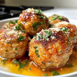 - 1 lb ground chicken - 1/2 cup grated Parmesan cheese - 1/2 cup breadcrumbs (panko recommended for extra crunch) - 4 cloves garlic, minced - 1/4 cup fresh parsley, chopped - 1 large egg - 1 teaspoon dried oregano - 1 teaspoon salt - 1/2 teaspoon black pepper - 1/4 teaspoon red pepper flakes (optional for a kick) - 2 tablespoons olive oil (for cooking) - Marinara sauce (for serving, optional) I choose ground chicken for its mild taste. It absorbs flavors well. Grated Parmesan adds a rich, nutty flavor. Panko breadcrumbs give a nice crunch. Fresh garlic makes the meatballs pop with flavor, while parsley adds color and freshness. The egg binds everything together, ensuring the meatballs stay moist. Oregano brings an earthy note, and salt and pepper enhance all the flavors. Red pepper flakes add a hint of spice, but you can skip them if you prefer. Olive oil helps the meatballs brown nicely in the oven. Marinara sauce is a tasty option for serving. Each ingredient plays a key role. Use 1 pound of ground chicken for about 4 to 6 servings. Half a cup of grated Parmesan gives a strong cheese flavor. The same amount of panko breadcrumbs keeps the meatballs light and airy. Four cloves of garlic might seem like a lot, but they provide that signature garlic taste. A quarter cup of parsley adds brightness without overpowering the dish. A single egg is enough to bind the mix. Stick to the specified amounts of salt, pepper, and oregano for the best results. {{ingredient_image_1}} First, gather all your ingredients. You will need: - 1 lb ground chicken - 1/2 cup grated Parmesan cheese - 1/2 cup breadcrumbs (panko recommended for extra crunch) - 4 cloves garlic, minced - 1/4 cup fresh parsley, chopped - 1 large egg - 1 teaspoon dried oregano - 1 teaspoon salt - 1/2 teaspoon black pepper - 1/4 teaspoon red pepper flakes (optional for a kick) - 2 tablespoons olive oil (for cooking) - Marinara sauce (for serving, optional) Preheat your oven to 400°F (200°C). Line a baking sheet with parchment paper. This keeps the meatballs from sticking. In a large bowl, mix the ground chicken, Parmesan cheese, breadcrumbs, minced garlic, and chopped parsley. Add the egg, oregano, salt, pepper, and red pepper flakes if you like spice. Stir all the ingredients together until just mixed. Do not overmix; this keeps them tender. Use your hands to form small meatballs. Aim for the size of a golf ball. Place the meatballs on the prepared baking sheet. Drizzle olive oil over the meatballs or spray them lightly with cooking spray. This helps them brown nicely. Bake the meatballs for 20 to 25 minutes. They should turn golden brown. Check the inside with a meat thermometer; it should read 165°F (74°C) to ensure they are fully cooked. You can serve these meatballs with marinara sauce for a tasty dip. Enjoy the burst of garlic and Parmesan flavor in every bite! Mixing meatballs is key to making them tasty. Start with a big bowl for all the ingredients. I like to add the wet items first, like the egg and minced garlic. Then, add the ground chicken, Parmesan, and breadcrumbs. Mix gently with your hands. Overmixing can make them tough. You want them soft and tender. The right texture is so important. Use panko breadcrumbs for a crunchy bite. They help keep the meatballs light. If the mix feels too wet, add more breadcrumbs. If it’s too dry, a splash of water can help. Remember, the meatballs should hold their shape but still feel soft. You can change things up a bit! For a spicy kick, add more red pepper flakes. If you want a different flavor, try using fresh herbs like basil or thyme. Baking is easy, but you can also cook them in a skillet for a nice crust. Just remember to cook until they reach 165°F. Enjoy experimenting! Pro Tips Use Fresh Ingredients: Using fresh garlic and parsley will enhance the flavor of your meatballs significantly, giving them a more vibrant taste. Don’t Overmix: Combine the ingredients just until mixed. Overmixing can lead to tough meatballs, so be gentle! Adjust the Spice: Feel free to adjust the amount of red pepper flakes to suit your taste. Omit them for a milder flavor or add more for extra heat. Experiment with Cheese: Try different cheeses like feta or mozzarella for a unique twist on the classic flavor profile of these meatballs. {{image_2}} To make spicy garlic Parmesan chicken meatballs, add more red pepper flakes. Use one whole teaspoon instead of half for a real kick. You can also mix in diced jalapeños for extra heat. These spicy meatballs pair well with a cooling dip, like ranch or sour cream. They are great for parties or cozy nights in. If you need a gluten-free option, swap the breadcrumbs for gluten-free bread crumbs. You can also use crushed gluten-free cereal. Both will give you a similar texture without the gluten. Make sure to check the labels on your Parmesan cheese. Some brands might have gluten in their additives. These meatballs shine when served with sides. Try them with pasta, rice, or a fresh salad. Marinara sauce adds flavor and moisture. For a lighter meal, serve with steamed veggies or a zesty coleslaw. You can also place them in a sub sandwich for a tasty garlic Parmesan meatball sub. To store leftover meatballs, let them cool first. Place them in an airtight container. You can keep them in the fridge for up to three days. Label the container with the date. This way, you will know when to eat them. If you want to keep meatballs longer, freezing is a great option. Arrange cooked meatballs in a single layer on a baking sheet. Freeze them for one hour. Once firm, move them to a freezer-safe bag or container. They can last for up to three months in the freezer. Always label the bag with the date. To reheat, you have a few choices. For a quick method, use the microwave. Place meatballs on a plate and cover them with a damp paper towel. Heat in 30-second bursts until warm. You can also use the oven. Preheat to 350°F (175°C). Place meatballs on a baking sheet and warm for about 10-15 minutes. This method helps keep them crispy. If you want, add a little marinara sauce before reheating for extra flavor. Yes, you can use ground turkey instead of ground chicken. Turkey offers a leaner option. The flavor will change slightly, but it still tastes great. Just follow the same steps in the recipe. Check the meatballs with a meat thermometer. They should reach 165°F (74°C) inside. You can also look for a nice golden brown color. If they are firm to the touch, they are likely done. Marinara sauce works well for dipping or drizzling. You can also use Alfredo sauce for a creamy twist. For a kick, try a spicy garlic sauce. Each adds a unique flavor to the meatballs. This guide covered all you need for perfect meatballs. We discussed key ingredients, proper measurements, and helpful tips for mixing. You learned how to bake them just right and experiment with flavors, like spicy garlic Parmesan. Storage and reheating tips ensure your leftovers taste great. Making meatballs is simple and fun. With practice, you can create your own delicious versions. Enjoy cooking and sharing these tasty treats!