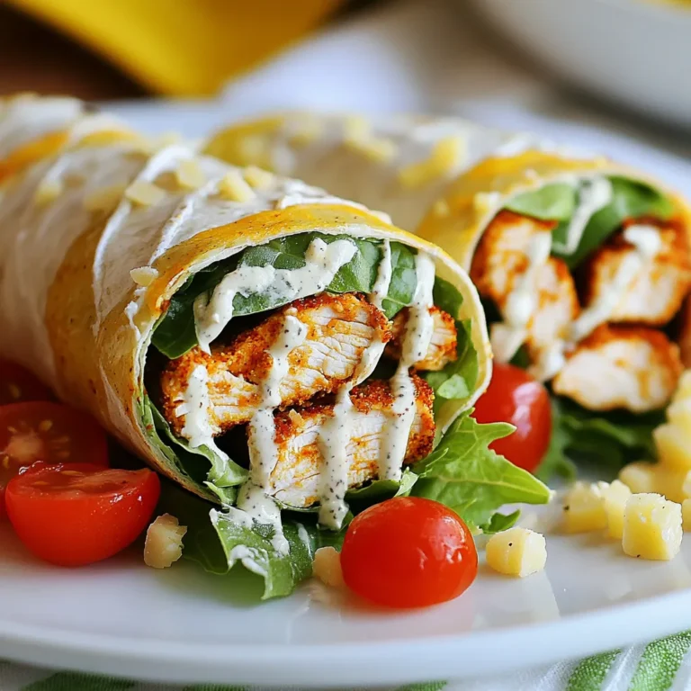 - 2 boneless, skinless chicken breasts - 2 tablespoons Cajun seasoning - 1 tablespoon olive oil - 4 large tortillas (whole wheat or flour) - 1 cup romaine lettuce, chopped - ½ cup cherry tomatoes, halved - ½ cup Caesar dressing (store-bought or homemade) - ¼ cup grated Parmesan cheese - Fresh parsley for garnish (optional) In this recipe, we focus on three main ingredient groups. First, the chicken breasts serve as the protein base. Cajun seasoning adds a bold kick. Olive oil ensures a nice sear and keeps the chicken juicy. Next, we have the additional ingredients. Tortillas make a perfect wrap for all the fillings. Romaine lettuce adds crunch and freshness. Cherry tomatoes contribute a sweet burst in every bite. Finally, we top it off with flavorful sauces and toppings. Caesar dressing brings a creamy richness. Grated Parmesan cheese adds a salty depth. Fresh parsley is optional but brightens up the dish. Gather these ingredients, and you're ready to create a fun and tasty meal! {{ingredient_image_1}} To start, we need to season the chicken. Take your boneless, skinless chicken breasts and rub them with olive oil. Next, sprinkle Cajun seasoning, salt, and pepper on both sides. Make sure to cover the chicken well with seasoning for maximum flavor. Now it’s time to cook the chicken. Heat a large skillet over medium heat. Place the seasoned chicken in the skillet and cook for about 6-7 minutes on each side. You want the chicken to be fully cooked and no longer pink in the middle. Once done, remove the chicken and let it rest for a few minutes. This helps the juices stay inside. After resting, slice the chicken into thin strips. This makes it easy to layer in the wrap and ensures each bite is packed with flavor. Now, let’s assemble the wraps. Lay out the tortillas on a flat surface. In the center of each tortilla, start layering your ingredients. First, add chopped romaine lettuce, then half of the cherry tomatoes. Next, place the sliced Cajun chicken on top, and drizzle with Caesar dressing. Finally, sprinkle grated Parmesan cheese for that extra touch. Once you have all your ingredients in place, it’s time to wrap it up. Fold in the sides of the tortilla, then roll it tightly from the bottom up. This will help keep all the tasty fillings inside. Repeat this step with the remaining tortillas. When it’s time to serve, slice each wrap in half diagonally. Arrange them on a platter for a beautiful presentation. Drizzle any leftover Caesar dressing on top for added flavor. If you like, garnish with fresh parsley for a pop of color. For sides, consider pairing these wraps with a light salad or some crispy sweet potato fries. They balance the dish perfectly and add variety to your meal. Enjoy every delicious bite! Marinating for flavor I love to marinate the chicken for extra flavor. Just mix Cajun seasoning with olive oil. Let the chicken rest in this mix for at least 30 minutes. This helps the spices soak in. If you have time, marinating overnight is even better. Cooking tips for juicy chicken Cook the chicken on medium heat. This helps it cook evenly. Aim for 6-7 minutes on each side. Use a meat thermometer to check for doneness. The chicken should reach 165°F. Let it rest after cooking. This keeps it juicy. Ensuring a secure wrap To make a secure wrap, lay the filling in the center of the tortilla. Keep the sides free of filling to make folding easy. Fold the sides in first. Then, roll from the bottom to the top. This helps the wrap stay together. Customizing ingredient quantities Feel free to adjust the ingredient amounts. Want more chicken? Add it! Prefer less lettuce? That's fine too. Make it your own by changing the quantities to suit your taste. Homemade Caesar dressing recipe For a tasty homemade dressing, mix ½ cup of Greek yogurt, 1 tablespoon of lemon juice, and 2 teaspoons of Dijon mustard. Add 1 clove of minced garlic and salt to taste. Whisk until smooth. This gives a fresh spin to your wraps. Alternative dressings to try If you want to switch things up, try ranch or blue cheese dressing. These add a different flavor while still being tasty. You can also use a vinaigrette for a lighter touch. Pro Tips Marinate for More Flavor: Allow the chicken to marinate in the Cajun seasoning and olive oil for at least 30 minutes before cooking to enhance the flavor. Cook Evenly: Make sure to flatten the chicken breasts slightly to ensure they cook evenly and thoroughly. Use Fresh Ingredients: Opt for fresh romaine lettuce and ripe cherry tomatoes for the best flavor and texture in your wraps. Customize Your Wrap: Feel free to add other ingredients like avocado, bell peppers, or even bacon for extra flavor and crunch! {{image_2}} You can switch up the protein in your Cajun chicken Caesar wraps. Shrimp works great. Just season it with Cajun spices and cook until it turns pink. Tofu is also a solid choice. It absorbs flavors well. Press it to remove water, then cube and season. For a vegetarian option, use hearty beans or lentils. They add protein and texture while keeping the dish filling. Don’t be afraid to get creative with spices. Try adding smoked paprika for a deeper flavor or cayenne for extra heat. You can mix in herbs like thyme or oregano for a fresh taste. Adding different vegetables can also change the game. Bell peppers, cucumbers, or even roasted corn can add crunch and color. Each variation brings a new twist to your wrap. Tortillas are not one-size-fits-all. If you need gluten-free options, look for corn tortillas. They hold up well and taste great. Another fun idea is to use lettuce wraps. Iceberg or romaine lettuce is crisp and light. They cut down on carbs while still giving you a satisfying crunch. Experiment with these options to find what you love best. To keep your Cajun chicken Caesar wraps fresh, follow these steps. First, place any leftover wraps in a container. Use an airtight container to keep out air and moisture. You can also wrap them tightly in plastic wrap. This method helps prevent sogginess. Yes, you can freeze these wraps! They freeze well and stay tasty. Wrap each one in plastic wrap, then place them in a freezer bag. This extra layer protects them from freezer burn. To thaw, move them to the fridge overnight. Reheat in a skillet for a few minutes until warm. In the fridge, your wraps last about 3 to 4 days. After that, they may spoil. Look for signs of spoilage like a bad smell or discoloration. If the texture feels off or slimy, it's best to toss them. Always trust your senses when it comes to food safety. The best way to cook Cajun chicken is to use a skillet. Start by heating a large skillet over medium heat. Add olive oil to the skillet. Rub the chicken breasts with Cajun seasoning, salt, and pepper. Cook the chicken for about 6-7 minutes on each side. Make sure the chicken is fully cooked and not pink inside. You can also grill or bake the chicken if you prefer. Yes, you can make this recipe ahead of time! Cook the chicken and let it cool. Store it in the fridge for up to three days. You can also prepare the wraps in advance. Just keep the ingredients separate until you are ready to eat. This helps the wraps stay fresh and crisp. To adjust the heat level, you can change the Cajun seasoning. For a milder flavor, use less seasoning. You can also choose a mild Cajun mix. If you want more heat, add extra seasoning or hot sauce. Another option is to add sliced jalapeños for a spicy kick. In this blog post, I shared how to make delicious Cajun chicken wraps. You learned about key ingredients like chicken breasts and tortillas. I provided step-by-step instructions for cooking chicken and assembling wraps. Tips to enhance flavor and storage advice ensure your wraps stay fresh. Feel free to experiment with proteins and spices for new tastes. Enjoy making these wraps for a quick meal. With the right ingredients and techniques, you’ll create a dish everyone loves!